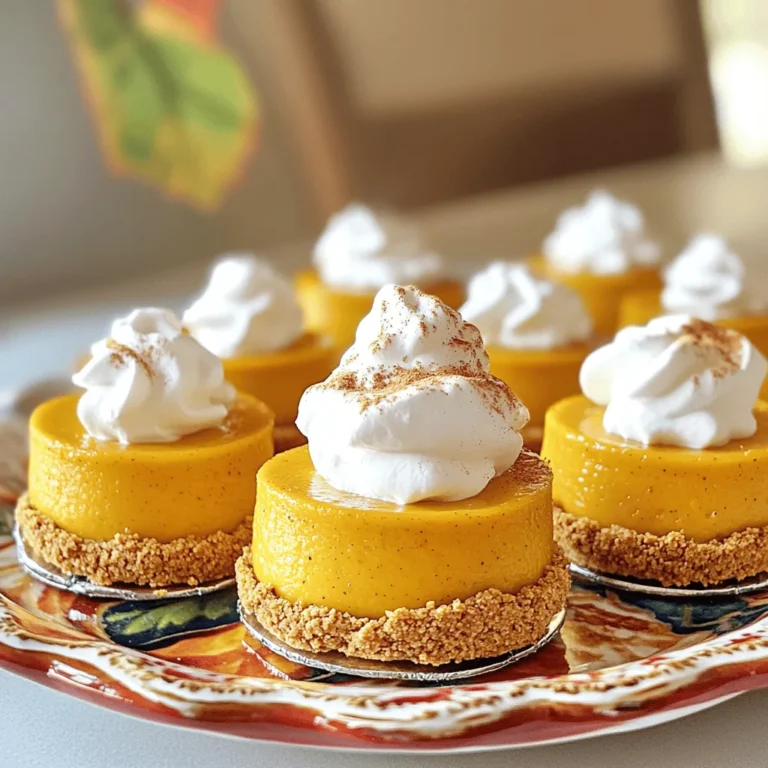 Making mini pumpkin cheesecakes is easy and fun. You need simple ingredients to create flavorful bites. This recipe yields 12 delicious cheesecakes. They are perfect for fall gatherings or any sweet craving. - 1 cup graham cracker crumbs - 1/4 cup unsalted butter, melted - 2 teaspoons granulated sugar - 1 (8 oz) package cream cheese, softened - 1/2 cup pumpkin puree - 1/4 cup brown sugar - 1 teaspoon vanilla extract - 1/2 teaspoon ground cinnamon - 1/4 teaspoon ground nutmeg - 1/4 teaspoon ground ginger - 2 large eggs These ingredients blend together for a creamy, spiced treat. The graham cracker crust adds a nice crunch. The pumpkin puree gives a rich flavor, perfect for fall. You will need a few tools to make this recipe. Here’s what I recommend: - Muffin tin - Paper liners - Mixing bowls - Electric mixer - Measuring cups and spoons - Wire rack Having these tools ready makes the cooking process smooth. You can easily find them in most kitchens. Enjoy the process of creating these mini delights! First, gather your ingredients. You will need graham cracker crumbs, unsalted butter, granulated sugar, cream cheese, pumpkin puree, brown sugar, vanilla extract, and spices. Start by preheating your oven to 325°F (160°C). Next, line your muffin tin with paper liners. This will help your mini cheesecakes come out easily. In a mixing bowl, combine the graham cracker crumbs, melted butter, and granulated sugar. Stir until it looks crumbly. Now, take about 1 tablespoon of the crumb mixture and press it firmly into the bottom of each muffin liner. This forms your crust. In a separate bowl, beat the softened cream cheese with an electric mixer until smooth. Next, add pumpkin puree, brown sugar, vanilla extract, cinnamon, nutmeg, and ginger. Mix until all ingredients blend well. Add the eggs one at a time, mixing gently. Do not overmix; just combine until smooth. Now, scoop the cheesecake mixture on top of the crusts in the muffin tin, filling each liner about two-thirds full. Place your muffin tin in the oven and bake for 20-25 minutes. The cheesecakes should be set but still slightly jiggly in the center. Once done, remove the cheesecakes from the oven and let them cool on a wire rack. It is important to let them cool completely. After they cool, refrigerate them for at least 2 hours. This chilling step helps them set firmly. When you’re ready to serve, you can top them with whipped cream and a sprinkle of cinnamon. These mini pumpkin cheesecakes are a fresh and flavorful delight, perfect for any gathering. For the full recipe, be sure to check the details above. To make the best mini pumpkin cheesecakes, use room-temperature cream cheese. This step helps blend the cream cheese smoothly. Mix slowly to avoid air bubbles. Air bubbles can cause cracks during baking. Set your oven to the right temperature before baking. An oven thermometer can help ensure accuracy. Bake until they are just set, with a slight jiggle in the center. This jiggle means they will firm up as they cool. When serving your mini pumpkin cheesecakes, consider a lovely platter. Arrange them with care for a stunning display. Top them with whipped cream for a rich touch. A sprinkle of cinnamon or crushed graham crackers adds a festive flair. You can also place a pecan or a slice of caramel on top for added flavor. For a fun twist, serve them in mini jars for a cute presentation. One common mistake is overmixing the batter. This can lead to cracks in your cheesecakes. Another mistake is not chilling them long enough. Always let them cool before refrigerating. Avoid opening the oven door while they bake. This can cause temperature changes and affect their texture. Lastly, do not skip the crust! It adds flavor and helps hold the filling together. For the full recipe, check the details above. {{image_2}} You can change the flavor of these mini pumpkin cheesecakes easily. Try adding caramel for a sweet twist. Melt some caramel sauce and swirl it into the cheesecake mix before baking. For chocolate lovers, mix in cocoa powder or chocolate chips. You can also use different spices like allspice or cardamom to spice things up. This gives each bite a unique taste. If you want a healthier version, try a gluten-free crust. Use ground almonds or gluten-free cookies instead of graham crackers. You can also swap cream cheese for Greek yogurt to cut calories. For a lower sugar option, use a sugar substitute like stevia or monk fruit. These changes keep the taste while making it healthier. Serving options add fun to your presentation. You can serve these in mini jars for a cute look. Just layer the crust and cheesecake mix in the jars. It makes a great dessert for parties or picnics. If you want a larger cake, pour the batter into a springform pan. Bake it longer, and you have a full-sized pumpkin cheesecake. Each option shines in its way! For the complete recipe, check out the Full Recipe. To keep your mini pumpkin cheesecakes fresh, place them in an airtight container. Make sure the container is clean and dry. You can stack them if you place a piece of parchment paper between each layer. This helps to prevent sticking and keeps them intact. If you want to freeze your mini cheesecakes, wrap each one in plastic wrap. Then, put them in a freezer-safe bag or container. Label the bag with the date. You can freeze them for up to three months. When you're ready to eat, let them thaw in the fridge overnight. Mini pumpkin cheesecakes stay fresh for about five days in the fridge. After that, the texture and flavor may change. For the best taste, enjoy them within this time. Always check for any signs of spoilage before you dig in. Yes, you can make mini pumpkin cheesecakes ahead of time. I often prepare them a day or two before serving. Just bake them, cool them, and then chill them in the fridge. This not only saves time but also lets the flavors blend well. Just remember to cover them with plastic wrap or a lid to keep them fresh. You can tell when mini cheesecakes are done by looking for a slight jiggle in the center. They should look set around the edges but still have a bit of movement in the middle. If you insert a toothpick, it should come out clean or with just a few crumbs. Avoid overbaking; this can lead to cracks. There are many tasty options for toppings. You can add a dollop of whipped cream for creaminess. A sprinkle of cinnamon or nutmeg adds warmth and flavor. Crushed graham crackers give a nice crunch. For a twist, drizzle caramel or chocolate sauce on top. You can also try fresh pecans or walnuts for added texture. The choices are endless! Making mini pumpkin cheesecakes is a fun way to enjoy fall flavors. We covered the ingredients, step-by-step instructions, tips, and various options for storage and serving. Don't forget to try flavor variations like caramel or chocolate. With these techniques, you can avoid common mistakes and impress your guests. Enjoy your baking and savor every sweet bite of these yummy treats!