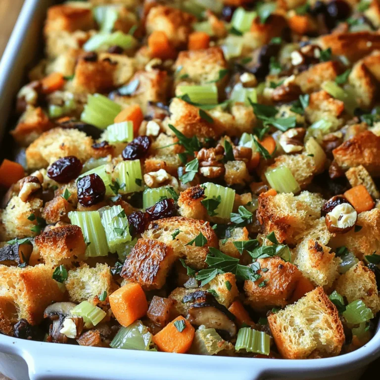 For the ultimate Thanksgiving stuffing, you need quality ingredients. Here’s a complete list for you: - 1 loaf of crusty sourdough bread, cubed - 1 cup celery, diced - 1 cup onion, diced - 1 cup carrots, diced - 3 cloves garlic, minced - 1 cup mushrooms, chopped - 1 teaspoon dried sage - 1 teaspoon dried thyme - 1 teaspoon dried rosemary - ½ teaspoon ground black pepper - 2 cups vegetable broth - 1 cup dried cranberries - ½ cup walnuts, chopped - ¼ cup fresh parsley, finely chopped - ¼ cup olive oil - Salt to taste Each ingredient plays a special role. The sourdough bread gives it a nice texture. The veggies add flavor and crunch. Garlic and mushrooms bring a rich taste. Herbs like sage and thyme give warmth and aroma. If you have special dietary needs, you can make this stuffing gluten-free by using gluten-free bread. For nut-free options, skip the walnuts. This stuffing is flexible and can fit different needs. For the full recipe, check the [Full Recipe]. Start by chopping the celery, onion, and carrots. Use a sharp knife for clean cuts. I like to dice them small to help them cook evenly. Heat olive oil in a large skillet over medium heat. Add the diced onion, celery, and carrots. Sauté them for about 5-7 minutes until they soften. Stir often to avoid burning. Next, add chopped mushrooms and minced garlic. Cook for another 3 minutes. This adds a nice depth of flavor. Season your mix with dried sage, thyme, and rosemary. Add ground black pepper too. Stir for a minute to let the herbs release their flavor. Remember, seasoning is key for tasty stuffing. Once your veggies are cooked, it's time to mix. In a large bowl, combine the cubed sourdough bread with the sautéed vegetables. Add dried cranberries and chopped walnuts. You can use other nuts if you prefer. Next, pour in the vegetable broth gradually. Stir gently so the bread absorbs the liquid. Be careful not to make it too soggy. If it seems dry, add a bit more broth. Taste and adjust the seasoning with salt if needed. Preheat your oven to 375°F (190°C). Transfer the stuffing to a greased baking dish. Spread it out evenly. Cover it with aluminum foil. Bake for 25 minutes. Then, remove the foil and bake for another 15 minutes. This helps get a crispy top. Once it’s golden brown, take it out and let it cool for a few minutes. This will help the flavors meld before serving. For the full recipe, check out the Ultimate Thanksgiving Stuffing. For the best stuffing, use crusty bread like sourdough. This bread holds up well. You can also try ciabatta or French bread. If you need gluten-free options, use gluten-free bread. Just ensure it is sturdy enough to keep its shape. Adding herbs can really boost the taste. Consider thyme, sage, or rosemary. You can even mix in spices like nutmeg or pepper for a kick. For extra flavor, try adding bacon or sausage. These meats add richness and depth. You can also use sautéed apples or dried fruits like apricots for sweetness. To keep your stuffing from being soggy, use just enough broth. It should be moist, but not drowned. Add the broth slowly, mixing gently. If using pre-made broth, check for salt. It can make your stuffing too salty if you're not careful. Another trick is to dry the bread cubes first. Leave them out overnight to harden. This step helps them soak up flavors without losing their texture. {{image_2}} You can easily make this stuffing meat-free. Try using mushrooms as a meat substitute. They add a nice, savory flavor. You can also use lentils or chickpeas for protein. For a dairy-free version, replace butter with olive oil. Vegetable broth is a great choice for moisture. You can switch up the nuts and dried fruits. Pecans or almonds work well in place of walnuts. Dried figs or apricots can add a sweet twist instead of cranberries. For veggies, consider adding bell peppers or zucchini. These can brighten up your dish with color and flavor. Different regions have their own styles of stuffing. Southern cornbread stuffing is a classic. It uses cornbread instead of sourdough, giving it a unique taste. New England style often includes sausage. The sausage adds a hearty flavor that many love. Each style has its own charm and can be fun to try! After your ultimate Thanksgiving stuffing cools, store it in an airtight container. This helps keep it fresh. You can place it in the fridge for up to four days. If you notice any strange smells or mold, it's best to toss it. Always check your food before eating. To freeze your stuffing, let it cool completely first. Then, pack it tightly in a freezer-safe bag. You can freeze it for up to three months. When you thaw it, the texture may change a bit. It can become a little mushy, but it will still taste great. For reheating, the oven works best. Preheat it to 350°F (175°C) and bake for about 15-20 minutes. This keeps the stuffing crispy. You can also use a microwave, but it may lose some texture. Heat it in short bursts, stirring in between to keep it even. Enjoy your stuffing warm and flavorful! Yes, you can make stuffing ahead of time. Prepare it a day before Thanksgiving. Assemble the stuffing but do not bake it. Cover it well and store it in the fridge. On Thanksgiving day, bake it right before serving. This saves time and keeps your kitchen organized. Reheating stuffing can be easy. The best method is to use the oven. Preheat it to 350°F (175°C). Place the stuffing in a baking dish and cover it with foil. Heat it for about 20-30 minutes. This way, the stuffing warms evenly and stays crispy on top. To keep stuffing moist, use enough broth. Start with two cups but adjust as needed. Mix the broth in slowly until the bread feels damp but not soggy. You can also add extra vegetables or fruits, like apples or mushrooms. These will add moisture and flavor. This blog post offered a clear guide to making delicious stuffing. We explored key ingredients and shared step-by-step instructions for preparation, assembly, and baking. You learned essential tips to enhance flavor and prevent sogginess. We also discussed variations for dietary needs and storage methods for leftovers. Remember, great stuffing improves any meal. Experiment and make it your own. Enjoy the process and the tasty results!