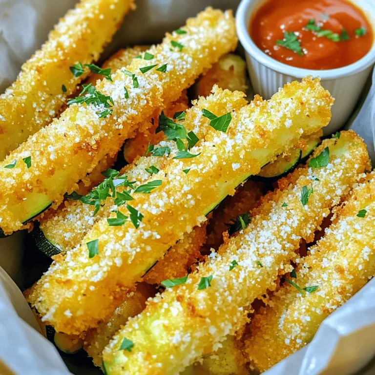 To make crispy Parmesan crusted zucchini fries, gather these simple ingredients: - 2 medium zucchinis - 1 cup breadcrumbs (preferably panko) - ½ cup grated Parmesan cheese - 1 teaspoon garlic powder - 1 teaspoon onion powder - ½ teaspoon paprika - Salt and pepper to taste - 2 large eggs - ½ cup all-purpose flour - Olive oil spray (optional) With these ingredients, you can create a delicious snack that’s both crunchy and cheesy. Using panko breadcrumbs is key. They give a light and crisp texture. The Parmesan cheese adds a rich, savory flavor that pairs well with the zucchini. These spices bring out the best in the dish. Garlic powder and onion powder enhance the taste without overpowering it. Paprika gives a nice hint of warmth. Eggs help the breadcrumbs stick, while flour creates a great base. The optional olive oil spray can boost crispiness, but it’s not a must. This list of ingredients sets you up for success. With a little prep, you will have a tasty treat ready to enjoy. If you want to see the full recipe, check out the [Full Recipe]. - Preheat your oven to 425°F (220°C) and line a baking sheet with parchment paper. This step helps the fries cook evenly and not stick. - Cut the zucchinis into long strips. Aim for about 1/4 inch thick. This size ensures they cook well and get crispy. - In a shallow dish, mix the breadcrumbs, grated Parmesan cheese, garlic powder, onion powder, paprika, salt, and pepper. This mixture adds great flavor and crunch. - In another shallow dish, beat the eggs until smooth. This step helps the breading stick to the zucchini. - Place the flour in a third shallow dish. To bread the zucchini fries, first coat each strip in flour. Shake off the excess flour. Then dip the strip in the beaten eggs, making sure it is fully coated. Finally, roll it in the breadcrumb mixture until it is covered. Repeat this for all zucchini strips. - Place the breaded zucchini fries on the prepared baking sheet. If you want extra crispiness, lightly spray them with olive oil. - Bake in the preheated oven for about 20-25 minutes. Flip the fries halfway through for even cooking. They should be golden brown and crispy when done. - Once baked, remove them from the oven and let them cool for a couple of minutes before serving. For the full recipe, check the earlier section. Enjoy your crispy Parmesan crusted zucchini fries! To get the best crunch, use panko breadcrumbs. These light and airy crumbs make a huge difference in texture. They create a perfect golden crust. You can also use olive oil spray. A light mist helps the fries brown evenly and adds flavor. For dipping, marinara and garlic aioli are top choices. Both pair well with the savory zucchini fries. To make your dish pop, serve them in a lined basket. Add fresh parsley as a garnish. A sprinkle of extra Parmesan cheese looks great too. Avoid overcrowding the baking sheet. If the fries are too close, they won’t crisp up. Leave space for air to flow. Don’t forget to flip the fries during baking. This step ensures even cooking and a nice golden color. Follow the Full Recipe for perfect results! {{image_2}} You can easily change the flavor of your crispy Parmesan crusted zucchini fries. Try adding herbs or spices to the breadcrumb mix. Italian seasoning gives a nice herbal taste. A pinch of cayenne adds heat for those who like spice. You can also swap cheese types. Cheddar cheese gives a different flavor, while feta adds creaminess. Each change brings a new twist to this dish. You can also cook zucchini fries in different ways. An air fryer is a great choice for a quick and healthier option. Set your air fryer to 400°F (200°C) and cook for about 12-15 minutes. Shake the basket halfway through for even cooking. If you prefer frying, heat a pan with oil over medium heat. Fry the zucchini strips for about 3-4 minutes on each side until golden brown. Both methods offer tasty results. For the full recipe, check out the [Full Recipe]. To keep your crispy zucchini fries fresh, store them in an airtight container. This helps prevent moisture loss and keeps them crunchy. Place a paper towel at the bottom of the container. It absorbs excess moisture. You can keep them in the fridge for up to three days. Avoid stacking them on top of each other. This keeps them from getting soggy. For the best results, use the oven to reheat your fries. Preheat your oven to 400°F (200°C). Spread the fries on a baking sheet in a single layer. Bake for about 10 minutes. This helps restore their crispy texture. You can also use an air fryer. Set it to 375°F (190°C) and cook for 5-7 minutes. This method works well and keeps them crispy. Avoid using the microwave, as it makes them soggy. To make zucchini fries crispy, follow these tips: - Use Panko breadcrumbs: These are light and airy, which helps achieve a crunchy texture. - Dry the zucchini: After cutting, pat the zucchini dry to remove excess moisture. - Coat evenly: Make sure each fry is well-coated in flour, egg, and breadcrumbs. - Space them out: Place fries on the baking sheet without overcrowding. This allows hot air to circulate. Baking at a high temperature, like 425°F (220°C), also helps get them crispy. Flipping halfway through ensures even browning. Yes, you can make zucchini fries in advance. Here’s how: - Store uncooked fries: After breading, place them on a baking sheet and freeze for 1-2 hours. Once frozen, transfer to a zip-top bag and store in the freezer for up to a month. - Reheating: To reheat, bake from frozen at 425°F (220°C) for about 25-30 minutes. No need to thaw! This keeps them crispy. Zucchini fries pair well with tasty dips. Here are some suggestions: - Marinara sauce: This classic option adds a rich flavor. - Garlic aioli: A creamy dip that complements the fries perfectly. - Ranch dressing: For a cool and zesty taste. You can also serve them alongside a fresh salad or in a sandwich for a fun twist. For the full recipe, check out the Crispy Parmesan Crusted Zucchini Fries recipe. In summary, we covered how to make delicious zucchini fries using simple ingredients like zucchini, breadcrumbs, and Parmesan. You learned to prepare, bread, and bake them for perfect crispiness. Remember, the right techniques, like using Panko breadcrumbs and not overcrowding the baking sheet, are key for success. Explore variations and find your favorite dips for serving. With these tips and steps, you can enjoy tasty zucchini fries any time. Try them today for a healthy snack or side!