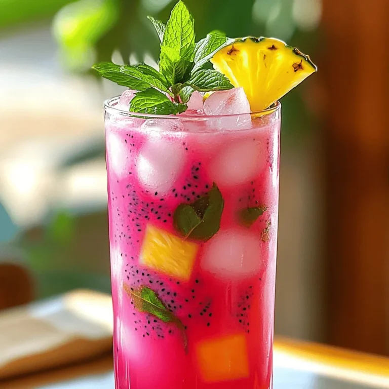 - 1 large ripe dragon fruit, peeled and diced - 1 cup coconut water - 1 cup fresh pineapple juice - Juice of 1 lime - 1 tablespoon honey (adjust to taste) - 1/2 cup fresh mint leaves (and extra for garnish) - Ice cubes Dragon fruit is the star of this drink. It has a bright color and a unique taste. Coconut water adds a light sweetness and hydration. Pineapple juice gives it a tropical kick. Lime juice balances the flavors with a nice zing. You can choose to add honey for extra sweetness. Mint leaves give a refreshing touch. Ice cubes make it cool and perfect for hot days. For the full recipe, check out Dragon Fruit Coconut Cooler. Adding these ingredients together creates a drink you will love! 1. Blender preparation with dragon fruit and liquids Start by peeling and dicing your dragon fruit. Add it to your blender. Then, pour in one cup of coconut water and one cup of fresh pineapple juice. Finally, squeeze the juice of one lime into the mix. This blend creates a tasty base. 2. Incorporating honey for sweetness If you like a sweeter drink, add one tablespoon of honey. You can adjust this based on how sweet you want it. Blend all the ingredients until they are smooth and creamy. This step ensures that everything mixes well. 3. Adding mint leaves to the blend Next, add half a cup of fresh mint leaves. Pulse the blender a few times. This way, you mix in the mint without turning it to mush. The mint adds a fresh flavor to your cooler. 4. Adjusting consistency and flavor After blending, check the drink's thickness. If it seems too thick, add a little more coconut water. Taste your drink and adjust the sweetness if needed. Add more honey or lime juice to get the perfect flavor. 5. Pouring over ice and garnishing Fill your glasses with ice cubes. Pour the Dragon Fruit Coconut Cooler over the ice. For a fun touch, garnish with extra mint leaves on top. This not only looks great but adds extra flavor. Enjoy this refreshing drink! To get the best taste from your Dragon Fruit Coconut Cooler, focus on two main things: sweetness and acidity. - Balancing sweetness with honey: If you like your drink sweeter, add honey. Start with a tablespoon and mix it in. Taste it. If you want it sweeter, add more honey. Adjust it to what you like best. - Adjusting acidity with lime juice: Lime juice adds a nice zing! Squeeze half a lime into your mix. Taste it. If it needs more brightness, add a bit more lime juice. This sharpens the flavors and makes your drink pop. The way you blend makes a big difference in your drink's texture and taste. - Tips for achieving the perfect texture: Blend your dragon fruit, coconut water, and pineapple juice until smooth. If it’s too thick, pour in a little more coconut water. Blend again until it’s just right. You want a creamy, smooth drink. - How to incorporate mint without pulverizing: Add your mint leaves last. Pulse the blender a few times, just enough to mix them in. This keeps the mint fresh and flavorful. You don’t want it turned into tiny bits; you want that fresh mint taste to shine through. For the complete mix of flavors, follow the Full Recipe. Enjoy your refreshing drink! {{image_2}} You can easily change the coconut water in this drink. Try using almond milk or even regular water. Each option gives a unique taste. You can also add different fruits to change the flavor. Consider using mango or kiwi for a new twist. These fruits will blend well with dragon fruit and coconut water. If you want a vegan version, skip the honey. Use maple syrup instead for sweetness. For a sugar-free drink, consider using a sugar substitute like stevia. You can also reduce calories by using less pineapple juice. This drink stays tasty while being lighter. To keep your Dragon Fruit Coconut Cooler fresh, store it in a sealed jar. This prevents air from getting in and keeps it tasty. It’s best to drink it within two days of making it. After that, the flavors may fade. Pair this drink with light snacks like fresh fruit or veggie sticks. The bright flavors complement simple meals well. For a fun twist, serve it in a clear glass with a slice of lime on the rim. Add a colorful straw for a festive touch. Enjoy your drink as a refreshing treat on a hot day! You can skip the honey to make it sugar-free. Instead, use ripe dragon fruit for natural sweetness. If you need more sweetness, try a sugar substitute like stevia. It works well and keeps the drink light. Yes, you can use frozen dragon fruit. It will make your drink extra cold and refreshing. Just blend it directly from the freezer. This way, you can enjoy the same great taste without waiting for it to thaw. Dragon fruit is rich in vitamins and antioxidants. It helps boost your immune system and keeps your skin healthy. Coconut water keeps you hydrated and is low in calories. Both ingredients are great for digestion and can help with weight management. Together, they make a tasty and healthy drink. For the full recipe, check out the Dragon Fruit Coconut Cooler section! The Dragon Fruit Coconut Cooler is a refreshing drink. You learned about key ingredients like dragon fruit, coconut water, and pineapple juice. I shared easy steps to prepare this drink and tips for flavor. You can explore variations by swapping ingredients and making dietary adjustments. In the end, this drink is fun to make and enjoy. It’s great for hot days and pairs well with snacks. Try it out, and you will love the taste!