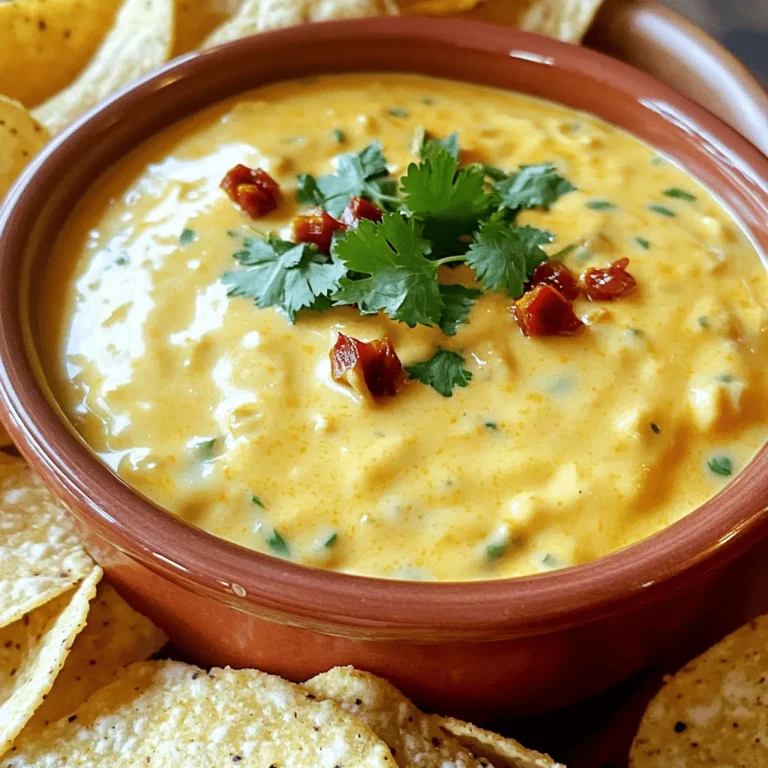 - 2 cups fresh Hatch chiles, roasted, peeled, and diced - 2 cups sharp cheddar cheese, shredded - 1 cup cream cheese, softened - 1 small onion, finely chopped - 2 cloves garlic, minced The fresh Hatch chiles give this dip its unique flavor. Roasting them brings out their smoky notes. I like to use sharp cheddar for a bold taste. Cream cheese adds creaminess and richness. The onion and garlic bring a savory base that ties everything together. - 1 tablespoon olive oil - 1 teaspoon smoked paprika - 1/2 teaspoon cumin - 1/4 teaspoon cayenne pepper (optional) - Salt and pepper to taste - Fresh cilantro, chopped (for garnish) - Tortilla chips (for serving) Adding spices like smoked paprika gives depth. Cumin adds warmth, while cayenne brings heat. You can garnish with cilantro for color and freshness. Tortilla chips are a must for dipping! Fresh Hatch chiles shine in this recipe. They have a sweet, smoky taste. If you can’t find fresh ones, canned chiles work too. Just look for high-quality brands. When picking fresh chiles, choose firm ones with vibrant color. Look for ones that feel heavy for their size. Avoid any with soft spots or wrinkles. Using fresh chiles gives your queso the best flavor. Trust me, it’s worth the extra effort! To prepare fresh Hatch chiles, start by roasting them. You can use an open flame or a broiler. Roast the chiles until they are charred all over. This process brings out their rich flavor. After roasting, place the chiles in a bowl and cover it with plastic wrap. Let them steam for about 10 minutes. This makes peeling easier. Once they cool, peel off the charred skin, remove the seeds, and dice the chiles. If fresh chiles are not available, you can use canned Hatch chiles. They save time and still add great flavor. Next, heat a medium saucepan over medium heat and add one tablespoon of olive oil. Once hot, add one small chopped onion. Sauté it for about 3-4 minutes until it softens. Then, add two minced garlic cloves, one teaspoon of smoked paprika, and half a teaspoon of cumin. If you like heat, stir in a quarter teaspoon of cayenne pepper. Cook this mixture for one minute. This step is key. Cooking the spices brings out their full flavor and makes your dip taste amazing. Now, reduce the heat to low and add your cheeses. Use two cups of shredded sharp cheddar and one cup of softened cream cheese. Stir the cheeses until they start to melt. This will create a smooth base for your dip. To adjust the consistency, add half a cup of milk. Stir continuously until you reach a creamy texture. If it's too thick, add more milk. Finally, fold in the prepared Hatch chiles and season with salt and pepper. Cook on low heat for about five more minutes, stirring occasionally. This ensures all the flavors meld together perfectly. For the full recipe, check the complete instructions above. To achieve a creamy consistency, start with room temperature cream cheese. This helps it blend smoothly with the other cheeses. When you add the milk, do so gradually. Stir as you add it. This way, you can control the dip's thickness. If your queso gets lumpy, it might be due to cooking it too quickly or at too high heat. Always keep the heat low and stir often. Want to add more depth? Try adding a splash of lime juice or diced tomatoes. This brightens up the flavors. You can also toss in some cooked chorizo for a spicy kick. For pairing, serve it with crispy tortilla chips. It also goes well with fresh veggies like bell peppers or cucumbers. You can explore different flavors by adding toppings like pickled jalapeños or fresh herbs. The best way to serve queso is warm. Transfer it to a nice bowl and garnish with fresh cilantro. You can keep it warm in a slow cooker during a party. For accompaniments, consider crunchy tortilla chips and fresh salsa. You can even serve it with soft flour tortillas for a hearty meal. This creamy dip is perfect for gatherings or game days. For the full recipe, check out the link above. {{image_2}} You can easily make your Smoky Hatch Chile Queso hotter. Add diced jalapeños for a kick. Other peppers, like serranos, also work well. Mix them in when you cook your onions. This adds a nice depth of flavor. You can also sprinkle in some red pepper flakes during cooking. For more heat, try adding a dash of hot sauce to the finished dip. If sharp cheddar isn't your favorite, you have options. Use a mix of Monterey Jack and pepper jack for a different taste. Cream cheese keeps the dip creamy, but you can try goat cheese for tang. For plant-based versions, use cashew cream or vegan cheese. Both give you that rich texture without dairy. Change your dip with the seasons. In fall, add roasted butternut squash for a sweet twist. During summer, mix in fresh corn or diced tomatoes for a vibrant touch. For holiday parties, stir in cranberries for a festive flair. These variations keep your queso exciting and fun for any occasion. To keep your queso fresh, start by letting it cool. Once it’s cool, store it in an airtight container. This helps keep moisture in and air out. Place a piece of plastic wrap directly on the surface of the queso before sealing it. This step prevents a skin from forming. Refrigerate it right away. It can last about 3 to 5 days in the fridge. When you are ready to enjoy leftover queso, reheating it can be simple. The best way is to use a stovetop. Pour the queso into a saucepan and heat it on low. Stir often to keep it from sticking. If the queso seems thick, add a splash of milk to bring back its creamy texture. You can also use a microwave. Heat it in short bursts of 30 seconds, stirring in between. This way, you keep it smooth and tasty. You can freeze queso, but it may change a bit in texture. To freeze, let the queso cool completely. Then pour it into a freezer-safe container. Leave some space at the top for expansion. Seal the container tightly and label it. It can last for about 2 to 3 months in the freezer. When you’re ready to use it, thaw it in the fridge overnight. Reheat and stir well before serving. If it looks a little grainy, add some milk and mix well. Enjoy your creamy dip again! Hatch chiles come from Hatch, New Mexico. They have a unique flavor that blends heat with sweetness. The chiles are famous for their rich, earthy taste. You can use them in many dishes like stews, salsas, and, of course, queso. Their flavor shines in this dip, making it a standout. Yes, you can make this queso ahead of time. Prepare it, let it cool, and store it in the fridge. When ready to eat, reheat it gently on the stove or in the microwave. Stir in a little milk to keep it creamy. This makes meal prep easy and fun. You can do so much with leftover queso! Use it as a sauce for nachos or pour it over baked potatoes. You can even mix it into pasta for a cheesy dish. The options are endless, so get creative and enjoy! This recipe is naturally gluten-free. The ingredients do not contain gluten, making it safe for those with gluten sensitivities. Always check your cheese and other ingredients for hidden gluten. Enjoy this creamy dip worry-free! In this blog post, we explored the key ingredients for Smoky Hatch Chile Queso. We discussed fresh Hatch chiles, various cheeses, and aromatics. You learned how to prepare, cook, and combine these elements into a creamy dip. We also shared tips for perfecting texture and flavor, along with variations and storage options. Crafting this queso is simple and fun. With fresh ingredients and a few tricks, you create a dish that impresses. Enjoy experimenting with flavors and serving suggestions. Your smoky queso will surely be a hit!