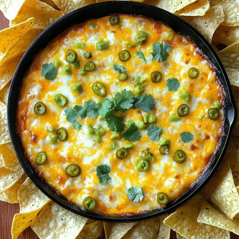 For a tasty smoked queso dip, gather these ingredients: - 2 cups sharp cheddar cheese, shredded - 1 cup Monterey Jack cheese, shredded - 1 (10 oz) can diced tomatoes with green chilies (like Ro-Tel) - 1/2 cup cream cheese, softened - 1/2 cup sour cream - 1/4 cup smoked paprika - 1 tablespoon garlic powder - 1 tablespoon onion powder - 1 jalapeño, finely chopped (optional for heat) - Salt and pepper to taste - Fresh cilantro, chopped (for garnish) - Tortilla chips (for serving) These ingredients create a rich, creamy dip with a lovely smoky taste. Smoky flavor is key for this dip. The main ingredient for that is smoked paprika. This spice adds depth and a warm aroma. Use a good quality smoked paprika for the best results. The cream cheese adds creaminess, while the cheddar and Monterey Jack provide a great cheesy base. If you want more smokiness, consider adding a touch of liquid smoke. Just a few drops can elevate the flavor. You can customize your dip with optional add-ins. Try adding cooked chorizo or bacon for a meaty touch. Black beans can boost the texture and add fiber. Chopped green onions or bell peppers can add a fresh crunch. For extra heat, add more jalapeños or switch to spicy diced tomatoes. Each addition can create a unique twist to the classic dip. For the full recipe, check out the Smoky Cheesy Fiesta Dip . Start by gathering all your ingredients. You need: - 2 cups sharp cheddar cheese, shredded - 1 cup Monterey Jack cheese, shredded - 1 (10 oz) can diced tomatoes with green chilies - 1/2 cup cream cheese, softened - 1/2 cup sour cream - 1/4 cup smoked paprika - 1 tablespoon garlic powder - 1 tablespoon onion powder - 1 jalapeño, finely chopped (optional) - Salt and pepper to taste - Fresh cilantro, chopped (for garnish) - Tortilla chips (for serving) Make sure your cheeses are shredded. This helps them melt better. If you like heat, chop the jalapeño finely. Preheat your smoker to 225°F (107°C). If you don’t have a smoker, use a cast iron skillet on the stovetop. In a large bowl, mix the cheeses, tomatoes, cream cheese, and sour cream. Then, add the smoked paprika, garlic powder, onion powder, and jalapeño. Stir everything until it’s thick and creamy. Next, pour the mixture into a foil pan or cast iron skillet. Place it on the smoker and let it cook. Keep the lid closed. Cook for about 30-40 minutes. Stir it every so often. This helps the cheese melt evenly. To get the best melt, use fresh cheese. Pre-shredded cheese has additives that prevent melting well. Stir the dip halfway through cooking. This ensures even heat and flavor. Taste it before serving. Add salt and pepper to your liking. For a fresh touch, garnish with cilantro right before serving. Enjoy this dip warm with tortilla chips. It’s a crowd-pleaser for any party or movie night! For the complete recipe, check out the Full Recipe. To get the best smoky flavor, always use smoked paprika. It adds a deep, rich taste. If you can, throw in some wood chips like hickory or mesquite. These woods give a nice, bold smoke. Soak the chips in water for about 30 minutes before using. This helps them smoke longer. You can even smoke your cheese for a few minutes before mixing it into the dip. This step gives an extra layer of smokiness. You will need a few key tools. First, a smoker or grill is essential. If you don't have one, use a cast iron skillet. Make sure it is heavy enough to hold heat well. A good-quality foil pan also works great for easy cleanup. Don't forget to have some tongs or a spatula handy. You will want to stir the dip often for even melting. Avoid using low-quality cheese. It can change the dip’s flavor and texture. Always shred your cheese yourself. Pre-shredded cheese has anti-caking agents that can affect melting. Another mistake is cooking at too high a temperature. Keep it steady at 225°F (107°C) for best results. Stirring too little can also lead to uneven melting. Be sure to mix it well while cooking. The goal is a smooth and creamy dip. For more tips, check the full recipe. {{image_2}} You can boost your smoked queso dip with tasty add-ons. Here are some ideas: - Cooked chorizo: This adds a spicy kick. - Crispy bacon: Who doesn’t love bacon? It adds crunch and flavor. - Black beans: These give a hearty texture and extra protein. - Green onions: Chopped green onions add freshness. - Spices: Try cumin or chili powder for depth. Mix these in before you cook the dip. Each option adds a new twist to the classic recipe. You can make smoked queso dip in different ways. Here’s a quick look: - Smoker: This method infuses the dip with rich smoky flavor. - Oven: Bake it at 350°F (175°C) for about 20-25 minutes. Use a cast iron skillet for best results. - Stovetop: Cook it in a heavy pot over low heat. Stir often to prevent sticking. Each method has its perks, so choose what fits your needs. Making this dip vegan or dairy-free is easy. Here are some swaps: - Cheese: Use vegan cheese blends that melt well. - Cream cheese: Try a vegan cream cheese made from nuts. - Sour cream: Use cashew-based sour cream or coconut yogurt. These alternatives keep the dip creamy and delicious without dairy. After the party, you might have some smoked queso dip left. Don't worry. You can store it easily. First, let the dip cool to room temperature. Once cool, put it in an airtight container. Make sure to seal it well to keep it fresh. You can store it in the fridge for up to three days. If you want to keep it longer, consider freezing it. When you're ready to enjoy the dip again, reheating is simple. You can use a microwave or stovetop. If you use a microwave, place the dip in a microwave-safe bowl. Heat it in short bursts, stirring in between. This helps it heat evenly. If you prefer the stovetop, put the dip in a small pot. Heat it over low heat, stirring often until warm. Add a splash of milk if it seems too thick. The shelf life of smoked queso dip in the fridge is about three days. If you freeze it, it can last up to three months. To freeze, place the dip in a freezer-safe container. Leave some space at the top, as it will expand when frozen. Thaw frozen dip in the fridge overnight. After thawing, reheat as mentioned above. Enjoy your creamy, smoky dip anytime! For the full recipe, check out the instructions above. The best cheese for queso dip blends sharp cheddar and Monterey Jack. Sharp cheddar gives a bold taste, while Monterey Jack melts nicely. Together, they create a creamy and rich flavor. You can also try adding some cream cheese for extra creaminess. Yes, you can make this dip without a smoker. Use an oven or stovetop instead. For the oven, set it to 350°F (175°C). Place the mixed cheese in a baking dish and bake until bubbly. On the stovetop, use a cast iron skillet and cook slowly over low heat. Stir often to avoid burning. To spice up your queso dip, add diced jalapeños or hot sauce. You can also use spicy cheese blends. Consider adding crushed red pepper or cayenne pepper for an extra kick. Start with small amounts and taste as you go to find your perfect heat level. Serve smoked queso dip with tortilla chips for a classic combo. You can also offer veggies like carrots and bell peppers for a fresh bite. Consider adding pretzels or pita chips for extra crunch. This dip also pairs well with nachos or as a topping for tacos. For the full recipe, check out the detailed steps above. We covered key ingredients and steps for a delicious smoked queso dip. Remember to choose the best cheese for that creamy texture. Don't forget tips for the right flavor and common mistakes to avoid. You can even try variations to suit your taste. Proper storage helps maintain flavor and freshness. Enjoy experimenting and making this dip your own. With these steps, you’re set to impress at your next gathering. Happy cooking!
