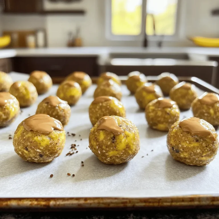 To make Peanut Butter Banana Energy Bites, you'll need these simple ingredients: - 1 cup rolled oats - 1/2 cup natural peanut butter - 1 ripe banana, mashed - 1/4 cup honey or maple syrup - 1/4 cup mini chocolate chips (dark or milk) - 1/4 cup ground flaxseed - 1/2 teaspoon vanilla extract - A pinch of sea salt These ingredients come together to create a tasty, nutritious snack. The rolled oats provide fiber, while the banana adds natural sweetness and moisture. Peanut butter gives it a creamy texture and protein boost. Honey or maple syrup brings even more sweetness and helps bind everything. Using mini chocolate chips adds a fun touch. They melt slightly and create pockets of sweetness. Ground flaxseed not only thickens the mix but also offers omega-3 fatty acids. Vanilla extract adds depth and a lovely aroma. Finally, the sea salt enhances all the flavors and balances the sweetness. You can find the full recipe for detailed instructions on how to combine these ingredients into delicious energy bites! 1. In a large bowl, combine the mashed banana and peanut butter until smooth. 2. Next, mix in honey or maple syrup and vanilla extract. Stir until combined. 3. Add rolled oats, ground flaxseed, mini chocolate chips, and sea salt. Mix until a thick dough forms. 4. Now, roll the mixture into small balls, about one inch wide. 5. Place the energy bites on a parchment-lined baking sheet. 6. Chill them in the refrigerator for at least 30 minutes. This helps them firm up. 7. Once chilled, transfer the bites to an airtight container. 8. They can last in the refrigerator for up to one week. You can also freeze them for longer storage. Follow these steps, and you’ll have tasty Peanut Butter Banana Energy Bites in no time! Check out the Full Recipe for more details. To boost the taste of your energy bites, you can add mix-ins. Try adding chopped nuts like almonds or walnuts for crunch. Dried fruits such as cranberries or raisins add sweetness and texture. When picking peanut butter, choose natural options without added sugar. It makes a big difference in taste and health. The ripeness of your banana is key. A ripe banana is soft and sweet, perfect for mixing. If the banana is too firm, your bites may lack flavor. The mixture can get sticky, so wet your hands when rolling the bites. This trick helps form them without too much mess. To cut down on sugar, use less honey or maple syrup. You can also swap these for mashed dates. Instead of the usual binding agents, try adding unsweetened applesauce. It keeps the bites moist and adds natural sweetness. These simple changes make your snacks even better. {{image_2}} You can easily adapt this recipe for special diets. For a vegan version, simply swap honey with maple syrup. This keeps it sweet and plant-based. Choose almond or cashew butter instead of peanut butter for a nut-free option. Make sure your oats are certified gluten-free if you need that. You can also use chia seeds as a binder instead of flaxseed. To change up the taste, add spices like cinnamon or nutmeg. These spices give a warm and cozy flavor. You can also try different nut butters. Almond or cashew butter works well and adds a new taste. Each nut butter brings its own unique flavor and texture. These energy bites are great for snacks or dessert. You can enjoy them anytime you need a pick-me-up. Try pairing them with fresh fruits like apples or bananas. They also taste great with yogurt for a creamy touch. For the full recipe, check out the details provided above. Each Peanut Butter Banana Energy Bite has about 100 calories. This makes them a great snack choice. They pack a punch of nutrition. Each bite contains: - Protein: 3 grams - Fats: 4 grams - Carbohydrates: 15 grams This balance helps keep you full and energized. These energy bites are great for a quick boost. The combination of oats and bananas provides lasting energy. The natural sugars in bananas give you a quick pick-me-up. Peanut butter adds healthy fats and protein. Flaxseed brings in omega-3s, which are good for your heart. These bites fit many diets. They work well for paleo and keto diets. Check your peanut butter for added sugars if you follow these diets. However, they contain nuts and honey. Be careful if you have allergies. Always read labels to ensure safety. Enjoy these energy bites as a tasty and healthy snack option. You can find the Full Recipe above to make them at home! Peanut Butter Banana Energy Bites last about one week in the fridge. Store them in an airtight container to keep them fresh. If you want to save them longer, freeze them. They can last for up to three months in the freezer. Just remember to thaw them before eating! Yes, you can freeze these energy bites! After making them, place them in a single layer on a baking sheet. Freeze for a few hours until firm, then transfer them to a freezer bag or container. This way, you can enjoy them later as a quick snack on busy days. Absolutely! If you prefer to skip the honey or maple syrup, you can use mashed dates or applesauce. These options add natural sweetness and keep the bites moist. You may need to adjust the amount based on your taste. If you need an alternative to peanut butter, try almond butter or sunflower seed butter. Both options provide a similar creamy texture and flavor. They are also nut-free, making them great for schools or nut-free zones. To make these bites more appealing for kids, you can add fun mix-ins. Consider using mini marshmallows, colorful sprinkles, or different chocolate chips. You can also shape them into fun forms, like animals or stars, to make snack time more exciting! These Peanut Butter Banana Energy Bites are easy and fun to make. We covered all the steps, from mixing ingredients to chilling the bites. You can adjust the recipe to fit your tastes and dietary needs. Remember, you can add extra flavors or substitutes. Enjoy these bites as a quick snack or delightful dessert. They're tasty, easy to store, and packed with good energy. Try making them today and share with friends!