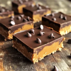 To make No-Bake Chocolate Peanut Butter Bars, you need simple and tasty ingredients. Here is the list: - 1 cup smooth peanut butter - 1/2 cup honey or maple syrup - 2 cups rolled oats - 1/2 cup cocoa powder - 1/4 cup coconut oil, melted - 1 teaspoon vanilla extract - 1/4 teaspoon salt - 1/2 cup mini chocolate chips (optional) These ingredients work together to create a rich, satisfying treat. The smooth peanut butter adds creaminess, while the honey or maple syrup provides natural sweetness. Rolled oats offer a chewy texture, and cocoa powder gives that deep chocolate flavor we love. Coconut oil helps bind everything while adding a slight coconut taste. You can even toss in mini chocolate chips for a fun, extra chocolate kick. Each ingredient plays a role in making these bars delightful. If you want to get a full guide on how to make these treats, check out the Full Recipe. 1. Mixing the Peanut Butter and Sweetener: Start by taking a big bowl. Add 1 cup of smooth peanut butter and 1/2 cup of honey or maple syrup. Stir it well until the mix is smooth and creamy. 2. Combining Dry Ingredients: Next, take another bowl. Measure 2 cups of rolled oats and 1/2 cup of cocoa powder. Add these to the peanut butter mix. Don't forget to include 1/4 cup of melted coconut oil, 1 teaspoon of vanilla extract, and 1/4 teaspoon of salt. 3. Creating the Mixture: Mix all these ingredients until they blend well together. If you like, fold in 1/2 cup of mini chocolate chips for extra flavor. This will add a nice surprise in every bite! 1. Preparing the Baking Dish: Grab an 8x8 inch baking dish. Line it with parchment paper. This helps when you take the bars out later. 2. Spreading and Pressing the Mixture: Pour the thick mixture into the dish. Use a spatula to spread it out evenly. Press down firmly so it sticks together well. 3. Chilling Time: Place the dish in the refrigerator. Let it chill for at least 2 hours. This helps the bars firm up nicely. 1. Cutting the Bars: After chilling, take the dish out. Lift the bars out using the parchment paper. Use a sharp knife to cut them into square or rectangular pieces. 2. Presentation Ideas: Serve the bars on a nice plate. You can also sprinkle some extra chocolate chips or nuts on top for a fun look. Enjoy your delicious no-bake chocolate peanut butter bars! For the full recipe, check out the details above. Ensuring the Right Consistency To get the perfect bars, the mix must be thick. If it's too runny, the bars will fall apart. Add a little more oats or cocoa powder to thicken. If it feels too dry, a splash more honey or coconut oil will help. Aim for a dough-like texture. Avoiding Stickiness in the Mixture Sticky mixtures can make it hard to spread. Use a spatula lightly coated with coconut oil. This helps push the mix into the dish without it clinging too much. You can also dampen your hands to handle the mixture better when pressing it down. Using Almond Butter or Other Nut Butters If you want a twist, try almond butter or cashew butter. They give unique flavors that work well in these bars. Just keep the same amount as peanut butter. You won’t lose any deliciousness! Alternative Sweeteners You can swap honey for agave syrup or maple syrup. Use the same amount unless you want it sweeter or less sweet. Each option brings its own taste, so pick what you like. Pairing with Fruits or Nuts These bars taste great with fresh fruit like bananas or apples. You can even add chopped nuts on top for crunch. It makes a fun snack or dessert. Great for Special Occasions These treats are perfect for parties or picnics. You can cut them into fun shapes for kids. They also work well for holidays. Just add colorful sprinkles or toppings to fit the theme. For the full recipe, check out the No-Bake Chocolate Peanut Butter Bars section above! {{image_2}} You can easily boost the flavor of your no-bake chocolate peanut butter bars. Here are some fun ideas: - Incorporating Nutmeg or Cinnamon: Adding a pinch of nutmeg or cinnamon gives your bars a warm, spicy touch. Just mix in about 1/2 teaspoon to the mixture. The flavors blend well with chocolate and peanut butter. - Adding Dried Fruits: Want to add some chewiness? Toss in dried fruits like cranberries or raisins. Use about 1/2 cup, and fold them in with the chocolate chips. This makes every bite interesting and adds natural sweetness. There are also ways to make this treat a bit healthier: - Using Gluten-Free Oats: If you need a gluten-free option, simply swap regular oats with gluten-free oats. They provide the same great texture and taste. - Low-Sugar or Vegan Options: To cut down on sugar, use a sugar substitute, like stevia. For a vegan version, replace honey with maple syrup. Both choices keep the bars delicious without the extra sugar. Adding toppings can elevate your bars: - Drizzling with Melted Chocolate: Melt some chocolate and drizzle it over the top. This makes the bars look fancy and adds a rich flavor. Use about 1/4 cup of melted chocolate. - Sprinkling with Sea Salt: A sprinkle of sea salt on top balances the sweetness. Just a pinch adds a nice contrast and makes every bite pop. Try these variations to make your no-bake chocolate peanut butter bars even more delightful! You can find the full recipe above if you'd like to get started right away. Using airtight containers is key for keeping your No-Bake Chocolate Peanut Butter Bars fresh. These bars can dry out or lose flavor if exposed to air. I recommend placing the bars in a container that seals tightly. You can also layer parchment paper between bars to prevent sticking. This way, you can grab one easily without mess. Best storage practices include keeping the bars in the fridge. Cold storage slows spoilage. If you want to enjoy them later, they will stay tasty longer when stored right. The duration in the refrigerator is about one week. After that, the taste may fade. To keep them fresh, always check for any changes in smell or texture. Freezing options for longer storage are great if you want to save some for later. Wrap each bar in plastic wrap or foil. Then, place them in a freezer-safe bag or container. They can last in the freezer for up to three months. Just remember to defrost them in the fridge before enjoying. This keeps the texture just right. Can I use crunchy peanut butter instead of smooth? Yes, you can use crunchy peanut butter. It adds a fun texture. You’ll get little bits of peanut in every bite, which is a nice twist. Just remember, it may change the bars' smoothness. How do I know when the bars are set? The bars are set when they feel firm to the touch. You can also check by gently pressing the top. If it holds its shape, they are ready. Set them in the fridge for about two hours to ensure they firm up nicely. Can I freeze No-Bake Chocolate Peanut Butter Bars? Absolutely! Freezing the bars is a great option. They can last up to three months in the freezer. Just wrap them well in plastic wrap or store them in an airtight container. Thaw them in the fridge before enjoying. Overview of Calories and Macros Each bar has about 150 calories. It contains 6 grams of protein, 8 grams of fat, and 18 grams of carbs. This makes them a great snack or dessert option. The mix of oats and peanut butter gives you energy. Health Benefits of Ingredients Peanut butter is rich in protein and healthy fats. It helps keep you full longer. Oats are high in fiber, which aids digestion. Honey adds natural sweetness and has antioxidants. Cocoa powder is full of nutrients and may improve heart health. How can I make this recipe nut-free? To make it nut-free, use sun butter or soy nut butter. Both options mimic peanut butter well without nuts. You can also try a seed butter like pumpkin seed butter for a tasty twist. What are good add-ins for flavor or texture? You can add chia seeds for crunch or flaxseeds for extra fiber. Dried fruits like cranberries or raisins work well too. If you love chocolate, try adding more mini chocolate chips or a drizzle of melted chocolate on top. These no-bake chocolate peanut butter bars are easy to make and delicious. We mixed simple ingredients like peanut butter, honey, and oats. The steps are straightforward, from mixing to chilling. You can customize them easily, with swaps and extras for flavor. Store them well for longer freshness. Whether for a snack or a treat, these bars satisfy everyone. Enjoy making them your way and share with friends!