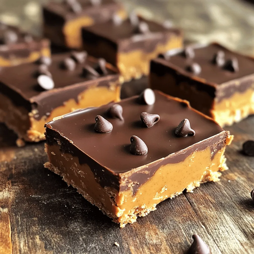 To make No-Bake Chocolate Peanut Butter Bars, you need simple and tasty ingredients. Here is the list: - 1 cup smooth peanut butter - 1/2 cup honey or maple syrup - 2 cups rolled oats - 1/2 cup cocoa powder - 1/4 cup coconut oil, melted - 1 teaspoon vanilla extract - 1/4 teaspoon salt - 1/2 cup mini chocolate chips (optional) These ingredients work together to create a rich, satisfying treat. The smooth peanut butter adds creaminess, while the honey or maple syrup provides natural sweetness. Rolled oats offer a chewy texture, and cocoa powder gives that deep chocolate flavor we love. Coconut oil helps bind everything while adding a slight coconut taste. You can even toss in mini chocolate chips for a fun, extra chocolate kick. Each ingredient plays a role in making these bars delightful. If you want to get a full guide on how to make these treats, check out the Full Recipe. 1. Mixing the Peanut Butter and Sweetener: Start by taking a big bowl. Add 1 cup of smooth peanut butter and 1/2 cup of honey or maple syrup. Stir it well until the mix is smooth and creamy. 2. Combining Dry Ingredients: Next, take another bowl. Measure 2 cups of rolled oats and 1/2 cup of cocoa powder. Add these to the peanut butter mix. Don't forget to include 1/4 cup of melted coconut oil, 1 teaspoon of vanilla extract, and 1/4 teaspoon of salt. 3. Creating the Mixture: Mix all these ingredients until they blend well together. If you like, fold in 1/2 cup of mini chocolate chips for extra flavor. This will add a nice surprise in every bite! 1. Preparing the Baking Dish: Grab an 8x8 inch baking dish. Line it with parchment paper. This helps when you take the bars out later. 2. Spreading and Pressing the Mixture: Pour the thick mixture into the dish. Use a spatula to spread it out evenly. Press down firmly so it sticks together well. 3. Chilling Time: Place the dish in the refrigerator. Let it chill for at least 2 hours. This helps the bars firm up nicely. 1. Cutting the Bars: After chilling, take the dish out. Lift the bars out using the parchment paper. Use a sharp knife to cut them into square or rectangular pieces. 2. Presentation Ideas: Serve the bars on a nice plate. You can also sprinkle some extra chocolate chips or nuts on top for a fun look. Enjoy your delicious no-bake chocolate peanut butter bars! For the full recipe, check out the details above. Ensuring the Right Consistency To get the perfect bars, the mix must be thick. If it's too runny, the bars will fall apart. Add a little more oats or cocoa powder to thicken. If it feels too dry, a splash more honey or coconut oil will help. Aim for a dough-like texture. Avoiding Stickiness in the Mixture Sticky mixtures can make it hard to spread. Use a spatula lightly coated with coconut oil. This helps push the mix into the dish without it clinging too much. You can also dampen your hands to handle the mixture better when pressing it down. Using Almond Butter or Other Nut Butters If you want a twist, try almond butter or cashew butter. They give unique flavors that work well in these bars. Just keep the same amount as peanut butter. You won’t lose any deliciousness! Alternative Sweeteners You can swap honey for agave syrup or maple syrup. Use the same amount unless you want it sweeter or less sweet. Each option brings its own taste, so pick what you like. Pairing with Fruits or Nuts These bars taste great with fresh fruit like bananas or apples. You can even add chopped nuts on top for crunch. It makes a fun snack or dessert. Great for Special Occasions These treats are perfect for parties or picnics. You can cut them into fun shapes for kids. They also work well for holidays. Just add colorful sprinkles or toppings to fit the theme. For the full recipe, check out the No-Bake Chocolate Peanut Butter Bars section above! {{image_2}} You can easily boost the flavor of your no-bake chocolate peanut butter bars. Here are some fun ideas: - Incorporating Nutmeg or Cinnamon: Adding a pinch of nutmeg or cinnamon gives your bars a warm, spicy touch. Just mix in about 1/2 teaspoon to the mixture. The flavors blend well with chocolate and peanut butter. - Adding Dried Fruits: Want to add some chewiness? Toss in dried fruits like cranberries or raisins. Use about 1/2 cup, and fold them in with the chocolate chips. This makes every bite interesting and adds natural sweetness. There are also ways to make this treat a bit healthier: - Using Gluten-Free Oats: If you need a gluten-free option, simply swap regular oats with gluten-free oats. They provide the same great texture and taste. - Low-Sugar or Vegan Options: To cut down on sugar, use a sugar substitute, like stevia. For a vegan version, replace honey with maple syrup. Both choices keep the bars delicious without the extra sugar. Adding toppings can elevate your bars: - Drizzling with Melted Chocolate: Melt some chocolate and drizzle it over the top. This makes the bars look fancy and adds a rich flavor. Use about 1/4 cup of melted chocolate. - Sprinkling with Sea Salt: A sprinkle of sea salt on top balances the sweetness. Just a pinch adds a nice contrast and makes every bite pop. Try these variations to make your no-bake chocolate peanut butter bars even more delightful! You can find the full recipe above if you'd like to get started right away. Using airtight containers is key for keeping your No-Bake Chocolate Peanut Butter Bars fresh. These bars can dry out or lose flavor if exposed to air. I recommend placing the bars in a container that seals tightly. You can also layer parchment paper between bars to prevent sticking. This way, you can grab one easily without mess. Best storage practices include keeping the bars in the fridge. Cold storage slows spoilage. If you want to enjoy them later, they will stay tasty longer when stored right. The duration in the refrigerator is about one week. After that, the taste may fade. To keep them fresh, always check for any changes in smell or texture. Freezing options for longer storage are great if you want to save some for later. Wrap each bar in plastic wrap or foil. Then, place them in a freezer-safe bag or container. They can last in the freezer for up to three months. Just remember to defrost them in the fridge before enjoying. This keeps the texture just right. Can I use crunchy peanut butter instead of smooth? Yes, you can use crunchy peanut butter. It adds a fun texture. You’ll get little bits of peanut in every bite, which is a nice twist. Just remember, it may change the bars' smoothness. How do I know when the bars are set? The bars are set when they feel firm to the touch. You can also check by gently pressing the top. If it holds its shape, they are ready. Set them in the fridge for about two hours to ensure they firm up nicely. Can I freeze No-Bake Chocolate Peanut Butter Bars? Absolutely! Freezing the bars is a great option. They can last up to three months in the freezer. Just wrap them well in plastic wrap or store them in an airtight container. Thaw them in the fridge before enjoying. Overview of Calories and Macros Each bar has about 150 calories. It contains 6 grams of protein, 8 grams of fat, and 18 grams of carbs. This makes them a great snack or dessert option. The mix of oats and peanut butter gives you energy. Health Benefits of Ingredients Peanut butter is rich in protein and healthy fats. It helps keep you full longer. Oats are high in fiber, which aids digestion. Honey adds natural sweetness and has antioxidants. Cocoa powder is full of nutrients and may improve heart health. How can I make this recipe nut-free? To make it nut-free, use sun butter or soy nut butter. Both options mimic peanut butter well without nuts. You can also try a seed butter like pumpkin seed butter for a tasty twist. What are good add-ins for flavor or texture? You can add chia seeds for crunch or flaxseeds for extra fiber. Dried fruits like cranberries or raisins work well too. If you love chocolate, try adding more mini chocolate chips or a drizzle of melted chocolate on top. These no-bake chocolate peanut butter bars are easy to make and delicious. We mixed simple ingredients like peanut butter, honey, and oats. The steps are straightforward, from mixing to chilling. You can customize them easily, with swaps and extras for flavor. Store them well for longer freshness. Whether for a snack or a treat, these bars satisfy everyone. Enjoy making them your way and share with friends!
