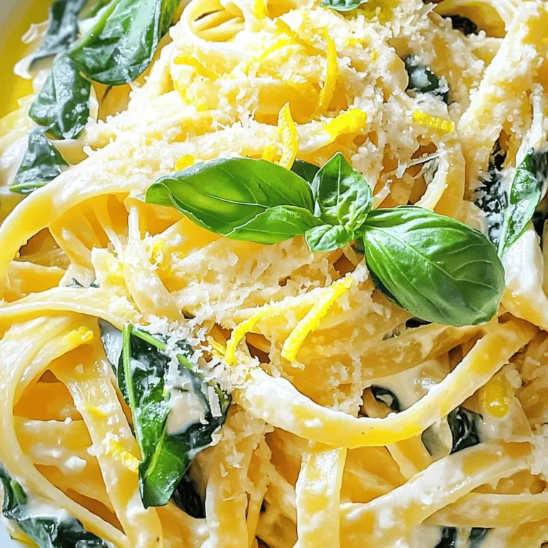 - 12 ounces pasta of your choice - 1 cup fresh ricotta cheese - 1 large lemon (zested and juiced) - 3 tablespoons olive oil - 2 cloves garlic, minced - 1 cup fresh spinach, roughly chopped - Salt and pepper to taste - 1/4 cup grated Parmesan cheese - Fresh basil leaves for garnish - Optional: Crushed red pepper flakes In this recipe, I like using linguine or fettuccine. Both types hold the sauce well. Fresh ricotta cheese is key to a creamy texture. The zest and juice from the lemon bring a bright flavor. Olive oil adds richness to the dish. Garlic gives a lovely aroma and taste. Fresh spinach adds color and nutrients. Salt and pepper enhance the overall flavor. Parmesan cheese brings a salty, nutty finish. Finally, fresh basil adds a fresh note. You can spice it up with red pepper flakes if you like heat. This simple mix of ingredients creates a dish that feels gourmet but is easy to make. You can serve this pasta as a quick weeknight meal or a special dinner. It’s fresh, creamy, and full of flavor. - Bring a large pot of salted water to a boil. - Once boiling, add 12 ounces of pasta. Cook until al dente, usually about 8-10 minutes. - Reserve 1 cup of pasta water for later. Drain the pasta and set it aside. - In a large skillet, heat 3 tablespoons of olive oil over medium heat. - Add 2 minced garlic cloves and sauté for about 1 minute. The garlic should smell great but not burn. - Pour the reserved pasta water into the skillet. Add the drained pasta and stir well. - Lower the heat and mix in 1 cup of fresh ricotta cheese, the zest, and juice of 1 large lemon. - Stir until the ricotta becomes creamy and coats the pasta. - Add 1 cup of roughly chopped spinach. Season with salt and pepper to taste. Heat until the spinach wilts, about 2-3 minutes. - Sprinkle 1/4 cup of grated Parmesan cheese on top. Toss to combine. - Serve right away, garnished with fresh basil leaves and extra Parmesan if you like. To get that creamy texture, you must reserve some pasta water. This water is rich in starch and helps bind everything together. When you mix in the ricotta, it will create a rich sauce. If your pasta looks too dry, add more reserved water. This makes the pasta silky and smooth. Adjust the amount of ricotta based on your taste. A bit more can give you that extra creaminess. Boost the flavor of your pasta by adding fresh herbs. Basil is a great choice as it pairs well with lemon. You can also use parsley or thyme for a different twist. Don’t forget spices! A pinch of black pepper or crushed red pepper flakes adds a nice kick. If you want to change the cheese, try goat cheese or feta. They provide a different taste while still being creamy. Cooking pasta and sauce at the same time saves you effort. Start boiling your water first. While it heats, prep your ingredients. This way, you can focus on your sauce once the pasta is cooking. When the pasta is almost done, you can start your sauce. This ensures both are ready to serve at the same time. It also keeps the pasta from sticking together. Enjoy the process, and you will create a delicious meal! {{image_2}} You can add many great veggies to your Lemon Ricotta Pasta. Seasonal vegetables work best. Try using asparagus, peas, or zucchini for a fresh twist. If you want to swap spinach, kale is a nice choice. You can also use arugula for a peppery flavor. To make the dish heartier, consider adding protein. Grilled chicken or sautéed shrimp fits well. Just cook them separately and mix in at the end. For a vegetarian option, chickpeas or tofu work great. Both add texture and protein without meat. If you need a gluten-free meal, choose gluten-free pasta. Many brands offer great options that taste good. You might need to adjust cooking times, so check the package. For other dietary needs, you can use whole grain or legume pasta. These choices keep the dish healthy and tasty. To keep your Lemon Ricotta Pasta fresh, store it in an airtight container. This helps prevent moisture loss. Place the container in the fridge within two hours of cooking. This way, you can enjoy the pasta later without losing its taste. For best quality, use the leftovers within three to four days. If you wait longer, the pasta may become dry or lose flavor. Always check for any off smells or changes in texture before eating leftovers. When it’s time to enjoy your leftovers, reheating is key. Use a skillet for the best results. Add a splash of water or olive oil to the skillet. This adds moisture and helps prevent dryness. Heat on low, stirring gently until warmed through. You can also use the microwave if you're in a hurry. Place the pasta in a microwave-safe dish. Add a little water and cover it with a damp paper towel. Heat in short intervals, stirring in between, until it's hot. This method helps keep the texture creamy and delicious. It takes about 20 minutes to make Lemon Ricotta Pasta. Here is the time breakdown: - Prep time: 10 minutes - Cooking time: 10 minutes This quick dinner delight fits into your busy schedule. Yes, you can use non-dairy options for this dish. Look for lactose-free ricotta cheese. You can also try almond or cashew cream as a substitute. These work well to keep the dish creamy without dairy. You can pair Lemon Ricotta Pasta with several sides. Here are some ideas: - Garlic bread: A crunchy treat that complements the pasta. - Mixed green salad: Adds freshness and crunch. - Grilled vegetables: Seasonal veggies bring color and flavor. These sides make your meal well-rounded and enjoyable. For the detailed recipe, visit [Zesty Lemon Ricotta Pasta](#). This blog post covered a simple and tasty Lemon Ricotta Pasta recipe. We explored the key ingredients, step-by-step cooking instructions, and helpful tips for perfect results. You can modify this dish with different veggies, proteins, and storage methods. In the end, this recipe is easy and fun to make. Enjoy your meal with friends or family, knowing you created something special and delicious.