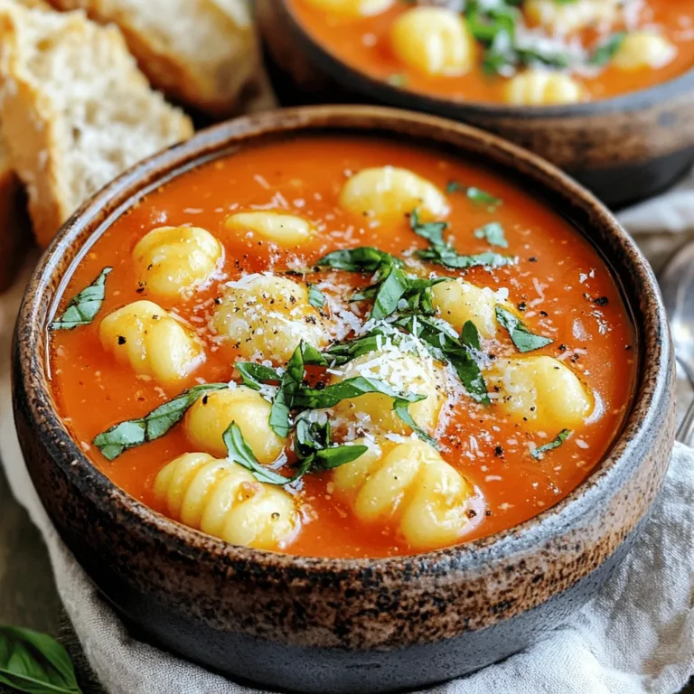 Cooking this creamy tomato basil gnocchi soup is simple and rewarding. You need just a few key ingredients to create a rich and flavorful bowl. Here’s what you’ll need: - 1 tablespoon olive oil - 1 onion, finely chopped - 3 cloves garlic, minced - 1 can (28 ounces) crushed tomatoes - 4 cups vegetable broth - 1 cup heavy cream or coconut cream for a dairy-free twist - 1 package (16 ounces) gnocchi - 1 cup fresh basil leaves, chopped - Salt and pepper to taste - Optional: 1/2 teaspoon red pepper flakes for heat, grated Parmesan cheese for serving Each ingredient plays a vital role. The olive oil adds a nice base flavor. The onion and garlic provide depth and aroma. Crushed tomatoes bring that classic tomato taste, while vegetable broth gives it a hearty feel. Heavy cream or coconut cream makes the soup rich and smooth. Gnocchi adds a chewy texture that pairs perfectly with the soup. Fresh basil brings a burst of flavor and freshness. Finally, salt and pepper enhance all the tastes. Feel free to add red pepper flakes for spice or sprinkle grated Parmesan cheese on top for an extra layer of flavor. Each ingredient comes together to make a comforting and delicious dish. 1. Sautéing the onions and garlic Start by heating the olive oil in a large pot over medium heat. Add the chopped onion. Cook it for about 5 minutes until it softens. Then, stir in the minced garlic. Cook for another 1-2 minutes until it smells great. 2. Adding herbs and spices Next, sprinkle in the dried oregano and red pepper flakes if you want some heat. Stir everything well. Let it cook for a minute. This step adds a nice flavor to the base of your soup. 3. Combining tomatoes and broth Now, pour in the crushed tomatoes and vegetable broth. Turn up the heat and bring it to a gentle boil. Once it boils, reduce the heat to a simmer. Cook for about 10-15 minutes. This helps all the flavors mix together nicely. 4. Incorporating the cream and gnocchi After the flavors meld, stir in the heavy cream or coconut cream. Bring the soup back to a simmer. Then, add the gnocchi. Cook for about 3-5 minutes until the gnocchi floats. This means it is cooked and ready to eat. 5. Final seasoning and serving suggestions Finally, mix in the chopped basil. Season the soup with salt and pepper to taste. Let it simmer for another 2 minutes. Serve hot in warm bowls. Top with extra basil and grated Parmesan for a special touch. Enjoy your delicious bowl of creamy tomato basil gnocchi soup! - Choosing the right cream: I love using heavy cream for this soup. It adds a rich, smooth texture. If you want a dairy-free option, coconut cream works great too. It gives a nice flavor without the dairy. - How to achieve the perfect thickness: To get that perfect thickness, let the soup simmer. This lets the flavors blend well and helps thicken it. If you want it thicker, add a bit more cream or let it cook longer. - Tips for enhancing flavor: Fresh herbs make a big difference. I always add extra basil at the end. You can also throw in a pinch of sugar if the tomatoes taste too acidic. A splash of balsamic vinegar adds depth and a hint of sweetness. - Best accompaniments: This soup pairs wonderfully with crusty bread. You can also serve it with a fresh salad for a light meal. A sprinkle of grated Parmesan on top makes it even better. - Presentation ideas: Serve the soup in warm bowls. Top with extra basil and Parmesan for a pop of color. A drizzle of olive oil can add a lovely sheen and a hint of flavor. Enjoying this soup on a cozy night makes it even more special! {{image_2}} You can easily make this creamy tomato basil gnocchi soup dairy-free. Use coconut cream instead of heavy cream. It adds a rich, creamy texture without dairy. The flavor remains delicious and gives a slight sweetness. For toppings, you can skip the Parmesan cheese. Instead, try using nutritional yeast. It adds a cheesy taste and is great for a dairy-free diet. You might also enjoy fresh avocado slices or a sprinkle of toasted nuts for a fun crunch. If you want to switch things up, different types of pasta work well too. Try using small shells or even penne. They can absorb the tasty broth just like gnocchi. If you prefer a gluten-free option, look for gluten-free pasta varieties. Adding vegetables makes the soup even heartier. Spinach or kale can boost nutrition and flavor. You might also add cooked chicken or chickpeas for extra protein. These additions make the soup a complete meal. To keep your creamy tomato basil gnocchi soup fresh, store it in the fridge. Use an airtight container to prevent spills and keep out air. This soup stays good for about three days. Make sure it cools down before sealing it. If you want to enjoy it later, follow these steps. If you want to freeze this soup, it’s easy! First, let it cool completely. Then, pour it into freezer-safe bags or containers. Leave some space at the top for expansion. This way, the soup won’t burst. You can freeze it for up to three months. When you're ready to eat, just thaw it in the fridge overnight. To reheat without losing flavor, heat it slowly on the stove. Use low to medium heat and stir often. If the soup is too thick after freezing, add a splash of vegetable broth. This helps bring back its creamy texture. You can also use a microwave, but be careful. Heat it in short bursts and stir in between to avoid hot spots. Enjoy your warm, tasty soup! Yes, you can make this soup ahead of time. Prepare it fully, then cool it down. Store it in an airtight container in the fridge. Reheat it gently before serving. The flavors will deepen overnight, making it even better. If you want to swap gnocchi, consider using small pasta shapes. Rice or quinoa can work too. If you prefer a low-carb option, try cauliflower gnocchi. Each option will give a different texture, but they'll still taste great. Absolutely! This soup is perfect for meal prep. It stores well and keeps its flavor. Portion it out in containers for easy lunches or dinners. Just reheat when you’re ready to eat, and enjoy a warm bowl anytime. This soup lasts about 3 to 4 days in the fridge. Make sure to store it in a sealed container. If you notice any odd smells or changes in color, it’s best to toss it. Enjoy fresh for the best taste! This blog post covered how to make a delicious gnocchi soup with simple steps and key tips. We discussed the main ingredients like olive oil, garlic, and heavy cream. I shared preparation steps to ensure great flavor and perfect thickness. You learned about storage and reheating, plus variations for dietary needs. Remember, making soup is fun and easy. Now, grab your ingredients and enjoy the cooking!