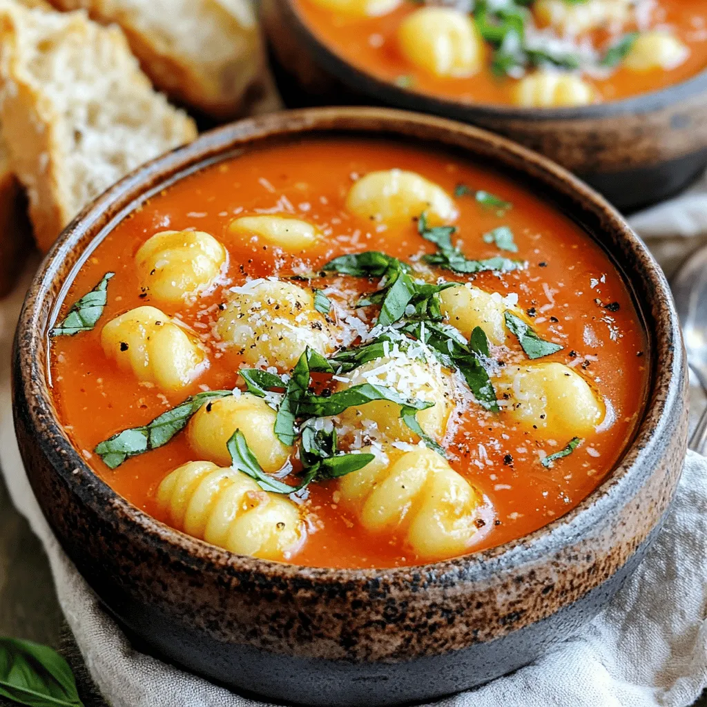 Cooking this creamy tomato basil gnocchi soup is simple and rewarding. You need just a few key ingredients to create a rich and flavorful bowl. Here’s what you’ll need: - 1 tablespoon olive oil - 1 onion, finely chopped - 3 cloves garlic, minced - 1 can (28 ounces) crushed tomatoes - 4 cups vegetable broth - 1 cup heavy cream or coconut cream for a dairy-free twist - 1 package (16 ounces) gnocchi - 1 cup fresh basil leaves, chopped - Salt and pepper to taste - Optional: 1/2 teaspoon red pepper flakes for heat, grated Parmesan cheese for serving Each ingredient plays a vital role. The olive oil adds a nice base flavor. The onion and garlic provide depth and aroma. Crushed tomatoes bring that classic tomato taste, while vegetable broth gives it a hearty feel. Heavy cream or coconut cream makes the soup rich and smooth. Gnocchi adds a chewy texture that pairs perfectly with the soup. Fresh basil brings a burst of flavor and freshness. Finally, salt and pepper enhance all the tastes. Feel free to add red pepper flakes for spice or sprinkle grated Parmesan cheese on top for an extra layer of flavor. Each ingredient comes together to make a comforting and delicious dish. 1. Sautéing the onions and garlic Start by heating the olive oil in a large pot over medium heat. Add the chopped onion. Cook it for about 5 minutes until it softens. Then, stir in the minced garlic. Cook for another 1-2 minutes until it smells great. 2. Adding herbs and spices Next, sprinkle in the dried oregano and red pepper flakes if you want some heat. Stir everything well. Let it cook for a minute. This step adds a nice flavor to the base of your soup. 3. Combining tomatoes and broth Now, pour in the crushed tomatoes and vegetable broth. Turn up the heat and bring it to a gentle boil. Once it boils, reduce the heat to a simmer. Cook for about 10-15 minutes. This helps all the flavors mix together nicely. 4. Incorporating the cream and gnocchi After the flavors meld, stir in the heavy cream or coconut cream. Bring the soup back to a simmer. Then, add the gnocchi. Cook for about 3-5 minutes until the gnocchi floats. This means it is cooked and ready to eat. 5. Final seasoning and serving suggestions Finally, mix in the chopped basil. Season the soup with salt and pepper to taste. Let it simmer for another 2 minutes. Serve hot in warm bowls. Top with extra basil and grated Parmesan for a special touch. Enjoy your delicious bowl of creamy tomato basil gnocchi soup! - Choosing the right cream: I love using heavy cream for this soup. It adds a rich, smooth texture. If you want a dairy-free option, coconut cream works great too. It gives a nice flavor without the dairy. - How to achieve the perfect thickness: To get that perfect thickness, let the soup simmer. This lets the flavors blend well and helps thicken it. If you want it thicker, add a bit more cream or let it cook longer. - Tips for enhancing flavor: Fresh herbs make a big difference. I always add extra basil at the end. You can also throw in a pinch of sugar if the tomatoes taste too acidic. A splash of balsamic vinegar adds depth and a hint of sweetness. - Best accompaniments: This soup pairs wonderfully with crusty bread. You can also serve it with a fresh salad for a light meal. A sprinkle of grated Parmesan on top makes it even better. - Presentation ideas: Serve the soup in warm bowls. Top with extra basil and Parmesan for a pop of color. A drizzle of olive oil can add a lovely sheen and a hint of flavor. Enjoying this soup on a cozy night makes it even more special! {{image_2}} You can easily make this creamy tomato basil gnocchi soup dairy-free. Use coconut cream instead of heavy cream. It adds a rich, creamy texture without dairy. The flavor remains delicious and gives a slight sweetness. For toppings, you can skip the Parmesan cheese. Instead, try using nutritional yeast. It adds a cheesy taste and is great for a dairy-free diet. You might also enjoy fresh avocado slices or a sprinkle of toasted nuts for a fun crunch. If you want to switch things up, different types of pasta work well too. Try using small shells or even penne. They can absorb the tasty broth just like gnocchi. If you prefer a gluten-free option, look for gluten-free pasta varieties. Adding vegetables makes the soup even heartier. Spinach or kale can boost nutrition and flavor. You might also add cooked chicken or chickpeas for extra protein. These additions make the soup a complete meal. To keep your creamy tomato basil gnocchi soup fresh, store it in the fridge. Use an airtight container to prevent spills and keep out air. This soup stays good for about three days. Make sure it cools down before sealing it. If you want to enjoy it later, follow these steps. If you want to freeze this soup, it’s easy! First, let it cool completely. Then, pour it into freezer-safe bags or containers. Leave some space at the top for expansion. This way, the soup won’t burst. You can freeze it for up to three months. When you're ready to eat, just thaw it in the fridge overnight. To reheat without losing flavor, heat it slowly on the stove. Use low to medium heat and stir often. If the soup is too thick after freezing, add a splash of vegetable broth. This helps bring back its creamy texture. You can also use a microwave, but be careful. Heat it in short bursts and stir in between to avoid hot spots. Enjoy your warm, tasty soup! Yes, you can make this soup ahead of time. Prepare it fully, then cool it down. Store it in an airtight container in the fridge. Reheat it gently before serving. The flavors will deepen overnight, making it even better. If you want to swap gnocchi, consider using small pasta shapes. Rice or quinoa can work too. If you prefer a low-carb option, try cauliflower gnocchi. Each option will give a different texture, but they'll still taste great. Absolutely! This soup is perfect for meal prep. It stores well and keeps its flavor. Portion it out in containers for easy lunches or dinners. Just reheat when you’re ready to eat, and enjoy a warm bowl anytime. This soup lasts about 3 to 4 days in the fridge. Make sure to store it in a sealed container. If you notice any odd smells or changes in color, it’s best to toss it. Enjoy fresh for the best taste! This blog post covered how to make a delicious gnocchi soup with simple steps and key tips. We discussed the main ingredients like olive oil, garlic, and heavy cream. I shared preparation steps to ensure great flavor and perfect thickness. You learned about storage and reheating, plus variations for dietary needs. Remember, making soup is fun and easy. Now, grab your ingredients and enjoy the cooking!