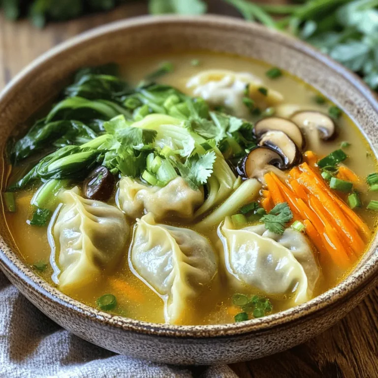 - 20 store-bought or homemade gyoza dumplings - 4 cups vegetable or chicken broth - 2 cups water - 1 cup bok choy, chopped - 1 medium carrot, julienned - 1 cup mushrooms, sliced (shiitake or button) Gyoza dumplings are the heart of this soup. You can make them fresh or buy them from the store. The broth is next; choose either vegetable or chicken. Both options bring warmth. Fresh vegetables add color and flavor. I love using bok choy, carrots, and mushrooms. They cook well and taste great together. - 1 tablespoon soy sauce - 1 tablespoon sesame oil - 2 cloves garlic, minced - 1 inch piece of ginger, sliced - Salt and pepper to taste Your kitchen likely has these items. Soy sauce and sesame oil bring depth to the broth. Garlic and ginger add a nice kick. Don’t forget to season with salt and pepper. These small touches make a big difference. - 2 green onions, sliced (white and green parts separated) - Fresh cilantro for garnish Garnishes are key for a beautiful finish. Green onions add crunch and freshness. I also love fresh cilantro on top. It brightens the soup and enhances flavors. You can also try other toppings if you wish. To start, I combine the broth, water, soy sauce, sesame oil, ginger, and garlic in a large pot. I bring this mixture to a gentle simmer over medium heat. The simmering technique is key here. It allows the flavors to blend well without boiling the broth too hard. When you simmer, it helps keep the broth clear and tasty. Next, I add the carrots and mushrooms to the pot. I time this step to about five minutes after adding the broth. This gives the veggies time to soften. Look for the carrots to turn bright and the mushrooms to become tender. Those are signs that the vegetables are ready for the next step. Now comes the fun part—adding the gyoza dumplings! I carefully place them in the pot, making sure they don't stick together. If you're using frozen dumplings, they will take about five to seven minutes to cook. Fresh dumplings usually cook a bit faster. You know they’re done when they float to the top and look plump. This step makes the soup hearty and satisfying. To make your soup taste just right, adjust the soy sauce. You can add a little more for salt or umami. If you want it lighter, add water or broth. Taste as you go. This helps you find the balance you like best. To avoid overcooking dumplings, watch the time closely. They usually take about 5-7 minutes. When they float, they are done. If you leave them too long, they can become mushy. For a crunchy finish, add sliced radishes or bean sprouts just before serving. These will give your soup a nice bite. You can also sprinkle some toasted sesame seeds on top for extra crunch. Using fresh ingredients is key. Fresh veggies like bok choy and carrots give your soup great flavor and texture. They also add color, making the dish more appealing. I prefer using bowls for serving soup. Bowls hold the broth and dumplings well. They also keep everything warm longer. Pair your soup with a light salad or some pickled vegetables. A refreshing drink like green tea or lemonade also works great. Enjoy your meal and the warmth it brings! {{image_2}} You can easily make this soup vegetarian or vegan. Just swap the chicken broth for vegetable broth. Use plant-based gyoza or make your own with veggies. Tofu is a great protein to add. It soaks up flavors well and adds nice texture. If you want more protein, try chicken, shrimp, or pork. Cooked meat can be added to the broth. These options make the soup heartier and satisfying. You can even mix proteins for a fun twist. Feel free to spice up your soup! Add chili oil or fresh chili to make it hot. A dash of sriracha brings a nice kick too. You can also play with seasonings. Try adding a splash of rice vinegar for tanginess or a bit of miso for depth. You can explore regional flavors inspired by Japan or China. For a Japanese touch, add some nori or bonito flakes. For a Chinese flair, try using five-spice powder or star anise. These spices will give your soup a unique taste. If you have dietary needs, there are easy swaps. For a gluten-free option, use tamari instead of soy sauce. Many brands also offer gluten-free dumplings. Always check the labels to be sure. For low-sodium soup, choose low-sodium broth. You can also cut back on soy sauce. If you have nut allergies, this recipe is safe as is. Just avoid any garnishes with nuts. These swaps keep the soup healthy and tasty! To store leftover soup, let it cool first. Then, place it in an airtight container. This way, it stays fresh for days. If you want to freeze it, separate the gyoza and broth. Store them in different containers. This helps keep the dumplings firm when you reheat them later. For reheating, use the stove or microwave. If using the stove, pour the soup into a pot. Heat it on low until it's hot. For the gyoza, steam them briefly to keep them soft. Avoid boiling them directly in soup, as this can make them mushy. Homemade soup can last up to four days in the fridge. If you freeze it, it can keep for about three months. For store-bought gyoza, check the package for the best-by date. Usually, they last several months if kept frozen. Always store fresh vegetables in the fridge and use them within a week for best flavor. Gyoza dumplings are tasty little pockets of joy. They come from Japan and can have many fillings. Common fillings include ground pork, cabbage, garlic, and ginger. You can also find vegetarian versions with mushrooms or tofu. The dumplings are usually wrapped in thin dough, giving them a nice texture. Yes, you can make gyoza from scratch! First, you need dough made from flour and water. Roll it out thinly and cut into small circles. For the filling, mix your favorite ingredients, like ground meat or veggies. Place a small amount in the center of each circle. Fold and pinch the edges to seal them tightly. Making them at home adds a personal touch and lets you use fresh ingredients. To enhance the flavor of your soup, add more spices and herbs. A pinch of chili flakes can add heat. Fresh herbs like basil or mint can bring a bright taste. You can also try adding a splash of rice vinegar for tang. Experiment with different soy sauces for unique flavors. Taste as you go to find your perfect mix. Yes, using frozen vegetables is a great time-saver! They are easy to use and still nutritious. Just toss them into the pot when you add the gyoza. Frozen veggies are often picked at their peak and flash-frozen, so they keep much of their flavor. If you prefer fresh, that works too. Choose what you like best! In this blog post, we explored how to create comforting gyoza dumpling soup. You learned about essential ingredients, including gyoza, broth, and fresh vegetables. We detailed step-by-step instructions for preparing the broth, cooking veggies, and perfecting dumplings. You also found tips on customizing flavors and storing leftovers. Enjoy your warm bowl of soup! It’s tasty, simple, and perfect for any day.