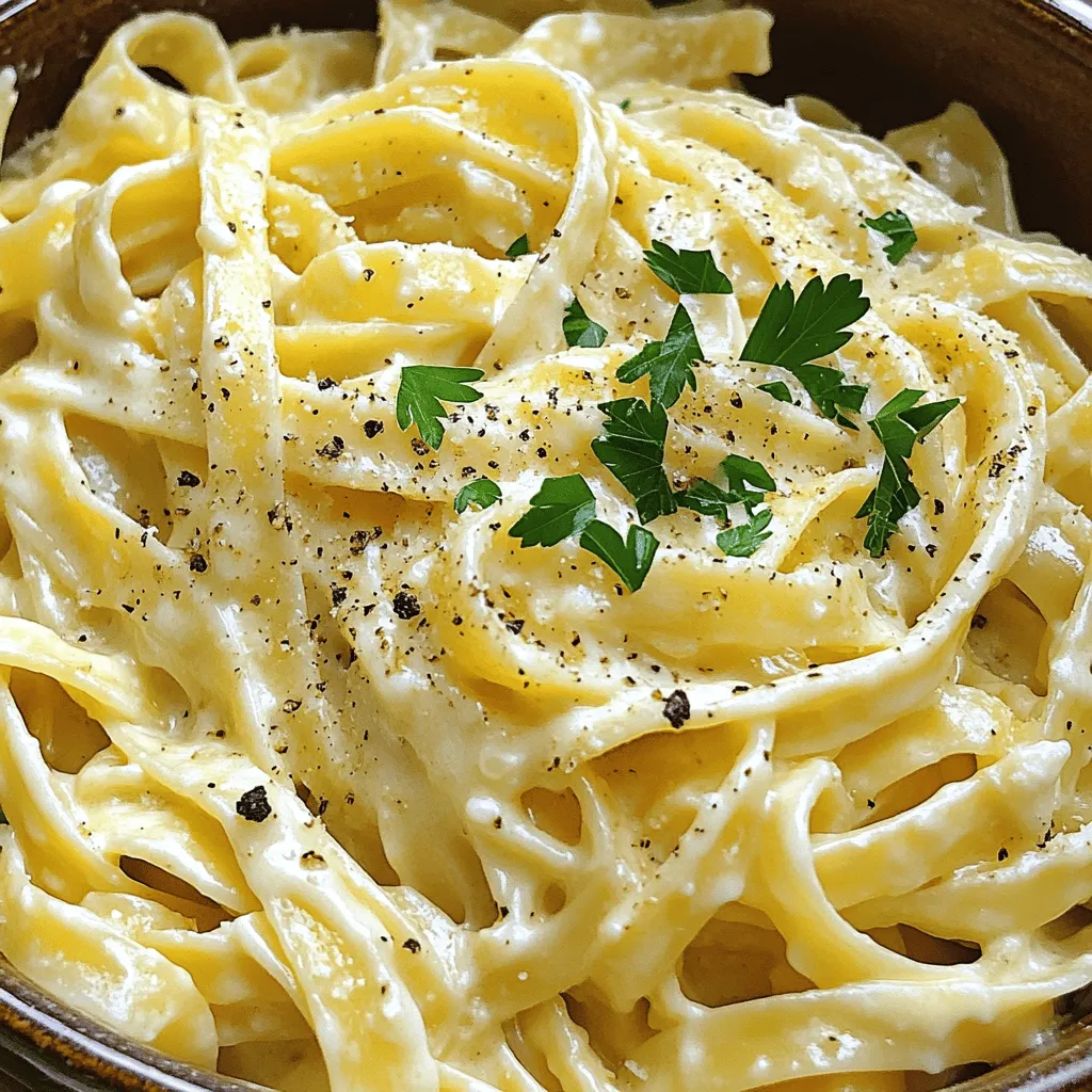 - 8 oz fettuccine pasta - 3 tablespoons unsalted butter - 5 cloves garlic, minced - 1 cup heavy cream - 1 cup grated Parmesan cheese To make creamy garlic pasta, you need some key ingredients. Start with fettuccine pasta. It has a nice, thick shape that holds the sauce well. Next is unsalted butter. It adds richness and flavor. Then, we have garlic. Fresh garlic will give the best taste. You’ll also need heavy cream. This makes the sauce creamy and smooth. Finally, Parmesan cheese is essential for a cheesy, savory finish. Grate it fresh for the best flavor. - 1 teaspoon garlic powder - 1 teaspoon Italian seasoning - Salt and pepper to taste - Fresh parsley, chopped (for garnish) Seasoning is crucial for flavor. Garlic powder enhances the garlic taste. Italian seasoning adds a mix of herbs that pairs well with pasta. Don’t forget salt and pepper. These will boost all the flavors in the dish. For garnish, fresh parsley adds color and freshness. It makes the dish look great and taste better. First, boil a large pot of salted water. Add 8 oz of fettuccine pasta. Cook until the pasta is al dente, which means it should be firm to the bite. This usually takes about 8 to 10 minutes. When done, save 1 cup of the pasta water. Then, drain the pasta in a colander and set it aside. In the same pot, melt 3 tablespoons of unsalted butter over medium heat. Once melted, add 5 minced cloves of garlic. Sauté the garlic for 1 to 2 minutes until it smells great. Be careful not to let it burn! Next, reduce the heat to low. Stir in 1 cup of heavy cream and mix well. Gradually add 1 cup of grated Parmesan cheese, 1 teaspoon of garlic powder, and 1 teaspoon of Italian seasoning. Whisk everything together until the cheese melts and the sauce is smooth and creamy. Now, add the drained pasta back into the pot with the garlic sauce. Toss the fettuccine gently to ensure it is well coated. If the sauce seems too thick, slowly add some of the reserved pasta water. Keep adding until the sauce reaches your desired consistency. Finally, season with salt and pepper to taste. Enjoy your creamy garlic pasta! How to prevent burning garlic To avoid burning garlic, cook it on medium heat. Stir often to keep it from sticking. When garlic turns golden, it means it’s ready. If it burns, the taste gets bitter. Achieving the right sauce consistency The sauce should be creamy but not too thick. If it’s thick, add reserved pasta water. Start with a little and mix well. You can add more until you like the texture. A creamy sauce should coat the pasta but still flow freely. Ideal pairings (sides and beverages) Creamy garlic pasta pairs well with a simple salad. A light Caesar or mixed greens salad adds freshness. For drinks, a glass of white wine works nicely. Sparkling water with lemon is also a good choice. Recommended serving temperatures Serve the pasta hot for the best flavor. The sauce stays creamy and smooth when warm. If you let it cool, it may thicken too much. Enjoy it right away for a delightful meal! {{image_2}} For those with dietary needs, there are great options. You can use gluten-free pasta instead of regular fettuccine. Look for brands made from rice or chickpeas. These alternatives still taste good with the creamy sauce. If you want a vegan version, swap the heavy cream for coconut cream or cashew cream. You can also replace Parmesan with nutritional yeast. This gives a cheesy flavor without dairy. Boost the dish with proteins. Adding cooked chicken or shrimp brings a tasty twist. If you prefer plant-based options, tofu works well too. Just sauté it until golden. You can also make it more colorful by adding vegetables. Spinach adds a nice pop of green. Mushrooms give a rich, earthy flavor. Toss in any veggies you like to make it your own. To keep your creamy garlic pasta fresh, store it in an airtight container. This helps prevent the pasta from drying out. Place it in the fridge within two hours of cooking. It should stay good for about three days. When you reheat it, add a splash of milk or cream. This helps keep the sauce creamy and smooth. Heat it gently on the stove or in the microwave. Stir often to avoid hot spots or burning. You can freeze creamy garlic pasta for later use. Start by letting it cool completely. Then, pack it in a freezer-safe container. This way, it won’t form ice crystals. It can last up to three months in the freezer. To thaw, move it to the fridge overnight. For a quick option, use the microwave. When ready to eat, reheat it on low heat. Add a bit of cream or milk to revive that rich creaminess. Stir well for an even texture. Yes, you can use many types of pasta. Fettuccine works great, but you can try: - Spaghetti - Penne - Farfalle - Linguine Each type brings a different shape and texture. Just remember to cook it until al dente. The sauce clings nicely to all these shapes. To add heat, you have a few fun options: - Add red pepper flakes while cooking the sauce. - Toss in diced jalapeños or serranos with the garlic. - Use a spicy Italian sausage instead of regular sausage. Start with a little heat, then adjust to your taste. You can always add more spice, but you can't take it out once it’s in. Yes, you can make this dish dairy-free! Here are some options: - Use coconut cream instead of heavy cream for creaminess. - Try nutritional yeast in place of Parmesan cheese for a cheesy flavor. - Use dairy-free butter for sautéing the garlic. These swaps keep the dish rich and tasty while avoiding dairy. Enjoy your creamy garlic pasta without the dairy! You learned how to make creamy garlic pasta using simple ingredients like fettuccine and garlic. We covered step-by-step instructions to cook the pasta and create a rich sauce. I shared tips for perfecting your dish and offered different variations to suit your taste. You can also find storage tips to keep leftovers fresh. Experiment with flavors and make this recipe your own. Enjoy your creamy garlic pasta today; it’s a comforting meal everyone will love.
