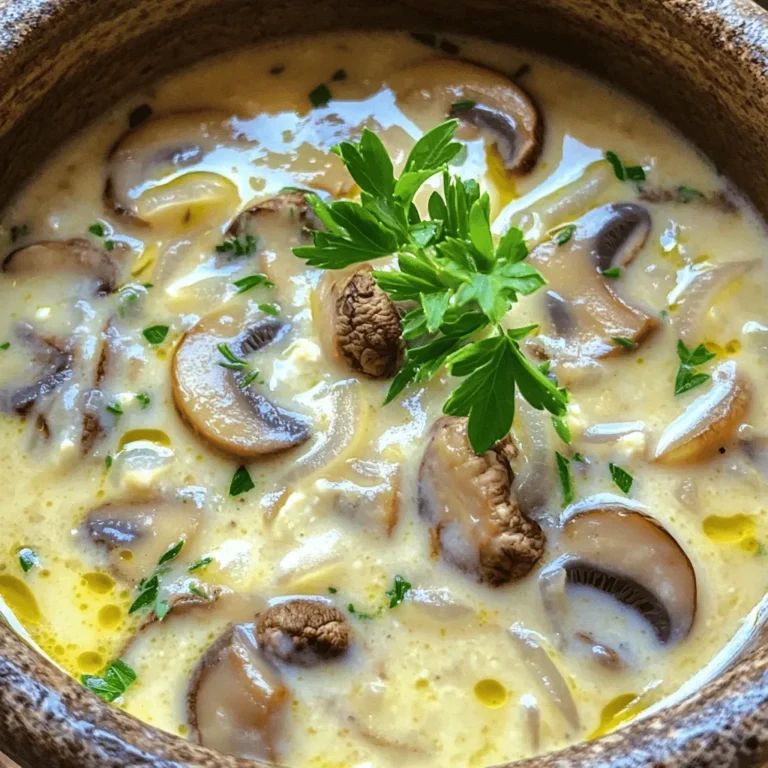 - 1 tablespoon olive oil - 1 medium onion, finely chopped - 2 cloves garlic, minced - 8 oz (225 g) fresh mushrooms, sliced (like cremini or button) - 4 cups vegetable broth - 1 cup cottage cheese - 1 tablespoon fresh thyme, chopped (or 1 teaspoon dried thyme) - 1/2 teaspoon salt (adjust to taste) - 1/4 teaspoon black pepper - 1 tablespoon lemon juice - Fresh parsley, chopped (for garnish) In this creamy cottage cheese mushroom soup, we use fresh ingredients for the best taste. The olive oil adds richness and helps cook the onion and garlic until soft. The chopped onion gives a sweet base flavor. Garlic adds a punch that blends perfectly with mushrooms. Mushrooms are the star of this dish. I like using cremini or button mushrooms for their texture and flavor. They soften nicely and add umami to the soup. Vegetable broth serves as the liquid base. It gives the soup depth and enhances the mushroom flavor. Cottage cheese provides the creaminess. It makes the soup rich without heavy cream. I add thyme for a fresh herb taste. You can use fresh or dried thyme based on what you have. The salt and black pepper balance the flavors. Finally, the lemon juice brightens the soup. It cuts through the richness and adds a nice zing. Fresh parsley makes a lovely garnish. It adds color and a fresh taste. - Fresh parsley, chopped - Croutons for crunch You can add croutons for a fun texture. They give a nice crunch to each spoonful. - Olive oil can be switched for butter. - Cottage cheese can be replaced with Greek yogurt for a tangy taste. - You can use chicken broth instead of vegetable broth for a richer flavor. Feel free to play with these ingredients. Cooking is all about making it your own! Prepping the vegetables First, gather your ingredients. You need olive oil, onion, garlic, mushrooms, and thyme. Chop the onion finely. Mince the garlic. Slice the mushrooms into thin pieces. Cooking the base of the soup Heat the olive oil in a large pot over medium heat. Add the chopped onion. Sauté until it turns soft, about five minutes. Then, add the minced garlic and sliced mushrooms. Cook these for another five to seven minutes. You want the mushrooms soft and browned. Pour in the vegetable broth next. Stir in the thyme, salt, and pepper. Bring the mixture to a simmer. Let it cook for ten to fifteen minutes. This allows all the flavors to blend well. Blending the soup for creaminess Once everything simmers, remove the pot from heat. Carefully add the cottage cheese. Use an immersion blender to blend until creamy. If you don’t have one, pour the soup in batches into a regular blender. Be careful since the soup is hot. Adding lemon juice and seasoning Return the blended soup to low heat. Add the lemon juice and stir well. Taste your soup. Adjust the seasoning to your liking. Let it warm up for another five minutes. Serving suggestions Serve your soup hot. Garnish with freshly chopped parsley. Enjoy it with some crusty bread or a light salad. To make your soup sing with flavor, use fresh herbs. I love adding thyme, but you can try rosemary too. These add a lovely aroma and taste. You can also mix in other veggies. Carrots and celery give a nice crunch. Try adding spinach for a pop of color and nutrients. Just stir them in while the soup simmers. Using cottage cheese gives a rich, creamy taste. For the best results, blend it well. I use an immersion blender to make it smooth. This way, you avoid those pesky lumps. If you don’t have one, transfer small batches to a blender. Always be careful with hot soup! Blend until it’s nice and creamy. This method keeps your soup velvety and delightful. {{image_2}} You can change the flavor of your creamy cottage cheese mushroom soup by using different mushrooms. Try shiitake, portobello, or oyster mushrooms for a new taste. Each type brings its own unique flavor. Mixing different mushrooms can make the soup even more exciting. If you need a dairy-free option, use silken tofu instead of cottage cheese. Blend the tofu until smooth for a creamy texture. You can also use coconut milk for a rich, tropical twist. These swaps make the soup fit many diets while keeping it tasty. To enjoy your soup, pair it with crusty bread or a light salad. A fresh garden salad with lemon vinaigrette complements the soup well. You can also try serving it with warm garlic bread. These sides add flavor and make your meal more filling. For meal prep, store the soup in single-serving containers. This makes it easy to grab a bowl for lunch or dinner. You can freeze the soup too. Just make sure to leave some space in the container for expansion. This way, you can enjoy your soup later without any hassle. To keep your creamy cottage cheese mushroom soup fresh, store it in the fridge. Use an airtight container. This method helps keep the flavors intact. The soup should last for about 3 to 4 days in the refrigerator. If you want to store it longer, freezing is a great option. To freeze the soup, let it cool completely. Then, pour it into freezer-safe bags or containers. Make sure to remove any air to prevent freezer burn. Your soup can stay good in the freezer for up to 3 months. When you're ready to eat it, just thaw it in the fridge overnight. Reheating this soup is easy. Pour the soup into a pot over low to medium heat. Stir it often to make sure it heats evenly. You might notice the soup thickens as it sits. To keep it creamy, add a splash of vegetable broth or water while reheating. This will help maintain the smooth texture. If you used an immersion blender before, you can blend again if needed. Enjoy your warm soup just like the first time! How can I thicken my soup? To thicken your soup, you can blend it more. Use an immersion blender until smooth. You could also add a bit more cottage cheese. Stirring in a cornstarch slurry works too. Can I use frozen mushrooms? Yes, you can use frozen mushrooms. Just thaw them first and squeeze out excess water. This prevents your soup from becoming too watery. Is this soup suitable for meal prep? Absolutely! This soup stores well. You can make it ahead of time and keep it in the fridge. It tastes great reheated and is perfect for quick meals. Caloric content per serving Each serving contains about 180 calories. This makes it a light yet filling option. Breakdown of macronutrients - Protein: 12 grams - Carbohydrates: 15 grams - Fat: 8 grams [Click here to view the complete Creamy Cottage Cheese Mushroom Soup recipe.](#) This blog post covered how to make a delicious creamy cottage cheese mushroom soup. We looked at the main ingredients, cooking steps, and tips for great flavor. I shared easy ways to enhance the texture and provided tasty variations. You can store your soup safely and enjoy leftovers later. In conclusion, this soup is a warm, easy dish that you can customize. Your kitchen will smell amazing, and your taste buds will love it!
