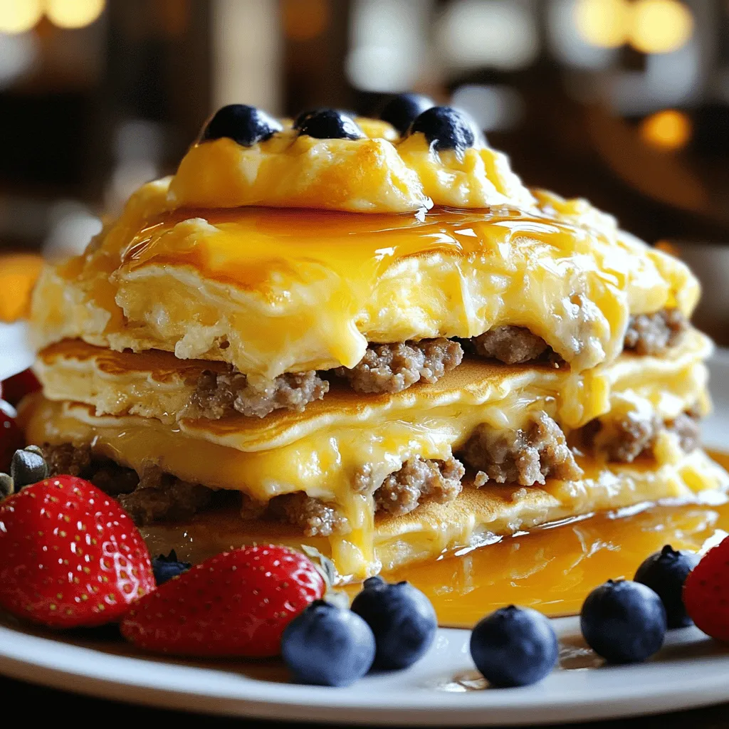 To make a tasty pancake sausage casserole, gather these main ingredients: - 8 large pancakes (store-bought or homemade) - 1 pound breakfast sausage, crumbled and cooked - 6 large eggs - 1 cup milk - 1 cup shredded cheddar cheese - 1/2 cup maple syrup (plus extra for serving) - 1 teaspoon vanilla extract - 1 teaspoon baking powder - 1/2 teaspoon salt - 1/4 teaspoon ground cinnamon Each of these ingredients plays a key role in the dish. The pancakes form a soft base, while the sausage adds savory flavor. Eggs and milk create a rich custard that binds everything together. Cheese gives a creamy finish, making each bite satisfying. You can enhance your casserole with some optional toppings and add-ins: - Fresh fruits like blueberries or sliced strawberries - Whipped cream for a sweet touch - Chopped nuts for added crunch - Extra maple syrup for drizzling These extras can add freshness or texture to your dish. Consider what your family loves. A fruit topping can brighten the flavors and make it feel special. If you need to swap ingredients, here are some easy substitutions: - Use turkey or chicken sausage instead of pork for a lighter option. - Almond milk or oat milk can replace regular milk for a dairy-free version. - Try a different cheese, like mozzarella or pepper jack, for a unique flavor. - You can use pancake mix if you don’t want to make pancakes from scratch. These changes can help you customize the casserole to fit your needs. Don't hesitate to get creative! Start by cooking the sausage. Use a large skillet over medium heat. Crumble the sausage as it cooks. Stir it until it turns golden brown. This should take about 7 to 10 minutes. Once it's done, drain any extra fat. Set the sausage aside on a plate. This step makes sure your casserole stays tasty and not greasy. Next, grab a mixing bowl. In it, whisk together the eggs and milk. Add the maple syrup for sweetness. Then, mix in the vanilla extract, baking powder, salt, and ground cinnamon. Beat the mixture until it is smooth. This will create a rich and creamy base for your casserole. Make sure every ingredient is well blended. Now, spray a 9x13 inch baking dish with non-stick spray. Layer the cooked pancakes across the bottom of the dish. This forms a fluffy base. Then, sprinkle the crumbled sausage evenly over the pancakes. Pour the egg mixture on top, covering everything. Finally, add shredded cheddar cheese over the top. Bake this in a preheated oven at 350°F for 25 to 30 minutes. Look for a bubbly, golden top. Once done, let it cool before slicing. Enjoy every bite! To ensure even cooking, always preheat your oven to 350°F (175°C). This step helps the casserole bake uniformly. When you layer the pancakes, make sure they fit snugly in the dish. Gaps between the pancakes can lead to uneven cooking and texture. You can use either store-bought or homemade pancakes. Store-bought pancakes save time. Look for thick and fluffy options for the best texture. Homemade pancakes can add a personal touch. If you choose to make them, use a simple recipe with basic ingredients. This way, you can control the flavor and texture. Soggy casseroles can ruin the meal. To prevent this, make sure to drain excess fat from the cooked sausage. Also, do not over-soak the pancakes in the egg mixture. Pour it slowly and evenly over the layers. Lastly, keep an eye on baking time. Remove the casserole once the cheese is golden brown and bubbly. {{image_2}} To make a vegetarian version, swap the sausage. Use cooked veggies like mushrooms and spinach. You can also try plant-based sausage. This change keeps the dish hearty and filling. You can jazz up your casserole with herbs and spices. Try adding chopped chives, parsley, or dill. A pinch of paprika can give a nice kick, too. Experiment with flavors to make it your own. Cheese adds a creamy texture to your casserole. While cheddar is a favorite, you can use others. Try mozzarella for a milder taste. Feta adds a tangy flavor, while pepper jack gives heat. Choose what you love! After enjoying your Pancake Sausage Casserole, store leftovers in an airtight container. Keep it in the fridge for up to three days. Make sure it cools down first to avoid steam buildup. If you are not eating it soon, freezing is a good option. To reheat, preheat your oven to 350°F (175°C). Place the casserole in an oven-safe dish. Cover it with foil to keep it moist. Bake for about 15-20 minutes, or until hot all the way through. You can also use the microwave. Heat in short bursts, checking to avoid overheating. You can freeze the casserole before or after baking. For freezing, cut it into squares for easy serving. Wrap each piece tightly in plastic wrap, then place them in a freezer bag. It can last for up to three months. To thaw, move it to the fridge overnight. Reheat as mentioned above, or bake straight from frozen. Just add extra time to ensure it heats through. Yes, you can prepare Pancake Sausage Casserole in advance. To do this, follow the recipe up to the baking step. Cover the assembled casserole with plastic wrap and store it in the fridge. You can bake it the next morning. Just remember to add a few extra minutes to the baking time if it’s cold from the fridge. I love serving this casserole with fresh fruits. Try blueberries or sliced strawberries on top. A dollop of yogurt adds creaminess. You can also serve extra maple syrup for a sweet touch. Fresh orange juice or coffee makes a great drink choice too. This meal is perfect for brunch or a cozy family breakfast. Check the casserole after 25 minutes in the oven. It should be set in the middle. The cheese should be bubbly and golden brown. If you insert a knife, it should come out clean. Let it cool for a few minutes before slicing. This helps the casserole hold its shape when you serve it. This blog covers making a delicious Pancake Sausage Casserole step-by-step. You learned about key ingredients, helpful tips for cooking, and tasty variations. We also talked about storing leftovers and reheating tips. In short, this dish is simple and fun to make. You can easily customize it to fit your taste. Enjoy creating your casserole and sharing it with friends and family. It’s a tasty meal that everyone will love!