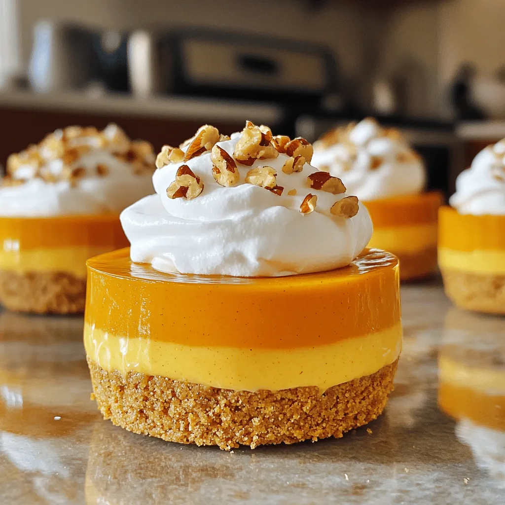 To make your no-bake pumpkin cheesecake cups, gather these key ingredients: - 1 cup graham cracker crumbs - 4 tablespoons unsalted butter, melted - 2 cups cream cheese, softened - 1 cup pure pumpkin puree - 1 cup powdered sugar - 1 teaspoon vanilla extract - 1 teaspoon ground cinnamon - 1/2 teaspoon ground nutmeg - 1/2 teaspoon ground ginger - 1 cup whipped cream (plus extra for topping) These ingredients come together to create a creamy and rich dessert that is so easy to prepare. For added flair, consider these optional garnishes: - Crushed pecans or walnuts - Extra whipped cream - A sprinkle of cinnamon or nutmeg These toppings bring texture and flavor, making your dessert even more special. If you need to swap out some ingredients, here are some great options: - Use almond flour or crushed cookies for the crust. - Cream cheese can be replaced with mascarpone for a different taste. - Maple syrup can replace powdered sugar for a natural sweetener. - Coconut whipped cream is a great swap for those who want a dairy-free option. These substitutions can help you customize your recipe to fit your taste or dietary needs. To start, gather your ingredients for the crust. You will need: - 1 cup graham cracker crumbs - 4 tablespoons unsalted butter, melted In a medium bowl, mix the graham cracker crumbs and melted butter together. Use a fork or your hands to combine them well. The mixture should feel like wet sand. Now, take dessert cups and divide this mixture evenly among them. Press down firmly to create a solid base. This step helps the crust stay firm. To help it set, freeze the cups for about 10 minutes. Now, let’s make the filling. For this, you will need: - 2 cups cream cheese, softened - 1 cup pure pumpkin puree - 1 cup powdered sugar - 1 teaspoon vanilla extract - 1 teaspoon ground cinnamon - 1/2 teaspoon ground nutmeg - 1/2 teaspoon ground ginger - 1 cup whipped cream In a large mixing bowl, beat the softened cream cheese until smooth and creamy. Then, add in the pumpkin puree, powdered sugar, vanilla extract, cinnamon, nutmeg, and ginger. Mix these until everything is smooth and well combined. This step is key to getting a rich flavor. Finally, gently fold in the whipped cream. This makes the filling light and fluffy. Now it’s time to layer the cheesecake cups. Use a spatula or spoon to scoop the creamy filling into each cup. Smooth the tops to make them look nice. After you fill the cups, cover them with plastic wrap. Chill them in the fridge for at least 4 hours, or even better, overnight. This helps the flavors blend and the filling set. When you’re ready to serve, top each cup with a dollop of whipped cream. Add a sprinkle of crushed pecans or walnuts on top for a tasty crunch. Enjoy your no-bake pumpkin cheesecake cups! When making no-bake pumpkin cheesecake cups, avoid over-mixing the cream cheese. This can make your filling dense. Another mistake is not chilling the cups long enough. Chilling helps the cheesecake set properly. Don’t skip the crust step either. If the crust is too crumbly, it won't hold together well. To get a creamy texture, use softened cream cheese. Let it sit out for about 30 minutes before mixing. Fold in the whipped cream gently. This keeps the filling light and fluffy. Make sure to chill the cups for at least four hours. Longer chilling gives you a better texture. To boost the flavor, add a pinch of salt to the filling. This helps balance the sweetness. You can also mix in a bit of maple syrup for a richer taste. If you love spices, try adding a bit more cinnamon or nutmeg. Experimenting with flavors can make your cheesecake cups unique and fun! {{image_2}} To make chocolate no-bake pumpkin cheesecake cups, add cocoa powder. Use 1/4 cup of unsweetened cocoa powder in the filling. This gives the dessert a rich chocolate flavor. You can also mix in melted chocolate for a creamier texture. Top each cup with chocolate shavings for a fun look. For vegan no-bake pumpkin cheesecake cups, swap the cream cheese for vegan cream cheese. Use coconut whipped cream instead of regular whipped cream. Replace powdered sugar with maple syrup for sweetness. This version tastes just as good and is great for vegan diets. You won't miss the dairy at all! You can change up the spices in your cheesecake cups. Try adding cloves or allspice for a warm flavor. Just 1/4 teaspoon of cloves or allspice can really enhance the taste. You can also mix in a pinch of ground cardamom for a unique twist. Experimenting with spices makes each batch special! Store your No-Bake Pumpkin Cheesecake Cups in the fridge. Use an airtight container to keep them fresh. They will stay tasty for up to five days. If you made extra, do not worry. Just seal them well! You can freeze these cups too! Just cover each cup tightly with plastic wrap. Then, place them in a freezer-safe container. They can last for about two months in the freezer. When ready to eat, thaw them in the fridge overnight. To keep your cheesecake cups fresh, avoid adding toppings until serving. Whipped cream and nuts can get soggy. Always check for any signs of spoilage before eating. Enjoy every bite of this yummy treat! Yes, you can use fresh pumpkin. To do this, roast or steam your pumpkin first. Then, mash it until smooth. Make sure it has no excess water. Canned pumpkin is often easier. It is already cooked and pureed. These cheesecake cups can last 3 to 5 days in the fridge. Store them in an airtight container. The longer they sit, the softer the crust may become. So, enjoy them fresh for the best taste! Yes, you can make these cups a day or two ahead. Just cover them well and chill in the fridge. This way, the flavors blend better. It makes for a tasty treat when you’re ready to serve! This blog post covered everything you need to create delicious no-bake pumpkin cheesecake cups. We explored essential ingredients, step-by-step instructions, and helpful tips. You learned how to avoid common mistakes and enhance flavor. Plus, we discussed tasty variations and how to store your treats. In conclusion, these cheesecake cups are easy and fun to make. Experiment with flavors and enjoy a sweet treat that impresses. You can create dessert that brings smiles each time.