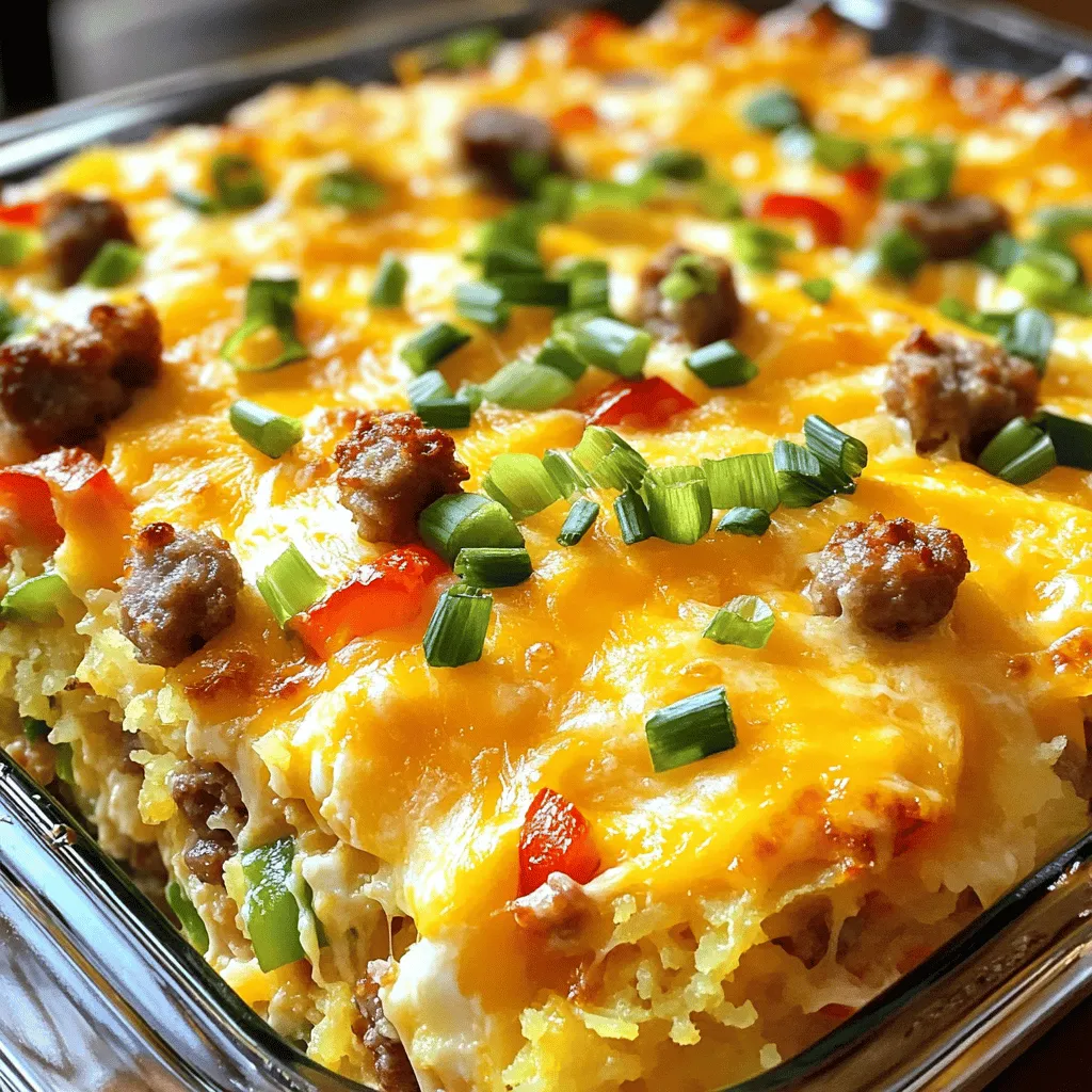 To make this easy sausage egg casserole, you will need the following: - 8 large eggs - 1 cup milk - 1 teaspoon garlic powder - 1 teaspoon onion powder - 1 teaspoon dried thyme - Salt and pepper, to taste - 4 cups frozen hash browns, thawed - 1 cup cooked sausage, crumbled - 1 cup shredded sharp cheddar cheese - 1/2 cup green bell pepper, diced - 1/2 cup red bell pepper, diced - 1/4 cup green onions, sliced You can swap some ingredients if you want. For a lighter dish, use chicken or turkey sausage instead of pork. If you want a dairy-free option, try almond milk or oat milk in place of regular milk. You can also use egg substitutes if you need a vegan option. For the cheese, try mozzarella or pepper jack for different flavors. When picking ingredients, freshness is key. Choose eggs that are firm and have bright yolks. Look for milk that is not close to the expiration date. When buying vegetables, aim for ones that are firm and colorful. Fresh bell peppers should feel heavy for their size. For the sausage, choose one that is fully cooked and has good seasoning. This will make your casserole flavorful. To start, I preheat my oven to 350°F (175°C). This step is key for even cooking. I then grease a 9x13-inch baking dish. Cooking spray or olive oil works well. Next, I take a large bowl and whisk together 8 large eggs and 1 cup of milk. I add 1 teaspoon each of garlic powder, onion powder, and dried thyme. A dash of salt and pepper makes it tasty. Now, I layer 4 cups of thawed hash browns in the greased dish. I want them evenly spread for a nice base. After that, I sprinkle 1 cup of crumbled sausage on top. I like to use cooked sausage for added flavor. Then, I add 1/2 cup each of diced green and red bell peppers. Finally, I pour my egg mixture over everything. I ensure it covers all the layers. Next, I top the casserole with 1 cup of shredded sharp cheddar cheese. To finish, I sprinkle 1/4 cup of sliced green onions on top. This adds a nice pop of color and flavor. I place the dish in my preheated oven and set a timer for 40–45 minutes. I check it until the casserole is set and the cheese is golden brown. For the best results, I let the casserole cool for about 5–10 minutes after baking. This helps with slicing. I find that serving warm enhances the flavors. If I want to impress, I garnish it with extra sliced green onions or fresh parsley. Sometimes, I add avocado or salsa on the side for extra flair. Enjoying this dish fresh from the oven makes breakfast feel special! Many cooks rush through the steps. Take your time to whisk the egg mixture well. If you skip this, the flavors won't mix right. Another mistake is not letting the casserole cool before slicing. This can make it fall apart. Remember, patience is key for a good result. Ovens can vary, so keep an eye on your casserole. If it’s not set after 45 minutes, give it more time. You want a golden brown top. If your casserole seems to cook too fast, lower the temperature to 325°F (160°C). This helps it bake evenly without burning. You can easily boost flavor with extra herbs or spices. Try adding a pinch of smoked paprika for a smoky taste. Fresh herbs like parsley or cilantro can brighten the dish. Don't be afraid to experiment! Adjust salt and pepper to suit your taste. Just remember to balance the flavors. {{image_2}} You can easily make this casserole vegetarian. Just skip the sausage. Use cooked mushrooms, spinach, or zucchini instead. These veggies add great flavor. For a vegan twist, swap eggs with a mix of silken tofu and nutritional yeast. This mix gives you protein and a cheesy taste. Use plant-based milk to keep it creamy. You can still enjoy the same tasty dish without meat or eggs. Cheese can change the whole taste of your casserole. Sharp cheddar works well, but feel free to try others. Mozzarella adds a stretchy texture. Feta offers a salty kick, while pepper jack gives a spicy twist. You can even mix different cheeses. Just remember to keep the total amount around one cup for balance. This makes the dish rich and satisfying. Seasonal veggies can make your casserole even better. In spring, add asparagus or fresh herbs like basil. Summer calls for ripe tomatoes or zucchini. In fall, consider using butternut squash or kale. Winter can bring in hearty root veggies like sweet potatoes. These fresh ingredients not only boost taste but also keep your dish vibrant and colorful. Mixing in seasonal produce is a fun way to change it up! After you enjoy your Easy Sausage Egg Casserole, let it cool down. Slice it into squares before storing. Place the squares in an airtight container. This helps keep the flavors fresh. Store it in the fridge for up to four days. If you notice any odd smells or colors, it’s time to toss it. If you have extra casserole, freezing is a great option. First, let it cool completely. Slice it into portions and wrap each piece tightly in plastic wrap. Then, place the wrapped portions in a freezer bag. This keeps them safe from freezer burn. You can freeze the casserole for up to three months. When you’re ready to eat, just thaw it in the fridge overnight. To reheat your casserole, you have a few choices. The oven is the best way to keep it tasty. Preheat the oven to 350°F (175°C). Place the casserole in a baking dish and cover it with foil. Bake for about 20 minutes or until it’s hot. You can also use the microwave for a quicker option. Put a piece on a microwave-safe plate. Heat it for 1-2 minutes, checking often to avoid overcooking. Enjoy your warm, delicious breakfast! Yes, you can make this casserole ahead of time. Prepare it the night before and store it in the fridge. Cover it with plastic wrap to keep it fresh. In the morning, just pop it in the oven. It will save you time and still taste great! This casserole pairs well with many sides. You can serve it with fresh fruit, like berries or melon. A simple green salad adds a nice crunch. You could also add toast or bagels for a filling breakfast. For a little spice, try salsa or hot sauce on the side. To store leftovers, let the casserole cool first. Place it in an airtight container. It will keep in the fridge for up to four days. If you want to keep it longer, freeze the leftovers. Just make sure to wrap it well to prevent freezer burn. When you want to eat it, thaw it in the fridge overnight before reheating. In this post, we covered how to make an easy sausage egg casserole. We discussed key ingredients, substitutions, and tips for selecting the best items. You learned step-by-step instructions for preparation and cooking, along with baking tips. We talked about common mistakes and ways to elevate flavor. You also discovered variations, storage info, and answers to common questions. Use these tips to create a tasty meal. Enjoy crafting your casserole!