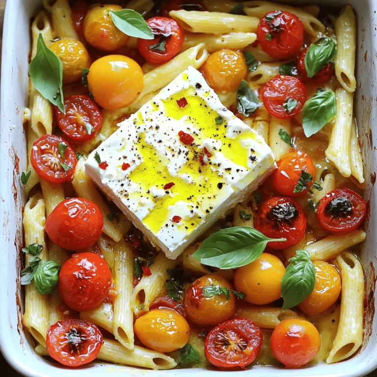 - 200g feta cheese - 300g cherry tomatoes (mixed colors for variety) - 3 cloves garlic, minced - 1 teaspoon dried oregano - 1/2 teaspoon red pepper flakes (optional, for heat) - 250g pasta (penne or fusilli recommended) - 3 tablespoons olive oil - Fresh basil leaves, for garnish - Salt and pepper to taste - Grated Parmesan cheese, for serving (optional) To make TikTok baked feta pasta, you need simple ingredients that pack a lot of flavor. Feta cheese is the star of the dish. It becomes creamy and rich when baked. Cherry tomatoes add sweetness and color. Fresh garlic gives it a nice aroma. Dried oregano brings in a hint of earthiness. If you like a bit of heat, add red pepper flakes. You will also need pasta. Penne or fusilli work best, as they hold onto the sauce well. Olive oil adds richness and helps blend the flavors. Fresh basil leaves are perfect for garnishing. Finally, don't forget salt and pepper to bring everything together. If you want to elevate the dish, sprinkle some grated Parmesan cheese on top before serving. This recipe is fun and flexible, allowing you to explore your taste. Enjoy the process of gathering these fresh ingredients. Each one adds a special touch to your dish. Preheating the Oven First, set your oven to 200°C (400°F). This step warms it up for the dish. Arranging Feta and Tomatoes Grab a baking dish and place a block of feta cheese in the middle. Add cherry tomatoes around the feta. Use mixed colors for a fun look. Seasoning the Dish Next, sprinkle minced garlic over the feta and tomatoes. Drizzle three tablespoons of olive oil on top. Then, season with one teaspoon of dried oregano, half a teaspoon of red pepper flakes, salt, and pepper. Instructions for Pasta Preparation While your feta and tomatoes bake, cook 250g of pasta, like penne or fusilli. Follow the package instructions for best results. Timing for Cooking Pasta Cook the pasta until it is al dente. This usually takes about 10 to 12 minutes. Once ready, drain it and set it aside. Mashing the Feta and Tomatoes After 25 to 30 minutes, take the dish out of the oven. Use a fork to mash the soft feta and blistered tomatoes together. This will create a creamy sauce. Tossing with Pasta Now, add the cooked pasta to the dish. Toss everything together well. Make sure the pasta gets coated in the creamy sauce. Enjoy your meal! Choosing Quality Ingredients Use fresh feta cheese for the best taste. Look for firm blocks, not crumbled. Choose ripe cherry tomatoes with bright colors. They add sweetness and a pop of flavor. Fresh garlic is key. It gives a strong aroma and taste. Always use good-quality olive oil. It enhances the overall flavor of your dish. Adjusting Spice Levels If you like heat, add more red pepper flakes. Start with half a teaspoon. Taste after mixing and adjust as needed. For milder flavors, skip the pepper flakes. You can also try fresh herbs like parsley or thyme for a different taste. Achieving Creamy Texture The secret to creamy pasta lies in mashing the baked feta and tomatoes. Use a fork to mix them well. The more you mash, the creamier the sauce becomes. Toss in the cooked pasta before serving. This helps the pasta soak up flavors. Garnishing with Fresh Basil Fresh basil leaves make your dish pop. Sprinkle them on right before serving. They add color and fragrant notes. You can tear the leaves by hand for a rustic look. Incorporating Grated Parmesan For a cheesy touch, add grated Parmesan on top. It complements the flavors well. Use fresh cheese rather than pre-grated for the best taste. Accompanying Side Dishes Pair the pasta with a light salad. A simple green salad works great. You can also serve garlic bread on the side. It’s perfect for soaking up leftover sauce. {{image_2}} You can switch feta cheese for ricotta or goat cheese. Ricotta gives a creamy taste. Goat cheese adds a tangy flavor that is delightful. Both options work well in this dish. You can also add vegetables for more nutrition. Spinach is a great choice. It wilts nicely and adds color. Zucchini can be sliced and baked with the feta. This makes the dish even tastier. If you need gluten-free pasta, try rice or corn-based options. They cook well and taste great. You can also use lentil pasta for extra protein. Whole wheat pasta is another option. It adds fiber and a nutty flavor. Choose penne or fusilli for best results. Both hold the sauce well and make each bite yummy. - Use air-tight containers to store your leftovers. Glass or plastic works well. - Keep the dish in the fridge. It stays fresh for about 3 days. - The best way to reheat is in the oven. Set it to 180°C (350°F). - Heat for about 15 minutes or until warm. Stir halfway for even heating. - You can also use the microwave. Heat for 1-2 minutes on high. Stir after each minute. How to make TikTok Baked Feta Pasta? To make this dish, start by preheating your oven to 200°C (400°F). Place a block of feta cheese in a baking dish. Surround it with cherry tomatoes and sprinkle minced garlic on top. Drizzle olive oil over everything. Season with oregano, red pepper flakes, salt, and pepper. Bake for 25-30 minutes. Cook your pasta while it bakes. Once the feta and tomatoes are soft, mash them together. Mix in the pasta, and serve hot with fresh basil. Can I use other types of cheese? Absolutely! You can try ricotta or goat cheese. These cheeses will give a different flavor. Keep in mind that the texture may change. Each cheese will create a unique taste experience. What if I don’t have cherry tomatoes? No worries! You can use regular tomatoes, diced into small pieces. Just ensure they are ripe for the best flavor. You can also use canned tomatoes if fresh ones are not available. How can I make it vegan? For a vegan version, skip the feta and use firm tofu instead. Marinate the tofu in olive oil, garlic, and herbs. You can also use cashew cheese. Follow the same baking steps for a tasty vegan dish. Can I prepare it in advance? Yes, you can prep the dish ahead of time! Assemble everything in the baking dish. Cover it and store it in the fridge for up to a day. When ready, just pop it in the oven. Cook the pasta fresh for the best taste. This blog post covered the delicious TikTok Baked Feta Pasta. You learned the essential ingredients, easy steps for preparation and baking, plus tips for perfect results. I shared variations and storage info to keep your pasta fresh. In the end, this dish is simple, tasty, and fun to make. You can easily customize it to your taste. Enjoy creating your own version and impress your friends!