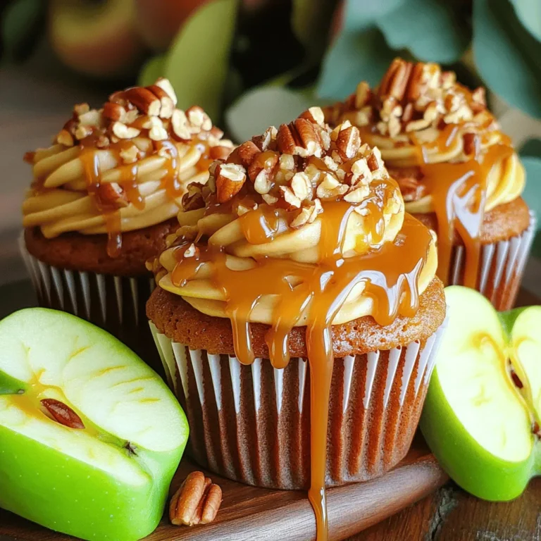 - 1 ½ cups all-purpose flour - 1 cup apple cider - 1 cup granulated sugar - 1/2 cup unsalted butter - 2 large eggs The main ingredients create a soft and moist cupcake. The flour gives structure, while the apple cider adds a lovely flavor. Granulated sugar sweetens the batter, and unsalted butter keeps it rich. Eggs help bind everything together, making for a great texture. - 1 teaspoon baking powder - 1 teaspoon baking soda - 1 teaspoon cinnamon - 1/2 teaspoon nutmeg - 1/4 teaspoon salt - 1/2 cup caramel sauce - Optional: chopped pecans for topping The baking powder and baking soda help the cupcakes rise. They ensure a light and fluffy bite. Cinnamon and nutmeg add warmth, perfect for fall. A sprinkle of salt balances the sweetness. Topping with caramel sauce makes them extra special. Chopped pecans, if you use them, add a nice crunch. 1. First, preheat your oven to 350°F (175°C). This step is key for even baking. Line a 12-cup muffin pan with cupcake liners. 2. In a medium bowl, mix the dry ingredients. Combine 1 ½ cups all-purpose flour, 1 teaspoon baking powder, 1 teaspoon baking soda, 1 teaspoon cinnamon, 1/2 teaspoon nutmeg, and 1/4 teaspoon salt. This mix adds flavor and helps cupcakes rise. 3. In a large mixing bowl, cream 1/2 cup softened unsalted butter and 1 cup granulated sugar. Use an electric mixer for about 2-3 minutes. The mixture should look light and fluffy. 1. Now, add 2 large eggs, one at a time. Mix well after each addition. This helps incorporate air into the batter. 2. Pour in 1 cup of apple cider. Mix until everything is well combined. The cider gives a sweet, fruity taste. 3. Gradually stir in the dry ingredients. Do this gently until just combined. Avoid overmixing; it can make the cupcakes tough. 4. Fold in 1 cup of grated apple from about one medium apple. This adds moisture and flavor to each bite. 1. Divide the batter evenly among the cupcake liners. Fill each about two-thirds full. This allows room for rising. 2. Bake in the preheated oven for 18-20 minutes. Check doneness with a toothpick. If it comes out clean, they are ready. 3. Once baked, remove them from the oven. Let the cupcakes cool in the pan for 5 minutes. Then, transfer them to a wire rack to cool completely. Proper cooling ensures the best texture. To make the best caramel apple cider cupcakes, first avoid overmixing the batter. When you combine wet and dry ingredients, mix just until you see no dry flour. Overmixing can lead to tough cupcakes. Next, measure your ingredients accurately. Use a kitchen scale for flour if possible. This ensures your cupcakes have the right texture. Too much flour makes them dry. Even baking is key. Make sure your oven is preheated to 350°F (175°C). Position your pan in the center of the oven for even heat. Rotate the pan halfway through baking for best results. Drizzling caramel sauce on top adds a sweet touch. Use store-bought sauce or make your own. A light drizzle looks great and tastes even better. Fresh apple slices make a lovely garnish. Choose crisp apples like Granny Smith or Honeycrisp. They add a nice crunch and a pop of color. Adding chopped pecans gives your cupcakes extra texture. Sprinkle them on top of the frosting or the caramel drizzle. They add a nutty flavor that pairs well with apples. {{image_2}} You can boost the flavor of your caramel apple cider cupcakes in fun ways. - Adding spices: Try mixing in ginger or cloves. These spices bring warmth and depth. Just a pinch can change the taste. They pair well with the apple cider. - Using different types of apples: Different apples change the flavor and texture. For a sweet touch, use Fuji or Honeycrisp apples. For a tart flavor, try Granny Smith apples. Each kind will give a unique twist to your cupcakes. You can easily modify this recipe to fit your diet. - Making gluten-free cupcakes: Swap all-purpose flour for a gluten-free blend. Check that the blend includes xanthan gum. This helps the cupcakes stay fluffy and moist. - Vegan modifications for the recipe: Replace eggs with flax eggs. Mix 1 tablespoon of flaxseed meal with 2.5 tablespoons of water. Let it sit for a few minutes to thicken. Use a dairy-free butter for a plant-based option. Substitute apple cider with non-dairy milk if desired. These adjustments let everyone enjoy these delightful fall treats! To keep your caramel apple cider cupcakes fresh, store them at room temperature. Place them in an airtight container. This helps keep them moist for about three days. If you want to keep them longer, put them in the fridge. Just make sure to wrap each cupcake in plastic wrap. This keeps the cold air out and keeps the flavors in. In the fridge, they can last up to a week. For long-term storage, freezing is a great option. You can freeze the cupcakes and the caramel sauce. To freeze the cupcakes, place them in a single layer on a baking sheet. Once they are frozen solid, move them to a freezer bag. Make sure to remove as much air as possible. They can last about three months in the freezer. For the caramel sauce, store it in a sealed container. You can freeze it too. Just remember to let it cool completely before freezing. To thaw, take the cupcakes out and let them sit at room temperature. This usually takes about an hour. For the caramel sauce, place it in the fridge overnight. Once thawed, you can gently warm it in the microwave. This keeps the taste rich and tasty, just like when you first made them. Can I make these cupcakes ahead of time? Yes, you can make these cupcakes ahead of time. Bake them a day in advance and store them in an airtight container. This keeps them fresh. You can add the caramel sauce right before serving for the best taste. What can I substitute for apple cider? You can use apple juice as a substitute for apple cider. While it is sweeter, it will still give your cupcakes a nice apple flavor. You can also mix in a little lemon juice to get a similar tartness. How can I make my cupcakes more moist? To make your cupcakes more moist, add an extra egg or some unsweetened applesauce. You can also try using brown sugar instead of granulated sugar. This adds moisture and a deeper flavor. What is the best way to reheat leftover cupcakes? To reheat leftover cupcakes, use the microwave. Heat them for about 10-15 seconds. This warms them without drying them out. If you want, you can add a little caramel sauce on top for extra flavor. These caramel apple cider cupcakes are a fun, tasty treat. You learned about the main ingredients, how to prepare the batter, and tips to perfect your bake. Remember, you can adjust flavors and make these cupcakes suit your needs. Store them well for later enjoyment. Baking should be enjoyable and rewarding, so don’t hesitate to try new things. With these steps, you'll create something delicious to share. Enjoy your baking adventure!