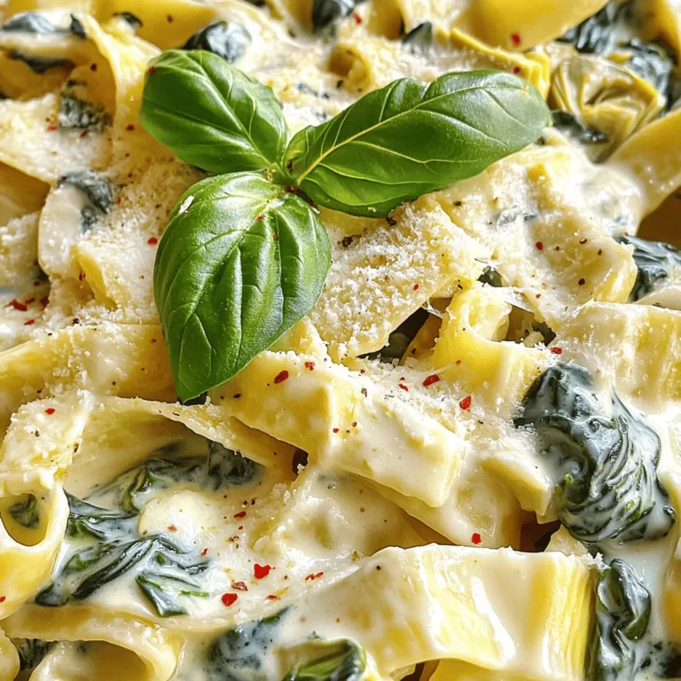 To make creamy spinach artichoke pasta, you need a few simple ingredients. Here’s what you’ll need: - 12 oz. fettuccine or pasta of choice - 1 cup fresh spinach, chopped - 1 can (14 oz.) artichoke hearts, drained and chopped - 1 cup heavy cream - 1 cup cream cheese, softened - 1/2 cup grated Parmesan cheese - 2 cloves garlic, minced - 1 tablespoon olive oil - Salt and pepper to taste - Crushed red pepper flakes (optional, for heat) - Fresh basil leaves for garnish These ingredients come together to create a rich and tasty dish. The fettuccine acts as a perfect base. The fresh spinach adds color and nutrition. Artichoke hearts bring a unique flavor that complements the creaminess. Heavy cream and cream cheese create the sauce's rich texture. Parmesan adds a savory touch to every bite. Garlic gives the dish a warm aroma and delicious taste. Olive oil helps sauté the garlic and adds a bit of richness. Seasonings like salt, pepper, and crushed red pepper flakes can give this dish the right kick. Finally, fresh basil leaves add a lovely touch of freshness when you serve it. Each ingredient plays a vital role in building layers of flavor, making this pasta a delightful meal. 1. Start by bringing a large pot of salted water to a boil. This adds flavor to your pasta. 2. Once boiling, add 12 oz. of fettuccine or your pasta of choice. Cook it until al dente, which usually takes about 8 to 10 minutes. Al dente means the pasta will be firm but cooked through. 3. After cooking, reserve 1 cup of the pasta water. This water helps adjust the sauce later. Drain the pasta and set it aside. 1. In a large skillet, heat 1 tablespoon of olive oil over medium heat. 2. Add 2 cloves of minced garlic to the skillet. Sauté it for about 1 minute until it smells amazing but does not brown. 3. Lower the heat and add 1 cup of softened cream cheese to the skillet. Stir until it melts and becomes smooth. 4. Gradually pour in 1 cup of heavy cream. Keep stirring until the cream and cheese blend well together. 1. Now, fold in 1 cup of chopped fresh spinach and 1 can (14 oz.) of drained artichoke hearts. Cook this mixture for about 2 to 3 minutes. Watch as the spinach wilts and everything heats up. 2. Add the drained pasta to the skillet. Toss it all together to coat the pasta in the creamy sauce. 3. If the sauce is too thick for your liking, slowly mix in some reserved pasta water. This helps you reach your desired creaminess. This step-by-step guide will help you create a creamy spinach artichoke pasta that is simple and full of flavor. Enjoy the process! - Choosing the right pasta: I love using fettuccine for this dish. Its flat shape holds the creamy sauce well. You can use any pasta you like. Just make sure it cooks to al dente. - Achieving the desired creaminess: To get the right creaminess, slowly add the heavy cream after melting the cream cheese. If it feels too thick, add reserved pasta water bit by bit. This helps create a smooth sauce that coats the pasta. - Adjusting flavors with seasonings: Taste your sauce before serving. A pinch of salt and pepper can make a big difference. If you like heat, sprinkle in some crushed red pepper flakes. Fresh basil adds brightness and flavor, so don’t skip it! - Overcooking the pasta: Cooking pasta too long can ruin it. Always check for al dente texture. This keeps the pasta firm and helps it hold the sauce better. - Skipping the reserved pasta water: This water is gold! It helps adjust the sauce's thickness and adds starch for better texture. Never toss it out! - Not stirring enough: Stirring is key when combining the pasta and sauce. It helps mix everything evenly. If you don’t stir, some pasta may end up dry while others are swimming in sauce. {{image_2}} You can boost the protein in your creamy spinach artichoke pasta. Grilled chicken adds a nice texture. Just slice it and mix it in. Shrimp or scallops work well too. They cook quickly and add a lovely seafood flavor. Try using whole grain pasta instead of regular pasta. It adds fiber and nutrients. You can also substitute low-fat cream options. This cuts calories without losing taste. Your dish stays creamy and delicious. Want to add more flavor? Incorporate sun-dried tomatoes for a sweet kick. They pair well with the creamy sauce. A squeeze of lemon brightens the dish. It adds a fresh twist that lifts all the flavors. To keep your creamy spinach artichoke pasta fresh, follow these tips: - Place leftovers in an airtight container. - Let the pasta cool to room temperature before sealing. - Store in the fridge for up to three days. Use glass containers for easy reheating and to avoid staining. They hold heat well, so your pasta warms evenly. When it's time to enjoy leftovers, reheating properly is key: - Use the stove for the best results. - Heat in a skillet over low heat. Add a splash of water or cream. - Stir often to prevent sticking and ensure even warming. This helps keep the pasta creamy. If you're in a rush, you can use the microwave: - Place the pasta in a microwave-safe bowl. - Add a bit of water and cover loosely. - Heat in short bursts, stirring in between. With these methods, your creamy spinach artichoke pasta will taste fresh and delicious! You can store creamy spinach artichoke pasta in the fridge for about 3 to 5 days. To keep it fresh, place it in an airtight container. This helps to prevent it from drying out or absorbing other smells from the fridge. Yes, you can freeze creamy spinach artichoke pasta. To do this, let it cool completely. Then, place it in a freezer-safe container. When you are ready to eat, thaw it in the fridge overnight. Reheat it gently on the stove or in the microwave. Add a splash of heavy cream or reserved pasta water to bring back its creamy texture. If you need a cream cheese substitute, consider using Greek yogurt or sour cream. You can also try ricotta cheese for a different texture. For a dairy-free option, use cashew cream or silken tofu blended until smooth. Each option will give a slightly different flavor, but they will all work well. In this blog post, we explored how to make creamy spinach artichoke pasta. We covered essential ingredients like pasta, spinach, artichokes, and cheeses. You learned step-by-step instructions for cooking the pasta and preparing the sauce. Plus, we shared tips to avoid common mistakes and suggested tasty variations. Remember, this dish is simple to customize and perfect for any meal. With these techniques, you can create a delicious pasta dish that impresses everyone! Enjoy your cooking journey!