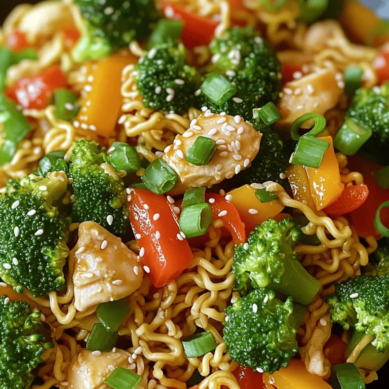 - 2 packets instant ramen noodles (discard seasoning packets) - 1 lb boneless chicken breast, thinly sliced - 1 cup mixed bell peppers, julienned - 2 tablespoons soy sauce - 1 tablespoon sesame oil - 1 tablespoon vegetable oil - 1 cup broccoli florets - 2 green onions, sliced - 2 cloves garlic, minced - 1 teaspoon fresh ginger, grated - 1 tablespoon sesame seeds (for garnish) - Salt and pepper to taste To make this Minute Chicken Ramen Stir Fry, gather all your ingredients first. Using fresh veggies makes a big difference in taste and color. Thin slices of chicken cook fast and stay juicy. I find that mixed bell peppers bring a nice crunch and sweetness to the dish. For flavor, soy sauce gives that umami kick we love. Sesame oil adds a rich, nutty aroma that pulls it all together. Don’t forget the garlic and ginger; they add depth and warmth. The broccoli adds great texture and nutrition. I suggest using fresh green onions on top for a pop of color and flavor. Finally, the sesame seeds finish the dish with a lovely crunch. Each ingredient plays a key role in creating a quick and tasty meal. Trust me, you will love how easy this stir fry comes together. Begin by cooking the instant ramen noodles. Follow the package instructions but cook them for about two minutes less. This will keep them slightly undercooked. After that, drain the noodles and set them aside. This step is key to avoid mushy noodles later. Next, heat vegetable oil in a large pan or wok over medium-high heat. Once the oil is hot, add the sliced chicken breast. Season the chicken with a pinch of salt and pepper. Cook for about five to seven minutes until the chicken turns golden brown. Remove the chicken from the pan and set it aside. This makes sure the chicken stays juicy. In the same pan, add sesame oil. Then, toss in minced garlic, grated ginger, and julienned bell peppers. Sauté these for about two minutes until the peppers soften. After that, add the broccoli florets. Stir-fry everything for another two to three minutes until the broccoli is tender-crisp. This step adds great color and flavor. Now it's time to put it all together. Return the cooked chicken to the pan. Add the ramen noodles and pour in the soy sauce. Toss everything together to combine well. Let it cook for about two minutes so the flavors can meld. This is where the magic happens! Once done, remove the pan from heat. Garnish your dish with sliced green onions and sesame seeds before serving. This not only looks great but also adds a nice crunch. Enjoy your delicious Minute Chicken Ramen Stir Fry! To make your Minute Chicken Ramen Stir Fry extra tasty, add herbs or spices. Fresh cilantro or basil can give a nice twist. You can also swap water for chicken broth when cooking your noodles. This simple change adds rich flavor to the dish. Keep your veggies crispy! Avoid overcooking them. Stir-fry just until they soften. This keeps their bright colors and crunch. Also, drain the noodles well to keep the dish from being too wet. Extra moisture can make everything soggy. Add lime wedges on the side. The fresh juice brightens the dish and adds zing. For a complete meal, pair the stir fry with a light salad. The crisp greens balance the warm flavors of the ramen stir fry. {{image_2}} You can swap chicken for other proteins in this dish. Shrimp works well and cooks fast. Tofu is a great choice for a vegetarian option. Beef adds a hearty touch. Each protein brings its own flavor and texture. Feel free to change up the veggies. Use seasonal options like snap peas or carrots for crunch. Greens like bok choy and spinach add color and nutrition. Mix and match based on what you have on hand. You can easily adjust the sauce to suit your needs. Swap soy sauce for tamari if you want a gluten-free dish. For some heat, add sriracha or chili flakes. These changes can create exciting new flavors. To keep your Minute Chicken Ramen Stir Fry fresh, store it in an airtight container. It will last in the refrigerator for up to 3 days. Make sure to let it cool before sealing. This way, you keep the flavors intact. When you are ready to enjoy leftovers, reheat them in a microwave. Add a splash of water to help restore moisture. If you want the best results, stir-fry on the stove with a little oil. This method helps to keep the texture nice. You can freeze this dish before cooking. Just thaw and cook it as directed. Cooked leftovers can also be frozen, but keep in mind that the texture may change slightly. For best taste, use them within a month. Yes, whole wheat ramen noodles can be a healthier alternative. They add more fiber and nutrients. Whole wheat noodles also have a nice, hearty texture. You can swap them in any ramen dish for a boost. You can make it gluten-free by using gluten-free soy sauce and noodles. Look for rice noodles or other gluten-free options. This way, you can enjoy the meal without worry. Replace chicken with tofu and use vegetable broth for a vegetarian option. Tofu soaks up flavors well and adds a nice protein boost. You can also add more veggies for a colorful dish. Adding edamame or scrambled eggs can boost protein levels. Edamame is tasty and colorful. Scrambled eggs mix well with the noodles and add creaminess. Total time is approximately 25 minutes, including prep and cooking. This quick time makes it easy for busy days. You can have a warm meal ready fast. Yes, adjust the amount of ginger or add spicy condiments to suit your taste. If you love heat, add chili paste or sriracha. For mild flavors, keep the ginger light. This recipe offers a simple, tasty meal with great options. You have learned about the main ingredients, cooking steps, and various ways to modify the dish. Remember, you can swap proteins and veggies to make it your own. Store leftovers easily and even freeze them for later. Enjoy your cooking, and don’t hesitate to experiment with flavors and textures. You can create a dish that suits your taste and lifestyle perfectly.