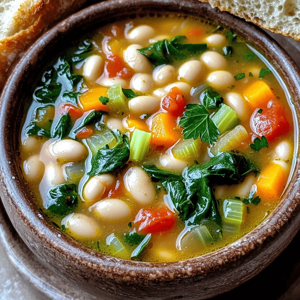 To make a great Tuscan cannellini bean soup, you need simple, fresh ingredients. Here is what you will need: - 2 cups canned cannellini beans, drained and rinsed - 1 medium onion, diced - 2 cloves garlic, minced - 2 medium carrots, diced - 2 celery stalks, diced - 1 teaspoon dried oregano - 1 teaspoon dried thyme - 4 cups vegetable broth - 2 cups fresh spinach, chopped - 1 can (14 oz) diced tomatoes, with juices - 2 tablespoons olive oil - Salt and pepper, to taste - Fresh parsley, for garnish Each ingredient adds its own flavor. Cannellini beans bring creaminess, while the diced tomatoes add a hint of sweetness. The herbs give the soup a warm, earthy taste. For extra flavor and beauty, consider adding these garnishes: - Freshly chopped parsley - A drizzle of olive oil - Crusty bread on the side These garnishes enhance the soup's look and taste. They also provide a nice contrast with the soup's warm, hearty base. When choosing ingredients, always look for freshness. Here are some tips: - For onions, pick ones that feel firm and have smooth skin. - Choose carrots that are bright in color and not limp. - Look for celery with crisp stalks and fresh green leaves. - Select spinach that is vibrant and free from brown spots. Fresh ingredients make a big difference in taste. They provide the best flavor and nutrition. Don't rush this step! 1. Heat the olive oil in a large pot over medium heat. 2. Add the diced onion. Sauté for about 3 minutes until it is soft and clear. 3. Stir in minced garlic, carrots, and celery. Cook for 5 minutes until they soften. 4. Add dried oregano and thyme. Stir for about 30 seconds until you smell the herbs. 5. Pour in the diced tomatoes and vegetable broth. Bring it to a light boil. 6. Stir in the cannellini beans and season with salt and pepper. Let it cook for 15-20 minutes. 7. Just before serving, fold in the chopped spinach. Allow it to wilt for 3-4 minutes. 8. Taste the soup and adjust the seasoning if needed. Sautéing is key in this recipe. It brings out the flavors of the onion and garlic. When you add herbs, stir them briefly to release their oils. Simmering the soup allows the beans and vegetables to blend flavors well. Adding spinach at the end keeps it vibrant and fresh. If you have a slow cooker, you can easily adapt this recipe. After sautéing the vegetables, transfer them to the slow cooker. Add the tomatoes, broth, and beans. Cook on low for 6-8 hours. You can also use an Instant Pot for a quick cooking option. Sauté the veggies, then add the rest and cook under pressure for 10 minutes. To boost flavor, I add fresh herbs. Fresh parsley or basil brightens each bowl. You can also try a splash of lemon juice. This adds a nice zing. If you like heat, sprinkle in some red pepper flakes. They give the soup a warm kick. Taste as you go and adjust the salt and pepper. This ensures the soup is just right for you. This soup is great for meal prep. You can make it a day in advance. Let it cool, then store it in the fridge. The flavors deepen overnight, making it even tastier. When you're ready to eat, just reheat it on the stove. If you want, add more spinach just before serving. It keeps the greens vibrant and fresh. Avoid cooking the soup on high heat. This can make the veggies mushy. Be sure to rinse the beans well. This helps remove excess sodium. Don't skip tasting the soup before serving. Adjust the seasoning to your liking. Lastly, don't forget to garnish with fresh parsley. It adds a nice touch and makes the dish look great! {{image_2}} You can make this soup even better by adding more veggies. Try adding zucchini, bell peppers, or green beans. These will add color and nutrients. Chop them up and add them when you cook the onion. This will ensure they cook well. You can also add frozen peas or corn for a sweet touch. Remember, the more veggies, the more flavor! If you want to boost protein, consider adding cooked chicken or sausage. You can sauté sliced sausage with the onions. For a vegetarian option, add tofu or tempeh. These will soak up flavors and add texture. If you want something smoky, try adding some pancetta. Just cook it first, then add the other ingredients. You can make this soup in different ways. A slow cooker works great for this recipe. Just add all the ingredients in the pot and let it cook for 6-8 hours. If you are short on time, use an Instant Pot. Set it for 15 minutes and let it do the work for you. Each method gives a slightly different taste, so try them all to find your favorite! To keep your Tuscan Cannellini Bean Soup fresh, store it in an airtight container. Let the soup cool to room temperature before sealing. This helps prevent bacteria growth. Place the container in the fridge if you plan to eat the soup within three days. It tastes best when you reheat and enjoy it again! You can freeze this soup for later. Use freezer-safe containers or bags. Make sure to leave space for the soup to expand. To thaw, place it in the fridge overnight. Reheat it on the stove over low heat. Stir occasionally until it’s hot. You may want to add a splash of broth or water if it gets too thick. In the fridge, the soup lasts about three days. If frozen, it stays good for up to three months. Always check for signs of spoilage, like off smells or changes in color. If you notice any of these, it’s best to toss the soup. Enjoy your meal prep and the amazing flavors! Yes, you can use dried beans. Start by soaking them overnight. After soaking, cook them until soft. This can take about one to two hours. Use about one cup of dried beans for this soup. Make sure to drain and rinse them before adding to the pot. I love serving this soup with crusty bread. It makes a great pairing. You can also add a fresh salad on the side. A simple green salad with lemon dressing works well. For a special touch, serve with some grated Parmesan cheese on top. This soup is already vegetarian. To make it vegan, just ensure the broth is vegetable-based. Some store-bought broths may contain meat. Always check the label to be sure. You can also add more veggies for extra flavor and texture, like zucchini or bell peppers. Tuscan Cannellini Bean Soup is easy and tasty. You learned about key ingredients, cooking steps, and tips. I shared ways to add flavor and prevent mistakes. Remember, you can change up the soup with different veggies or proteins. Proper storage helps keep leftovers fresh. This soup is perfect for meal prep. Enjoy making it for friends and family. Dive into this comforting dish. You won’t be disappointed.