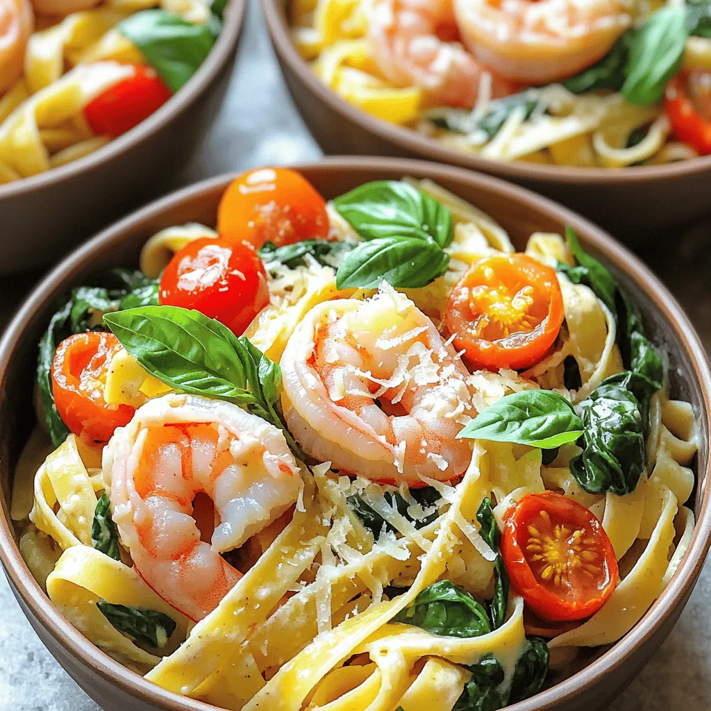 - 8 oz. fettuccine or linguine pasta - 1 lb. large shrimp, peeled and deveined - 2 tablespoons olive oil - 3 cloves garlic, minced - 1 cup cherry tomatoes, halved - 1 teaspoon Italian seasoning - 1 cup fresh spinach - 1 cup heavy cream - 1/2 cup parmesan cheese, grated - Salt and pepper to taste - Fresh basil leaves - Extra parmesan cheese for topping In this dish, I use fettuccine or linguine pasta. You can choose either based on your preference. The large shrimp should be peeled and deveined for a clean bite. Olive oil adds flavor and helps cook the garlic. Garlic brings a lovely aroma and taste to the dish. I always use fresh cherry tomatoes. They add a sweet burst of flavor. For seasoning, I like to add Italian seasoning. It gives the dish that classic Tuscan vibe. Fresh spinach not only looks nice but also adds nutrients. Heavy cream makes the sauce rich and creamy. I sprinkle in grated parmesan cheese for a salty kick. Finally, don't forget salt and pepper to taste. For garnishing, I recommend fresh basil leaves. They add a pop of color and freshness. Extra parmesan cheese on top makes it even better. These ingredients come together to create a comforting and delicious meal. 1. First, heat 2 tablespoons of olive oil in a large pot over medium heat. 2. Next, add 3 minced garlic cloves. Sauté for about 1 minute until it smells great. 3. Then, add 1 pound of large shrimp to the pot. Cook for 2-3 minutes until they turn pink. 4. Remove the shrimp and set them aside for now. 1. In the same pot, toss in 1 cup of halved cherry tomatoes. Cook them for 2 minutes until they soften. 2. Stir in 1 teaspoon of Italian seasoning and 1 cup of fresh spinach. Cook until the spinach wilts down. 3. Next, pour in 1 cup of heavy cream. Let it simmer gently, then stir in 1/2 cup of grated parmesan cheese. 4. Add 8 ounces of fettuccine or linguine pasta to the pot. If needed, add enough water or broth to cover the pasta. 5. Cook according to the package instructions, stirring occasionally, until the pasta is al dente. 1. Return the cooked shrimp to the pot. Mix everything until well coated and heated through. 2. Season with salt and pepper to taste. 3. Remove from heat and let it rest for a few minutes. This will help thicken the sauce. - To ensure shrimp are cooked properly, look for a bright pink color. Cook them for just 2-3 minutes. Overcooking makes them tough. - Adjust cream for desired richness by adding more or less. If you want it lighter, use half-and-half. - Pair this dish with a crisp white wine, like Pinot Grigio or Sauvignon Blanc. They balance the creaminess well. - Serve with garlic bread or a fresh salad. A side of steamed broccoli adds a nice crunch. - If the sauce is too thick, add a splash of pasta water or broth. This thins the sauce while keeping flavor. - If pasta sticks together, stir it well while cooking. Adding a bit of olive oil can help prevent this too. {{image_2}} You can easily change the protein in this dish. Shrimp is great, but chicken works well too. Just cut the chicken into small pieces. Cook it in the pot until it’s no longer pink. You can also try a mix of seafood. A blend of shrimp, scallops, and mussels adds great flavor. For a veggie twist, swap the shrimp for mushrooms or tofu. Both add a nice texture. You can also add more vegetables like bell peppers or zucchini. This not only boosts the nutrition but makes the dish colorful. Want a lighter dish? Swap the heavy cream for half-and-half or coconut milk. This keeps it creamy without the heaviness. A splash of lemon juice or zest adds brightness. It lifts the flavors and makes each bite fresh and zesty. To keep your creamy Tuscan shrimp pasta fresh, place it in an airtight container. Let it cool before sealing. Store it in the fridge. It lasts for about three days. After that, the shrimp may lose texture. When reheating, avoid drying out the pasta. The best way is to use the stovetop. Add a splash of water or cream to the pan. Heat it on low, stirring gently. You can use a microwave, too. Just cover it with a damp paper towel. Heat in short intervals, stirring in between. Yes, you can freeze this dish! However, the texture may change. For best results, freeze it without shrimp. To thaw, place it in the fridge overnight. Reheat on the stovetop, adding a bit of cream or water. This keeps it creamy and smooth. Yes, you can use frozen shrimp. First, you need to thaw them. Place the shrimp in a bowl of cold water for about 15 to 20 minutes. Change the water halfway through. This helps them thaw evenly. After thawing, pat them dry with a paper towel before cooking. This step ensures they sear nicely. If you want a lighter dish, you can use half-and-half or whole milk. You can also try coconut milk for a dairy-free option. Another choice is Greek yogurt mixed with a little bit of milk. This will add creaminess without the extra calories. Just be careful not to boil it. To check if your pasta is done, take a piece out and taste it. It should be tender but still firm. This is called al dente. You can also look for a slight white core in the center. If it feels soft all the way through, it may be overcooked. Don't forget to stir the pasta as it cooks to keep it from sticking! This recipe blends simple ingredients into a delicious dish. You start with pasta, shrimp, and fresh tomatoes, then add cream and spices for flavor. Tips on storage and reheating will keep your meal fresh. Feel free to try new proteins or veggies for variety. Cooking together can create great memories. Enjoy your meal and each bite!
