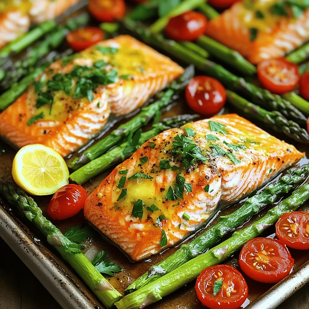 - 4 salmon fillets (about 6 ounces each) - 2 tablespoons olive oil - 2 tablespoons fresh lemon juice - Zest of 1 lemon - 3 cloves garlic, minced - 1 teaspoon dried oregano - 1 teaspoon dried thyme - Salt and pepper to taste - 1 cup cherry tomatoes, halved - 1 cup asparagus, trimmed - Fresh parsley for garnish The key to this dish is using fresh ingredients. Salmon fillets are the star here. They bring a rich taste and healthy fats. I love using good-quality salmon for the best flavor. Next, we have the fresh herbs and spices. Olive oil adds a nice richness. Fresh lemon juice and zest give a bright, zesty kick. Garlic, oregano, and thyme round out the flavor. Salt and pepper are essential too, enhancing all the other tastes. The colorful veggies make this meal even better. Halved cherry tomatoes add sweetness and juiciness. Asparagus brings a nice crunch and pairs well with salmon. Finally, fresh parsley adds a pop of color and freshness to finish. - Other vegetables to use - Seasonal herbs for flavor enhancement Feel free to mix in other vegetables based on what is fresh. Zucchini, bell peppers, or green beans can work well. Each adds its unique taste and texture. For herbs, try using fresh dill or basil. They can change the dish's flavor profile. Fresh herbs are always a great way to enhance your meal. They bring a fresh aroma and taste that dried herbs can’t match. 1. Preheating the oven: Start by setting your oven to 400°F (200°C). This temperature ensures the salmon cooks evenly and the veggies become tender. 2. Whisking the marinade: In a small bowl, combine 2 tablespoons of olive oil, 2 tablespoons of fresh lemon juice, the zest of one lemon, 3 minced garlic cloves, 1 teaspoon each of dried oregano and thyme, and some salt and pepper. Whisk these ingredients until they blend well. This mixture will add a bright flavor to your salmon. 1. Arranging salmon and vegetables on the baking sheet: Take a large rimmed baking sheet and place the 4 salmon fillets in the center. Pour half of your marinade over the fillets. Make sure each piece is well coated. Next, add 1 cup of halved cherry tomatoes and 1 cup of trimmed asparagus around the salmon. Drizzle the rest of the marinade over the veggies and toss them gently to coat. 2. Baking time and temperature: Place the baking sheet in the preheated oven. Bake for 15 to 20 minutes. The salmon should flake easily with a fork, and the asparagus should be tender-crisp. This short baking time keeps the dish fresh and flavorful. 1. Resting the dish before serving: Once you take the baking sheet out of the oven, let the dish rest for a couple of minutes. This helps the juices settle, making the salmon even more delicious. 2. Garnishing the salmon with parsley: Before you serve, sprinkle some fresh parsley on top of the salmon. This adds color and a fresh taste that brightens the whole dish. For an extra touch, serve with a wedge of lemon on the side! To bake salmon well, start with a hot oven. Preheat to 400°F (200°C). A hot oven helps the salmon cook evenly. Use a rimmed baking sheet for easy cleanup. Place the salmon fillets in the center of the sheet. This way, they get heat from all sides. Ensure the fillets are not crowded. This helps them cook evenly. To boost flavor, add more herbs. Fresh dill or basil can bring a new twist. You can also mix in a pinch of red pepper flakes for heat. For marinating, let the salmon sit in the marinade for at least 30 minutes. This helps the flavors soak in well. You can even marinate it overnight for a stronger taste. For a stunning plate, arrange the salmon and veggies nicely. Place the salmon in the center and scatter the cherry tomatoes and asparagus around. Add a wedge of lemon on the side. This adds color and a fresh touch. Finish with a sprinkle of fresh parsley on top for a pop of green. {{image_2}} You can swap salmon for other fish like trout or cod. These options still taste great with the lemon herb marinade. If you want a meat option, try chicken breasts. They cook well with the same flavors. For vegetables, you can mix in bell peppers, zucchini, or broccoli. These veggies add color and nutrition. They also soak up the tasty marinade, making each bite special. You have choices for cooking this dish. Baking is easy and gives you a nice, even cook. Just follow the steps in the recipe for the best results. Grilling is another fun method. It adds a smoky flavor that many love. Place the salmon on a grill over medium heat. Cook for about 6-8 minutes per side, depending on thickness. If you prefer pan-searing, heat a skillet over medium-high heat. Add olive oil, then place the salmon skin-side down. Cook for about 4-5 minutes, then flip. This method gives a nice crust and keeps the fish tender inside. Want to change up the taste? Try adding other citrus fruits. Lime or orange juice can give a fresh twist. You can even add zest from these fruits for more flavor. Herbs are another way to mix things up. Instead of oregano and thyme, you can use dill or basil. Each herb brings its own unique taste. For a kick, add a bit of your favorite sauce, like a spicy mayo or a tangy chimichurri. These small changes can make your dish feel new and exciting! To keep your lemon herb salmon fresh, start by cooling it. Allow it to reach room temperature. Next, place the salmon and veggies in airtight containers. This helps to prevent air from getting in. Label the containers with the date. Store them in the fridge for up to three days. For the best taste, reheat your salmon in the oven. Preheat your oven to 350°F (175°C). Place the salmon on a baking sheet and cover it with foil. Heat for about 10-15 minutes. You can also use the microwave. If you do, use a microwave-safe dish. Heat in short bursts of 30 seconds. Check to see if it’s warm throughout. To freeze, wrap the salmon tightly in plastic wrap. Then place it in a freezer-safe bag. Squeeze out any air before sealing. You can freeze it for up to three months. When ready to eat, thaw it in the fridge overnight. This keeps the salmon juicy and tasty. Yes, you can use frozen salmon for this dish. Just remember to thaw it first. Place the salmon in the fridge overnight or under cold water for quicker thawing. Frozen salmon may have more moisture, so pat it dry with paper towels before cooking. This helps to get a nice, crispy texture. Lemon herb salmon tastes great with many sides. Here are some ideas: - Steamed broccoli - Quinoa salad - Garlic mashed potatoes - Mixed greens salad - Rice pilaf These sides balance the flavors of the salmon and add more color to your plate. There are a few signs to check if your salmon is cooked. First, the salmon should turn from translucent to opaque. Second, it should flake easily with a fork. Finally, the internal temperature should reach 145°F (63°C). Use a meat thermometer for the best results. This way, you can enjoy tender and juicy salmon every time. This blog covered how to cook delicious lemon herb salmon. We looked at the main ingredients, cooking steps, and helpful tips for the best results. Remember, use fresh herbs and high-quality salmon for great flavor. Experiment with different vegetables and cooking methods to make it your own. Storage tips ensure your leftovers stay fresh. Dive into cooking with confidence and enjoy every bite. Happy cooking!
