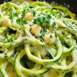 - 4 medium zucchini (zoodles) - 2 tablespoons olive oil - 3 cloves garlic, minced - 1 cup heavy cream - 1 cup grated Parmesan cheese - Salt and pepper to taste - 1/4 teaspoon nutmeg - Fresh parsley, chopped (for garnish) For this quick and tasty meal, you will need just a few simple ingredients. Start with four medium zucchinis, which will be your zoodles. Zoodles are great because they are low in carbs and add a fresh taste. You will need two tablespoons of olive oil to sauté the garlic. The garlic gives the dish its lovely flavor, so use three cloves, minced. Next, grab a cup of heavy cream. This will make your sauce creamy and rich. You will also need a cup of grated Parmesan cheese to add that cheesy goodness we all love. Don't forget to season your dish with salt and pepper to taste. A pinch of nutmeg adds a warm note, enhancing the flavor. Finally, fresh parsley brings a nice pop of color and taste, making your dish look pretty. Gather these ingredients, and you are ready to create your Minute Garlic Alfredo Zoodles. They are quick, tasty, and sure to impress anyone you serve! To make zoodles, you need fresh zucchini. Take four medium zucchinis and rinse them well. Use a spiralizer to turn them into noodles. If you don’t have one, a vegetable peeler works. Just peel thin ribbons of zucchini. Aim for long, thin strips that look like spaghetti. Set your zoodles aside while you prepare the sauce. Grab a large skillet and pour in two tablespoons of olive oil. Heat the oil over medium heat. Once it's hot, add three cloves of minced garlic. Cook the garlic for about one to two minutes. You want it fragrant but not burnt. The smell will fill your kitchen with a warm, inviting aroma. Now, pour in one cup of heavy cream. Stir it gently and bring it to a simmer. Keep stirring to avoid burning. Once it simmers, add one cup of grated Parmesan cheese. Whisk it into the cream until it melts. The sauce will become smooth and creamy. Then, season with salt, pepper, and a pinch of nutmeg. This will boost the flavor. Next, it’s time to add the zoodles. Gently toss the zucchini noodles in the skillet. Make sure they are coated with the Alfredo sauce. Cook for two to three minutes. You want the zoodles to be tender but still a bit crunchy. This gives them a nice texture in the dish. Once your zoodles are ready, remove the skillet from heat. Serve the zoodles in bowls. Top each serving with chopped fresh parsley for color. You can also sprinkle extra Parmesan on top if you like. Enjoy your quick and tasty meal! To get the best zoodles, choose firm zucchini. I like to spiralize them to make long, fun noodles. If you don’t have a spiralizer, a vegetable peeler works too. Cut the zucchini into thin ribbons. This helps the zoodles cook evenly. When you cook them, aim for a slight crunch. Overcooking can make them mushy. Cook zoodles for just 2-3 minutes in the sauce. They should soak up flavor but still hold their shape. You can swap heavy cream for a lighter option. Try using Greek yogurt or cashew cream instead. These options still give creaminess but cut down on calories. For a dairy-free version, use nutritional yeast instead of Parmesan. It adds a cheesy flavor without the dairy. You can also add some spinach or other greens for extra nutrients. Toss them in with the zoodles for a boost. If you have leftovers, store them in an airtight container. This keeps the zoodles fresh for about 2 days. When you reheat, do it gently. Use low heat on the stove or in the microwave. Too much heat can make zoodles watery. If the sauce separates, stir it well before serving. Adding a little water can help bring it back together. {{image_2}} You can easily add protein to your Minute Garlic Alfredo Zoodles. Chicken or shrimp works great. Simply cook the protein in the skillet first. Once it's cooked, remove it and set it aside. Use the same pan to follow the steps for the sauce. Then, mix the protein back in with the zoodles. This makes the dish heartier and keeps it tasty. If you want to mix it up, you can swap the zoodles for other low-carb options. Try using spaghetti squash or even cauliflower rice. Both options add a unique flavor and texture. Just remember to cook them until they are tender. This keeps the meal light and fresh while still being filling. For extra flavor, consider adding fresh herbs or spices. Basil or thyme can brighten the dish. You can also add a pinch of red pepper flakes for some heat. Another great idea is to squeeze fresh lemon juice over the top before serving. These simple changes can make your dish even more exciting. Minute Garlic Alfredo Zoodles is a tasty dish that packs a punch. Each serving has about 550 calories. The heavy cream adds richness, while the zoodles give you fiber. Here’s a quick look at the main nutrients: - Calories: 550 - Protein: 20g - Carbohydrates: 15g - Fats: 50g - Fiber: 3g This meal is great for those who want a filling dish without too many carbs. This recipe is naturally gluten-free since it uses zoodles instead of pasta. It’s also perfect for a keto diet. The heavy cream and cheese keep the carbs low while giving you a creamy texture. If you’re looking for a low-carb meal, this dish fits right in. To make this dish more balanced, add a side salad. A fresh salad with greens and a light dressing pairs well. You can also toss in some grilled chicken or shrimp for protein. This addition makes the meal heartier and even more satisfying. You can enjoy Minute Garlic Alfredo Zoodles any time of day, making it a versatile choice for both lunch and dinner. Yes, you can use other types of pasta. You might try spaghetti or fettuccine. However, zoodles add a healthy twist. They cook fast and keep the meal light. To store leftovers, place them in a sealed container. Keep them in the fridge. They will stay fresh for up to two days. Reheat gently on the stove to avoid mushy zoodles. You can make this dish dairy-free. Use coconut cream instead of heavy cream. Choose a dairy-free cheese to mix in for flavor. This swap keeps the dish creamy and tasty. Zoodles last about three days in the fridge. Store them in a sealed container. They may lose some crunch over time, but they’re still good to eat. This blog post gives you a clear guide to making Minute Garlic Alfredo Zoodles. We covered the key ingredients, including zucchini and Parmesan cheese. You learned how to spiralize zucchini and cook the garlic for flavor. We also shared tips for getting the right texture and storing leftovers. With variations and nutritional info, you can customize this dish to your taste and needs. Enjoy making this dish and sharing it with friends or family. It's easy, tasty, and good for you!