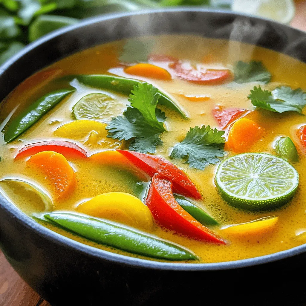 For this comforting soup, you will need the following key ingredients: - 1 tablespoon coconut oil - 1 onion, finely chopped - 3 cloves garlic, minced - 1 tablespoon fresh ginger, grated - 2 tablespoons red curry paste - 4 cups vegetable broth - 1 can (14 oz) coconut milk - 1 tablespoon soy sauce - 1 tablespoon lime juice - 1 cup bell peppers, sliced (red and yellow) - 1 cup carrots, thinly sliced - 1 cup snap peas, trimmed - 1 cup mushrooms, sliced - Salt and pepper to taste These ingredients create a rich base for the soup. The coconut oil adds a light sweetness, while the onion, garlic, and ginger provide a fragrant backdrop. The red curry paste packs a punch of flavor and warmth. The vegetable broth and coconut milk together create a creamy and smooth texture. To enhance your soup, consider these optional garnishes and add-ins: - Fresh cilantro, for garnish - Sliced lime, for garnish - Chopped green onions - Red chili flakes for heat - Tofu or cooked chicken for protein These toppings add freshness and a pop of color. Fresh cilantro brightens the dish, while lime slices add a zesty finish. If you want more heat, red chili flakes are a great choice. Each serving of Thai Coconut Curry Soup contains: - Calories: 300 - Protein: 6g - Carbohydrates: 35g - Fat: 15g - Fiber: 5g This soup is not just tasty; it also offers a balance of nutrients. It’s filling and rich, making it perfect for a cozy meal. The high fiber content from the vegetables supports your digestion. Enjoy this hearty soup, knowing it nourishes your body too! Start by heating the coconut oil in a large pot over medium heat. Once the oil is hot, add the finely chopped onion. Sauté the onion for about five minutes. It should turn translucent. Next, stir in the minced garlic and grated ginger. Cook for one to two minutes until you smell their lovely aroma. Now, it's time to add the red curry paste. Mix it well with the onion, garlic, and ginger. This step adds a strong flavor base for your soup. Pour four cups of vegetable broth into the pot. This broth gives the soup depth. Allow it to simmer for ten minutes. The flavors will come together beautifully during this time. After simmering, reduce the heat to low. Now, stir in one can of coconut milk, one tablespoon of soy sauce, and one tablespoon of lime juice. This mixture will create a creamy and rich texture in your soup. Next, add the sliced bell peppers, thinly sliced carrots, trimmed snap peas, and sliced mushrooms to the pot. Stir to combine. Let the soup simmer for another five to seven minutes. The vegetables should become tender but still have a bit of crunch. Finally, season your soup with salt and pepper to taste. Adjust the flavors as needed. Serve your soup hot, and don’t forget to garnish with fresh cilantro and lime slices! Enjoy this warm bowl of comfort. To make your Thai coconut curry soup shine, focus on balancing flavors. Use fresh ingredients for the best taste. Start with coconut oil for a rich base. Sauté the onion until soft; this adds sweetness. The red curry paste is key for depth. Adjust the amount based on your spice level. If you like it spicy, add more! Finish with lime juice for a zesty kick. This brightens the soup and balances the creaminess of coconut milk. One of the best parts of this soup is how you can change it. Add your favorite veggies. Try zucchini, spinach, or broccoli for a twist. If you need a protein boost, tofu or chicken works great. For a vegan option, skip the chicken and use vegetable broth. If you can’t find red curry paste, yellow curry paste can work, too. Just remember, each change will alter the taste, so adjust your seasonings. If you are new to cooking, don’t worry. This recipe is easy to follow! Start by prepping all your ingredients before cooking. Chop all the veggies and measure out the liquids. This will make cooking smooth. Use a large pot to give everything space to cook. Don't rush; let the flavors blend. Taste as you go, and don’t be afraid to add salt and pepper. Finally, remember, cooking is about enjoyment. Have fun, and make it your own! {{image_2}} To make this soup vegan, simply skip the soy sauce or use a vegan version. You can also use vegetable broth as your base. This soup is rich and creamy thanks to coconut milk, so it is already vegan-friendly. You can add more veggies like zucchini or sweet potatoes for extra flavor and texture. This recipe is naturally gluten-free if you use gluten-free soy sauce. Make sure to check the labels of your curry paste and broth. Many brands offer gluten-free options. You can replace soy sauce with tamari, which is a great gluten-free substitute. Enjoy this soup without worrying about gluten. You can add protein to make this soup heartier. Tofu works well; just cube it and add it when you add the vegetables. For a meat option, try shredded chicken or shrimp. Just cook the meat before adding it to the soup. This way, you will have a filling meal that satisfies. To keep your Thai Coconut Curry Soup fresh, let it cool first. Once cooled, pour the soup into an airtight container. This helps keep out air and moisture. Store it in the fridge and use it within three days. If you want to keep it longer, freezing is a great option. Reheating your soup is simple. Pour the desired amount into a pot. Heat it over medium-low heat. Stir it often to warm it evenly. You can also use a microwave. Place the soup in a microwave-safe bowl. Cover it loosely and heat for one to two minutes. Make sure to stir halfway through. This prevents hot spots. If you want to freeze the soup, use a freezer-safe container. Leave some space at the top for expansion. The soup can stay frozen for up to three months. When you are ready to eat, take it out and place it in the fridge overnight to thaw. You can also thaw it in the microwave on low power. After thawing, reheat it on the stove or in the microwave before serving. Enjoy your comforting soup! I recommend using red curry paste for this soup. It gives a rich flavor. Red curry paste blends well with coconut milk. It adds warmth and depth to the dish. If you prefer a milder taste, you can try yellow curry paste. For more heat, green curry paste works great too. Just adjust the amount based on your taste. Yes, you can prepare this soup ahead of time. It stores well in the fridge for 3 to 4 days. The flavors actually improve as they sit. Just let it cool before putting it in an airtight container. When you’re ready to eat, heat it gently on the stove. Add a splash of coconut milk if it seems thick. Many vegetables enhance the soup's taste and texture. I love using bell peppers, carrots, snap peas, and mushrooms. You can also add broccoli or zucchini for extra color. Feel free to get creative with your favorite veggies. Just ensure they are cut into bite-sized pieces for even cooking. The spice level depends on the curry paste you choose. Red curry paste is usually medium spicy. If you're sensitive to heat, start with less paste. You can always add more later. The coconut milk helps to lessen the heat, making it creamy. Adjust the spice to fit your taste. Thai Coconut Curry Soup is rich, easy to make, and full of flavor. You can adapt it to fit your diet, making it vegan or gluten-free. Remember to store leftovers properly for future enjoyment. With the tips provided, you can enhance the flavor and customize the dish. Whether you're a novice cook or experienced, this soup is a rewarding experience. Enjoy exploring this comforting recipe and make it your own!
