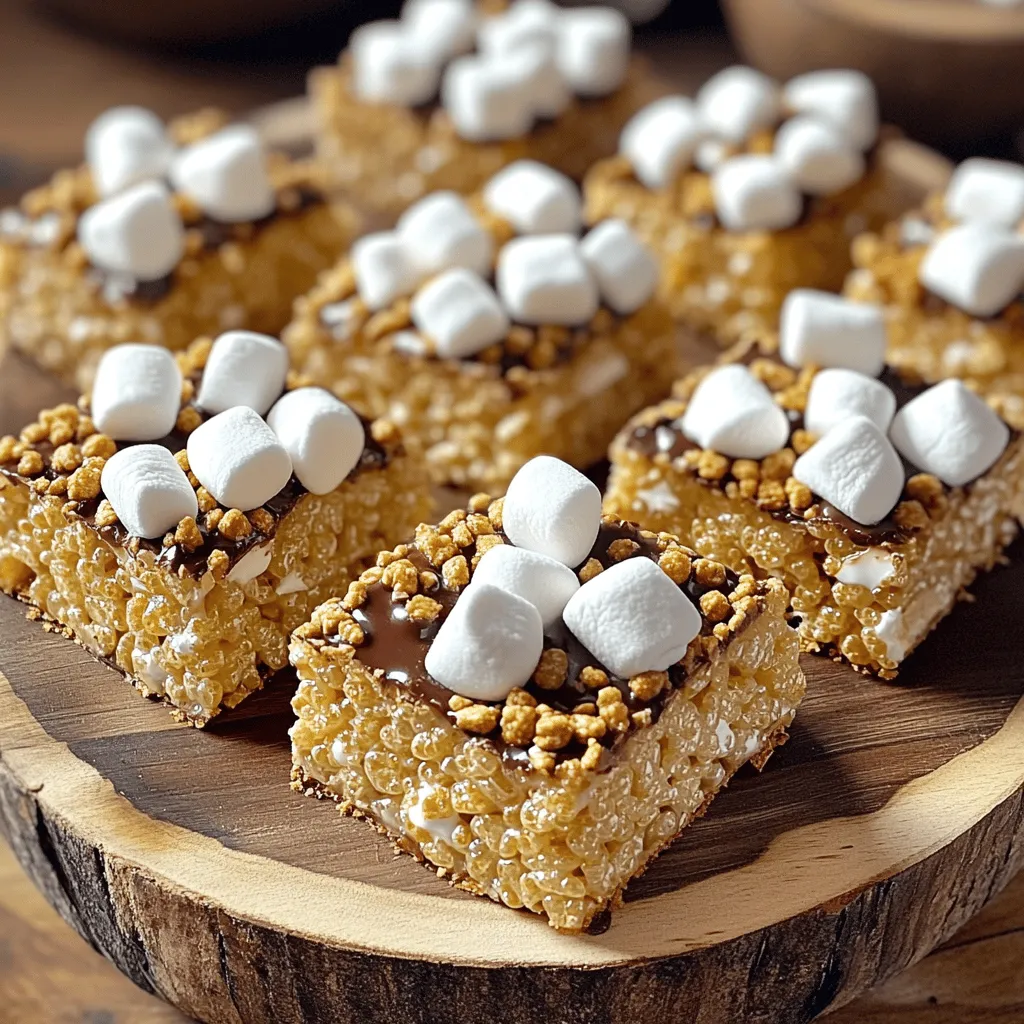 To make S’mores Rice Krispie Treats, you need: - 3 tablespoons unsalted butter - 10 oz mini marshmallows (divided) - 6 cups Rice Krispies cereal - 1 cup graham cracker crumbs - 1/2 teaspoon vanilla extract - 1 cup chocolate chips - Extra mini marshmallows and graham cracker crumbs for topping These simple items create a snack that kids and adults love. The butter adds creaminess, while the marshmallows bring sweetness. Rice Krispies give the treat a nice crunch. Graham cracker crumbs add a touch of flavor, and chocolate chips make it extra special. If you have dietary needs, don't worry! Here are some swaps: - Use dairy-free butter or coconut oil for a dairy-free option. - Swap mini marshmallows for vegan marshmallows to make the treats vegan. - For gluten-free treats, choose gluten-free graham crackers and certified gluten-free Rice Krispies. - Use sugar-free chocolate chips if you prefer a lower-sugar option. These swaps help everyone enjoy this tasty treat while meeting their dietary needs. Measuring ingredients accurately is key. Here are some easy tips: - Use a kitchen scale for precise measurements, especially for heavy items like marshmallows and butter. - For sticky ingredients like marshmallows, lightly grease your measuring cup with cooking spray to help them slide out easily. - Use dry measuring cups for cereal and graham crumbs. Fill the cup, then level it off with a straight edge. - If you need half a teaspoon, use a measuring spoon to get the right amount. This small detail makes a big difference in flavor. By measuring carefully, you ensure your S’mores Rice Krispie Treats turn out perfect every time! Start by getting your 9x13 inch baking pan ready. Lightly grease it with unsalted butter or cooking spray. This step helps the treats come out easily. You can use a paper towel to spread the butter evenly. Make sure you cover all the corners to avoid sticking. Next, grab a large saucepan. Set it on medium heat and add 3 tablespoons of unsalted butter. Stir it until it melts completely. Then, add 8 ounces of mini marshmallows, which is about 4 cups. Keep stirring until the mixture is smooth and creamy. It should look like a thick, gooey sauce. This part is key for a great texture. Now, remove the pan from the heat. It’s time to add flavor. Pour in 1/2 teaspoon of vanilla extract. Then, add 6 cups of Rice Krispies cereal and 1 cup of graham cracker crumbs. Stir gently to mix everything well. You want to make sure every piece gets coated. Finally, fold in the last 2 ounces of mini marshmallows and half of the chocolate chips. Some of these will stay whole, giving your treats a nice bite. To achieve the best texture, use fresh ingredients. Fresh marshmallows melt better and create a soft treat. Also, press the mixture firmly into the pan. This step helps the treats hold their shape. Be gentle when mixing. Over-mixing can make them tough. Allow the treats to cool completely before cutting. This keeps them from falling apart. To prevent sticking, grease your baking pan well. Use butter or cooking spray. Grease your spatula or hands while pressing the mixture into the pan. This makes it easier to handle. If you notice sticking while cutting, use a sharp knife. Dipping it in warm water helps it glide through the treats. You can boost flavor by adding extras. Consider using flavored chocolate chips like caramel or mint. You can also mix in nuts or dried fruits for a twist. For a fun texture, try adding crushed candy bars. Feel free to experiment with different toppings like sprinkles or sea salt. Each addition makes your S’mores Rice Krispie Treats unique! {{image_2}} You can switch things up with themed variations. For a peanut butter twist, add 1/2 cup of creamy peanut butter when melting the butter and marshmallows. This makes a rich, nutty flavor that pairs well with chocolate. If you love mint, try using mint chocolate chips instead of regular ones. You can also add a few drops of mint extract to the mix. These changes create a new treat while keeping that classic S’mores taste. Seasonal adaptations make these treats even more fun. For Halloween, mix in some candy corn or mini chocolate pumpkins. You can also use orange and black sprinkles for a festive touch. At Christmas, add crushed peppermint candies to the mix or top with red and green sprinkles. These small changes make your S’mores Rice Krispie Treats a hit for any holiday. If you want a healthier option, consider these substitutions. Use brown rice cereal instead of Rice Krispies for a whole grain boost. You can swap regular marshmallows for organic or sugar-free ones. Instead of chocolate chips, try dark chocolate chips for a richer flavor. You can also reduce the butter to 2 tablespoons or use coconut oil. These swaps keep the treats tasty while making them a bit healthier. To keep your S’mores Rice Krispie Treats fresh, store them in an airtight container. You want to avoid moisture. Place a piece of parchment paper between layers if needed. This helps prevent sticking. Keep them at room temperature for up to three days. If you want them to last longer, consider freezing. If you plan to save some treats, freezing is a great option. First, let the treats cool fully. Then, cut them into squares. Wrap each square tightly in plastic wrap. Place the wrapped squares in a freezer-safe bag or container. They will last up to three months in the freezer. When you are ready to eat, simply thaw them at room temperature. If you prefer warm treats, reheating is simple. Place the desired number of squares on a microwave-safe plate. Heat them in the microwave for about 10-15 seconds. Check if they are warm enough. Be careful not to overheat, or they may become chewy. Enjoy your delicious S’mores Rice Krispie Treats warm or at room temperature! Yes, you can use regular marshmallows. They will work well in this recipe. Just remember to cut them into smaller pieces. This helps them melt evenly. Use about 10 oz of regular marshmallows for best results. The texture will be a bit different, but they will still taste great! To keep your treats fresh, store them in an airtight container. This prevents air from drying them out. You can also wrap them tightly in plastic wrap before placing them in the container. If you want to keep them for longer, you can freeze them. Just make sure to thaw them at room temperature before serving. For clean cuts, use a sharp knife. Lightly grease the knife with butter to prevent sticking. Cut the treats while they are still slightly warm for easier slicing. If they cool completely, they can become too firm. You can also use a pizza cutter for quicker cuts. This method gives you nice, even squares or rectangles. In this blog post, we explored key ingredients and steps for making S’mores Rice Krispie Treats. We looked at alternative ingredients for dietary needs and shared measuring tips. The step-by-step instructions ensure perfect treats every time. For optimal texture, follow the tips provided. Variations let you create fun themes and healthier options. Lastly, proper storage keeps your treats fresh. With this knowledge, you can confidently make delicious Rice Krispie Treats that everyone will love. Enjoy baking!