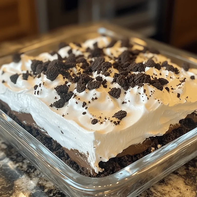 - 24 Oreo cookies, crushed - 1/2 cup unsalted butter, melted - 1 (8 oz) package cream cheese, softened - 1/2 cup powdered sugar - 1 tsp vanilla extract - 1 cup whipped cream (or Cool Whip) - 1 cup chocolate pudding mix - 2 cups milk - Extra crushed Oreos for topping This No-Bake Oreo Delight is a simple dessert that everyone loves. To make it, you will need some key ingredients that create rich flavors and creamy textures. First, grab 24 Oreo cookies. These give our dessert its signature taste. Crush them into fine pieces to form the base of our treat. Next, you need 1/2 cup of unsalted butter. This will help bind the crushed Oreos together. You will also need 1 (8 oz) package of softened cream cheese. This adds a creamy layer that balances the sweetness. Mix in 1/2 cup of powdered sugar for a touch of sweetness. A teaspoon of vanilla extract will enhance the flavor. For that light and fluffy texture, use 1 cup of whipped cream or Cool Whip. You’ll also need 1 cup of chocolate pudding mix mixed with 2 cups of milk. This creates a rich pudding layer on top. Lastly, keep some extra crushed Oreos for topping. They add a nice crunch. With these ingredients, you can create a delightful dessert that’s perfect for any occasion. - First, crush 24 Oreo cookies in a bowl. You can use a rolling pin or a food processor. - Next, melt 1/2 cup of unsalted butter in the microwave. - Combine the crushed cookies and melted butter. Stir until it looks like wet sand. - Now, press this mixture firmly into the bottom of a 9x9 inch baking dish. Make sure it's even. - Take 8 oz of softened cream cheese and beat it in a bowl until smooth. - Gradually mix in 1/2 cup of powdered sugar and 1 tsp of vanilla extract. Stir until well combined. - Fold in 1 cup of whipped cream gently. This makes the layer light and fluffy. - Spread this cream cheese mix evenly over the crust in the baking dish. - Prepare 1 cup of chocolate pudding mix by following the package instructions. Use 2 cups of milk. - Allow the pudding to thicken for a few minutes. - Once it's ready, pour the pudding over the cream cheese layer. Spread it evenly with a spatula. - For a fun touch, sprinkle extra crushed Oreos on top of the pudding layer. This adds crunch and looks great! - Finally, cover the dish with plastic wrap. Refrigerate for at least 4 hours. This helps it set completely. - After chilling, cut into squares and serve it chilled. Enjoy your No-Bake Oreo Delight! To get the best creamy texture, make sure to soften the cream cheese first. This helps it mix smoothly into the dessert. When you fold in the whipped cream, do it gently. This keeps the light and airy texture intact. This dessert shines at parties and gatherings. It’s easy to serve and loved by all. Always serve it chilled for the best taste. This makes every bite refreshing and delightful. You can make this dessert even more fun! Try adding chocolate chips or nuts for extra crunch. If you want to switch things up, swap Oreo cookies for other cookie varieties. You can use chocolate chip cookies or even peanut butter cookies. {{image_2}} You can change up the flavor of your No-Bake Oreo Delight by using different types of Oreos. Here are two tasty options: - Mint Oreo version: Mint Oreos add a fresh twist. They give a cool flavor that mixes well with cream cheese. Just swap regular Oreos for Mint Oreos in the crust and topping. - Peanut Butter Oreo twist: Peanut Butter Oreos bring a rich, nutty taste. Use them in place of regular Oreos for a fun change. The creamy peanut butter flavor pairs nicely with the other layers. If you want a dairy-free version, you can still enjoy this dessert! Here's how: - Substitute regular cream cheese with dairy-free cream cheese. This keeps the creamy texture. - Use dairy-free whipped topping instead of regular whipped cream. This makes it light and fluffy. For those who need a gluten-free dessert, this recipe can easily adapt: - Use gluten-free Oreo cookies instead of regular ones. They taste just as good! This way, everyone can enjoy this treat without allergies. You can keep No-Bake Oreo Delight in the fridge for up to five days. Make sure to cover it well with plastic wrap or a lid. This helps keep it fresh and tasty. The cool air in the fridge will help the layers stay firm. If you want to freeze the dessert, slice it into squares first. Wrap each piece tightly in plastic wrap. Then, place them in an airtight container. This helps avoid freezer burn. You can freeze it for up to two months. To thaw, just place it in the fridge overnight before serving. When you’re ready to serve, take it out of the fridge or freezer. Let it sit at room temperature for about 10 minutes. This makes it easier to cut and eat. For the best taste, serve it chilled. Don't forget to add extra crushed Oreos on top for a fun crunch! To make No-Bake Oreo Delight, start by crushing 24 Oreo cookies. Mix these with 1/2 cup of melted unsalted butter until it looks like wet sand. Press this mixture into a 9x9 inch baking dish. This forms your crust. In another bowl, beat 1 package of softened cream cheese. Add 1/2 cup of powdered sugar and 1 tsp of vanilla extract to it. Mix until smooth. Fold in 1 cup of whipped cream. Spread this onto the crust. Next, prepare 1 cup of chocolate pudding mix with 2 cups of milk. Once thick, pour the pudding over the cream cheese layer. Finish by topping with extra crushed Oreos. Cover and chill for at least 4 hours before serving. Yes, you can use other cookies! Try chocolate chip cookies for a twist. Vanilla wafers give a light taste. Peanut butter cookies add a rich flavor. Any cookie you like can work. Just crush them and replace the Oreos in the crust. This keeps the fun and taste of the dessert. The dessert takes about 4 hours to chill. This time allows it to firm up nicely. Factors that can affect setting include your fridge's temperature and how thick your layers are. A colder fridge can speed up the setting time. Always check before serving to ensure it's fully chilled. Yes, you can make No-Bake Oreo Delight ahead of time! It actually tastes better when it sits. Prepare it the day before your event. Just cover it well with plastic wrap. This keeps it fresh. You can serve it straight from the fridge for best taste. This dessert combines Oreo cookies, cream cheese, and chocolate pudding for rich flavor. You can use various Oreos or adapt it for dietary needs. Remember to soften the cream cheese for the best texture. Chill before serving to enhance taste. With simple steps, you can impress at gatherings. Enjoy making your own No-Bake Oreo Delight with your favorite twists!