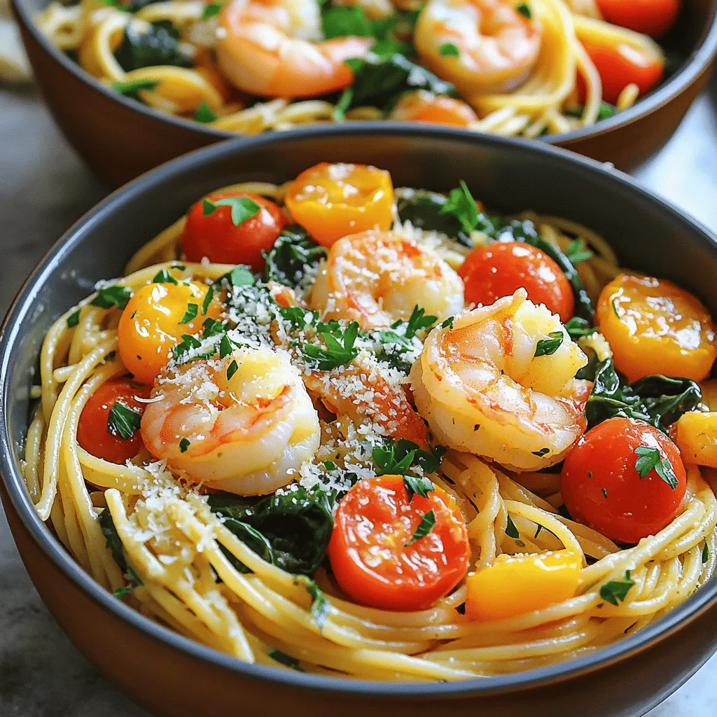 - 8 ounces spaghetti or fettuccine - 1 pound large shrimp, peeled and deveined - 4 tablespoons unsalted butter - 4 cloves garlic, minced - 1 teaspoon red pepper flakes (optional) - 2 cups chicken or vegetable broth - 1 cup cherry tomatoes, halved - 1 cup fresh spinach - 1 tablespoon lemon juice - Salt and pepper to taste - Fresh parsley, chopped (for garnish) - Grated Parmesan cheese (for serving) Gathering the right ingredients is key for this dish. First, you need the pasta, which can be either spaghetti or fettuccine. The choice is yours! Next, grab a pound of large shrimp. Make sure they are peeled and deveined for easy cooking. For the base flavor, we’ll use unsalted butter and fresh garlic. The butter adds richness, while the garlic gives a wonderful aroma. If you like a bit of heat, add red pepper flakes. They are optional but can spice things up. You’ll also need chicken or vegetable broth to cook the pasta. The broth infuses flavor into the noodles, making them taste great. Cherry tomatoes add sweetness and color. Fresh spinach makes the dish healthier and adds a nice pop of green. Finally, for seasoning, we have lemon juice, salt, and pepper. Fresh parsley is perfect for garnish, and grated Parmesan cheese is a must for serving. Each ingredient plays a role in making this one-pot meal shine. 1. First, melt 2 tablespoons of butter in a large pot over medium-high heat. 2. Next, add the minced garlic and red pepper flakes. Sauté them for about one minute. The aroma will be amazing! 3. Now, add 1 pound of large shrimp to the pot. Season them with salt and pepper. 4. Cook the shrimp for about 2 to 3 minutes. They should turn pink. Remove them from the pot and set aside. 1. In the same pot, pour in 2 cups of chicken or vegetable broth. Bring it to a simmer. 2. Add 8 ounces of spaghetti or fettuccine to the pot. Cook according to the package instructions, usually 8 to 10 minutes. Stir occasionally. 3. About 3 minutes before the pasta is done, toss in 1 cup of halved cherry tomatoes and 1 cup of fresh spinach. Cook until the spinach wilts and tomatoes soften. 1. Once the pasta is cooked, return the shrimp to the pot. 2. Add the remaining 2 tablespoons of butter and 1 tablespoon of lemon juice. 3. Toss everything gently until the butter melts and the shrimp warm through. 4. Taste the dish and adjust seasoning with more salt, pepper, or lemon juice if you like. This one-pot meal is quick and full of flavor! Enjoy making this dish. To avoid overcooking shrimp, watch the color. Cook them until they turn pink. This usually takes about 2-3 minutes. If the shrimp curl tightly, they are overcooked. Always remove them from heat once done to keep them tender. For pasta, I like spaghetti or fettuccine. Both types soak up the sauce well. They also blend nicely with the shrimp. You can use whole wheat or gluten-free pasta for healthy swaps. Just adjust the cooking time as needed. For side dishes, I recommend a fresh green salad. A simple Caesar salad pairs well too. Steamed veggies, like broccoli or asparagus, add color and nutrients. When it comes to wine, a chilled white wine works best. Try a Sauvignon Blanc or Pinot Grigio. If you prefer red, a light Pinot Noir is a nice choice. For plating, use deep bowls to serve the pasta. This helps keep the sauce contained. Top each bowl with fresh parsley and grated Parmesan. It adds a pop of color and flavor. To create an appealing visual display, arrange shrimp on top of the pasta. Scatter cherry tomatoes for a bright touch. Drizzle with a bit of olive oil for shine. This makes your dish look gourmet and inviting. {{image_2}} You can make this dish your own with simple swaps. Instead of shrimp, try chicken or tofu. Both options add protein and flavor. For a gluten-free meal, use gluten-free pasta. Many brands offer great taste and texture. Want to boost the flavor? Add fresh herbs like basil or parsley. A sprinkle of oregano or thyme can bring a nice touch too. You can also toss in veggies like bell peppers or zucchini. They add color and nutrition to your meal. If you're looking for vegan options, replace shrimp with chickpeas or mushrooms. Use vegan butter instead of regular butter. You can also reduce calories by cutting down on butter or using less pasta. These changes keep the dish light and tasty. To store leftovers, place the pasta in an airtight container. This keeps the dish fresh and prevents drying. Refrigerate it right away. Leftovers stay good for up to three days. Make sure to reheat it on low heat. Add a splash of broth or water to keep it moist. Stir gently to mix everything well. To freeze, use a freezer-safe container. Portion it into smaller servings to make it easy to thaw. Leave space at the top, as the pasta expands when frozen. For thawing, move the container to the fridge overnight. You can also use the microwave for quick thawing. Reheat on low heat, adding a bit of broth or water to keep it creamy. You can prep this dish ahead of time for busy nights. Cook the shrimp and pasta but leave out the spinach and tomatoes. These ingredients are best fresh. Portion the meal into containers for easy grab-and-go meals. You can add fresh spinach and tomatoes right before serving. This way, the flavors stay bright and tasty. You can use spaghetti or fettuccine. Both types work well. They cook evenly and soak up the sauce nicely. If you want a twist, try whole wheat or gluten-free pasta. Just check the cooking time on the package. Absolutely! If you prefer less heat, leave out the red pepper flakes. You can also use less if you want a mild flavor. This dish is flexible and allows for personal taste. Add veggies like bell peppers, zucchini, or broccoli. They boost color and nutrients. You can also toss in some avocado for healthy fats. This adds creaminess to the dish without extra calories. Pair your pasta with a light salad or garlic bread. A fresh Caesar salad complements the shrimp well. For drinks, a crisp white wine or sparkling water works great. To prep this dish ahead, cook the pasta and shrimp separately. Store them in airtight containers. When ready to eat, combine them with the sauce on the stove. This keeps everything fresh and tasty. This dish, One-Pot Garlic Butter Shrimp Pasta, is simple and tasty. We covered the main and additional ingredients, plus seasonings. You learned how to prepare shrimp and pasta together. I shared tips on cooking, serving, and presentation. Variations offer fun twists, and storage ideas keep leftovers fresh. In the end, you can enjoy this quick meal any night. Happy cooking!