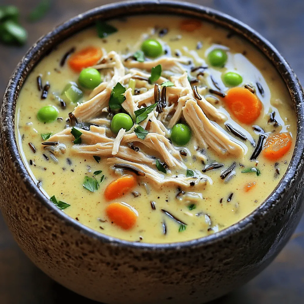 - 1 lb boneless, skinless chicken breasts - 1 cup wild rice blend - 1 medium onion, diced - 3 cloves garlic, minced - 3 medium carrots, diced - 3 stalks celery, diced The main ingredients create the heart of this soup. The chicken gives it protein, while the wild rice blend adds texture and flavor. The vegetables, like onion, garlic, carrots, and celery, provide depth and sweetness. Together, they make a comforting mix. - 4 cups low-sodium chicken broth - 2 cups coconut milk (or heavy cream) - 1 teaspoon dried thyme - 1 teaspoon dried rosemary - 1 bay leaf - Salt and pepper to taste Seasonings elevate the soup's taste. The chicken broth adds a savory base. Coconut milk or heavy cream brings creaminess and richness. Dried thyme and rosemary add fragrant notes. Don't forget salt and pepper for balance. - Fresh parsley, chopped - 1 cup frozen peas Garnishes brighten the dish. Fresh parsley adds color and freshness. Frozen peas offer a sweet bite. These simple touches make your soup look and taste great. To start, layer the chicken first. Place the boneless, skinless chicken breasts at the bottom of your slow cooker. This keeps the chicken moist while cooking. Next, add the wild rice blend, diced onion, garlic, carrots, and celery on top of the chicken. These veggies bring flavor and texture to the soup. After that, pour in the low-sodium chicken broth. This adds depth to the dish. Add dried thyme, rosemary, bay leaf, salt, and pepper. Stir gently to combine without disturbing the chicken too much. This step ensures all flavors mix well. Now, it's time to cook! You can choose low or high settings. Cooking on low for 6-7 hours gives the best flavor. If you're short on time, high for 4 hours works too. Just check the chicken and rice. They should be cooked through and tender. Keep an eye on the soup as it cooks. The slow cooker holds in heat and moisture well. This means you don’t need to stir often. Just let it do its magic. Once your soup is done, remove the chicken. Shred it using two forks. This makes it easy to mix back in. Return the shredded chicken to the soup for added texture. Next, stir in the coconut milk and frozen peas. This adds creaminess and sweetness. Mix well and let it heat for an extra 15-20 minutes. Taste and adjust seasoning if needed. Don't forget to remove the bay leaf before serving! Enjoy your warm bowl of creamy soup, garnished with fresh chopped parsley. Enhancing with Additional Herbs You can boost flavor by adding fresh herbs. Try adding thyme or parsley right before serving. Fresh herbs add a brighter taste. You can also use herbs like dill or sage for a new twist. The Importance of Seasoning Seasoning is key to great soup. Always taste your soup before serving. Adjust with salt and pepper as needed. A pinch of salt can bring out the flavors. Don’t skip this step! Cooking on the Stovetop or Instant Pot If you don’t have a slow cooker, use a stovetop or Instant Pot. For the stovetop, cook on low heat for about 45 minutes. If you use an Instant Pot, set it to high pressure for 15 minutes. The results will still be delicious! Overcrowding the Slow Cooker Don’t overload your slow cooker. It needs space to cook evenly. Too many ingredients can lead to uneven cooking. Stick to the recipe for best results. Not Shredding the Chicken Properly Shred the chicken well before mixing it back in. Large chunks can make the soup hard to eat. Use two forks to pull it apart easily. This step helps the chicken blend with the soup. {{image_2}} Gluten-Free Options This soup is naturally gluten-free if you use a gluten-free broth. Check the labels on packaged ingredients. Some wild rice blends may contain gluten, so choose carefully. Dairy-Free Modifications For a dairy-free soup, stick with coconut milk. It adds creaminess without dairy. If you want a different flavor, try almond milk or oat milk. Both work well and keep the soup smooth. Different Proteins: Turkey or Vegetables You can swap chicken for turkey if you want a change. Turkey gives a similar taste and texture. For a vegetarian option, use hearty vegetables like mushrooms and lentils. Using Brown or White Rice Feel free to use brown rice or white rice instead of wild rice. Brown rice takes longer to cook, so adjust your cooking time. White rice cooks faster, making it a quick substitute. Adding More Vegetables Boost nutrition by adding more vegetables. Spinach, kale, or bell peppers blend well. Just cut them into small pieces. They cook nicely in the slow cooker. Spicy Kick Options Want some heat? Add a pinch of red pepper flakes or diced jalapeños. They brighten the flavor and make it exciting. Adjust the amount to match your spice level. To store leftovers, place the soup in an airtight container. Make sure to let it cool first. Store it in the fridge. It stays fresh for about three to four days. For freezing, use freezer-safe bags or containers. Leave some space at the top for expansion. The soup can last in the freezer for up to three months. The best way to reheat soup is on the stove. Pour it into a pot and heat over low. Stir often to avoid sticking. If you use a microwave, place it in a bowl. Heat it in short bursts, stirring in between. After freezing, the soup may thicken. You can add a splash of chicken broth or water to thin it out. Heat it gently until warm. In the fridge, this soup lasts three to four days. Always check for any odd smells or changes in color. If it smells off or looks strange, toss it out. Signs of spoilage include mold or a sour smell. When in doubt, it's best to throw it away. Always prioritize your health and safety when storing food. You can reduce calories and fat in this soup. Use less coconut milk or replace it with low-fat milk. You can also add more vegetables like spinach or kale. Try using skinless chicken thighs for added flavor with less fat. Limit added salt by using low-sodium broth. Yes, you can make this soup ahead of time. Cook the soup as directed, then cool it down. Store it in the fridge for up to three days. For longer storage, freeze it after cooling. When ready to eat, just reheat and enjoy! This soup pairs well with many sides. Try crusty bread or rolls for dipping. A light salad with greens and vinaigrette also complements the soup. For a heartier meal, serve it with roasted vegetables. These options will enhance your dining experience! This recipe for Slow Cooker Creamy Chicken and Wild Rice Soup combines tasty ingredients and easy steps. By using chicken, vegetables, and creamy broth, you create a warm meal. Remember to select the right seasonings and avoid common mistakes for the best results. Consider variations to match your diet or taste. Lastly, proper storage helps keep your leftovers fresh. Enjoy making this comforting soup and sharing it with others. It is sure to warm your heart and home.