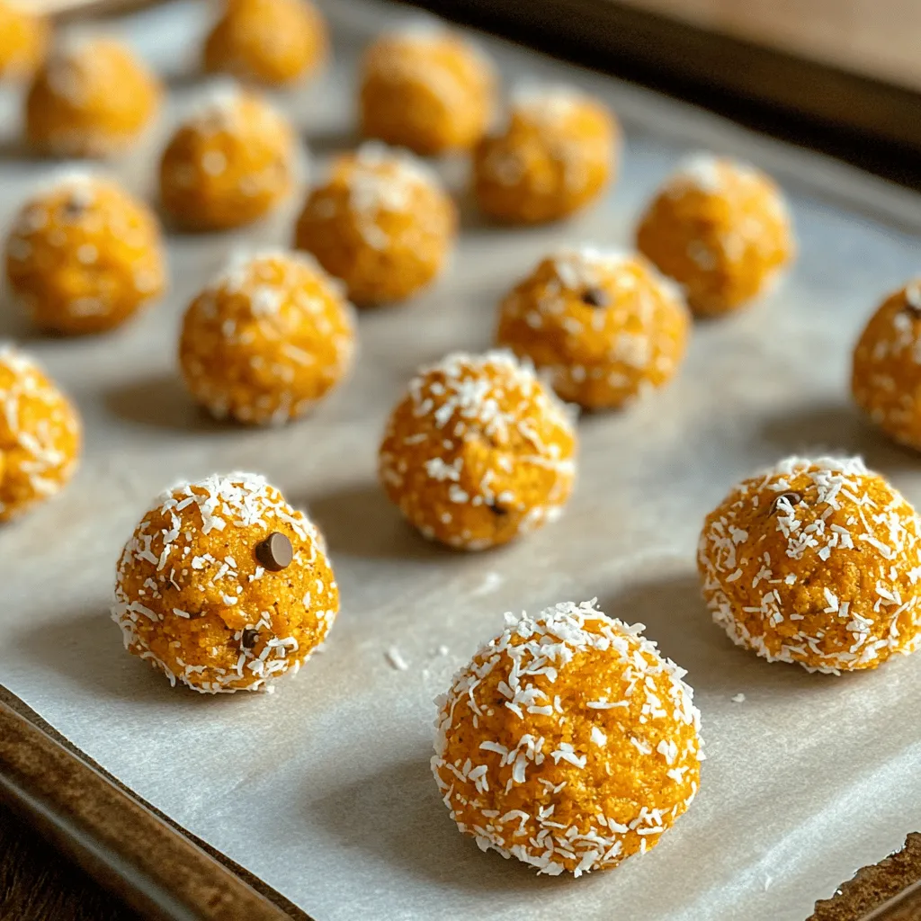 - 1 cup rolled oats - 1/2 cup pumpkin purée - 1/4 cup nut butter (e.g., almond or peanut) - 1/4 cup honey or maple syrup - 1 teaspoon vanilla extract - 1 teaspoon pumpkin pie spice - 1/4 teaspoon salt - 1/2 cup mini chocolate chips or chopped nuts (optional) - Unsweetened shredded coconut for rolling (optional) For my Pumpkin Pie Energy Bites, I use simple, wholesome ingredients. Each component serves a purpose. Rolled oats provide a hearty base. They give great texture and energy. Pumpkin purée adds moisture and flavor. It makes these bites taste like fall in every bite. Nut butter, like almond or peanut, offers healthy fats and creaminess. Honey or maple syrup sweetens naturally, giving a touch of warmth. Vanilla extract brings depth to the flavor. Pumpkin pie spice gives that classic taste we all love. A sprinkle of salt balances the sweetness and enhances all the flavors. Optional ingredients allow you to customize your bites. Mini chocolate chips add a fun twist, while chopped nuts add crunch. If you like coconut, roll the bites in shredded coconut for a tropical vibe. This blend of ingredients creates a snack that's both tasty and healthy. 1. In a large mixing bowl, start by combining the rolled oats, pumpkin purée, nut butter, honey or maple syrup, and vanilla extract. Mix them well until you have a sticky blend. This step is crucial for the bites to hold together. 2. Next, add in the pumpkin pie spice and salt. Stir everything until fully combined. The mixture should feel moist and stick together well. 3. If you want extra texture, fold in the mini chocolate chips or chopped nuts. This adds a fun crunch and sweetness to each bite. Now, let the mixture chill in the fridge for about 30 minutes. This step helps the mixture firm up. A chilled mixture is easier to shape into bites. After chilling, scoop out about a tablespoon of the mixture. Roll it into a ball using your hands. Make sure the balls are compact for the best texture. If you like, you can roll each energy bite in shredded coconut. This adds a nice touch and a bit of extra flavor. Place the energy bites on a parchment-lined baking sheet. Chill them for another 30 minutes to set. Enjoy these tasty treats as a healthy snack! To make your Pumpkin Pie Energy Bites great, the mixture must be sticky. If it's too dry, add a bit more pumpkin purée or nut butter. This will help everything stick together. You want to form nice, round balls. Adjusting sweetness is also key. If you like it sweeter, add more honey or maple syrup. Taste the mix before rolling it into balls. You can change the texture by adding mini chocolate chips or chopped nuts. They add a crunchy bite. A common mistake is overmixing the ingredients. Mix just until combined, then stop. This keeps the bites soft and chewy. Another mistake is skipping the chilling step. Chilling the mixture for 30 minutes helps it firm up. This makes rolling easier and keeps the bites from falling apart. You can make your bites even better by adding mix-ins. Dried fruits like raisins or cranberries work well. Seeds, such as sunflower or chia seeds, add a nice crunch. These extras boost the flavor and nutrition of your energy bites. Get creative and try different combinations! {{image_2}} You can easily adapt these energy bites for different diets. If you need a nut-free option, use seed butter instead of nut butter. Sunflower seed butter works great and adds a nice flavor. For those who avoid gluten, choose certified gluten-free oats. This way, everyone can enjoy the tasty bites. Want to switch things up? You can change the spices or extracts. Try adding cinnamon or ginger for a fun twist. If you love chocolate, mix in some cacao powder. It makes a rich, chocolatey version of these bites, perfect for chocolate lovers. These energy bites are super versatile! You can pair them with yogurt or fresh fruit for a healthy snack. They also make great toppings for smoothie bowls. Just crumble them on top for added crunch and flavor. Enjoy being creative with how you serve these delicious bites! To keep your Pumpkin Pie Energy Bites fresh, store them in an airtight container. Glass jars or plastic containers work well. Place a piece of parchment paper between layers if stacking them. This helps prevent sticking. At room temperature, these bites last about three days. If you want them to last longer, refrigerate them. In the fridge, they stay fresh for up to a week. Freezing is a great way to extend the shelf life of your energy bites. To freeze, place them in a single layer on a baking sheet. This prevents them from sticking together. Once frozen, transfer the bites to a freezer-safe bag or container. They can last up to three months in the freezer. Just label the bag with the date for easy tracking. When you want to enjoy your frozen bites, thaw them in the fridge overnight. This keeps them from getting too warm and mushy. If you're in a hurry, you can leave them at room temperature for about 30 minutes. They will be ready to eat in no time! Pumpkin Pie Energy Bites can last up to one week in the fridge. Store them in an airtight container. This keeps them fresh and tasty. If you freeze them, they can last for about three months. The freezer is great for long-term storage. Yes, you can swap nut butter for seed butter. Sunflower seed butter works well. You can also use tahini if you prefer. Just make sure the substitute has a similar texture. This helps the bites hold together. You can easily double or halve the recipe. If you double it, just use two cups of oats. Halving works the same way; use half the amounts. The energy bites will still taste great, no matter the batch size. Absolutely! These bites are a healthy snack for kids. They are full of nutrients and flavor. Plus, kids love the taste of pumpkin and chocolate. Just make sure there are no nut allergies before serving. These Pumpkin Pie Energy Bites are easy to make and full of flavor. We covered the ingredients, preparation steps, and common mistakes. You can adjust flavors and textures to fit your taste. Storing them properly keeps them fresh longer. Feel free to freeze extras for future snacks. These bites are perfect for a quick treat or a healthy boost. Enjoy making them and share with friends!