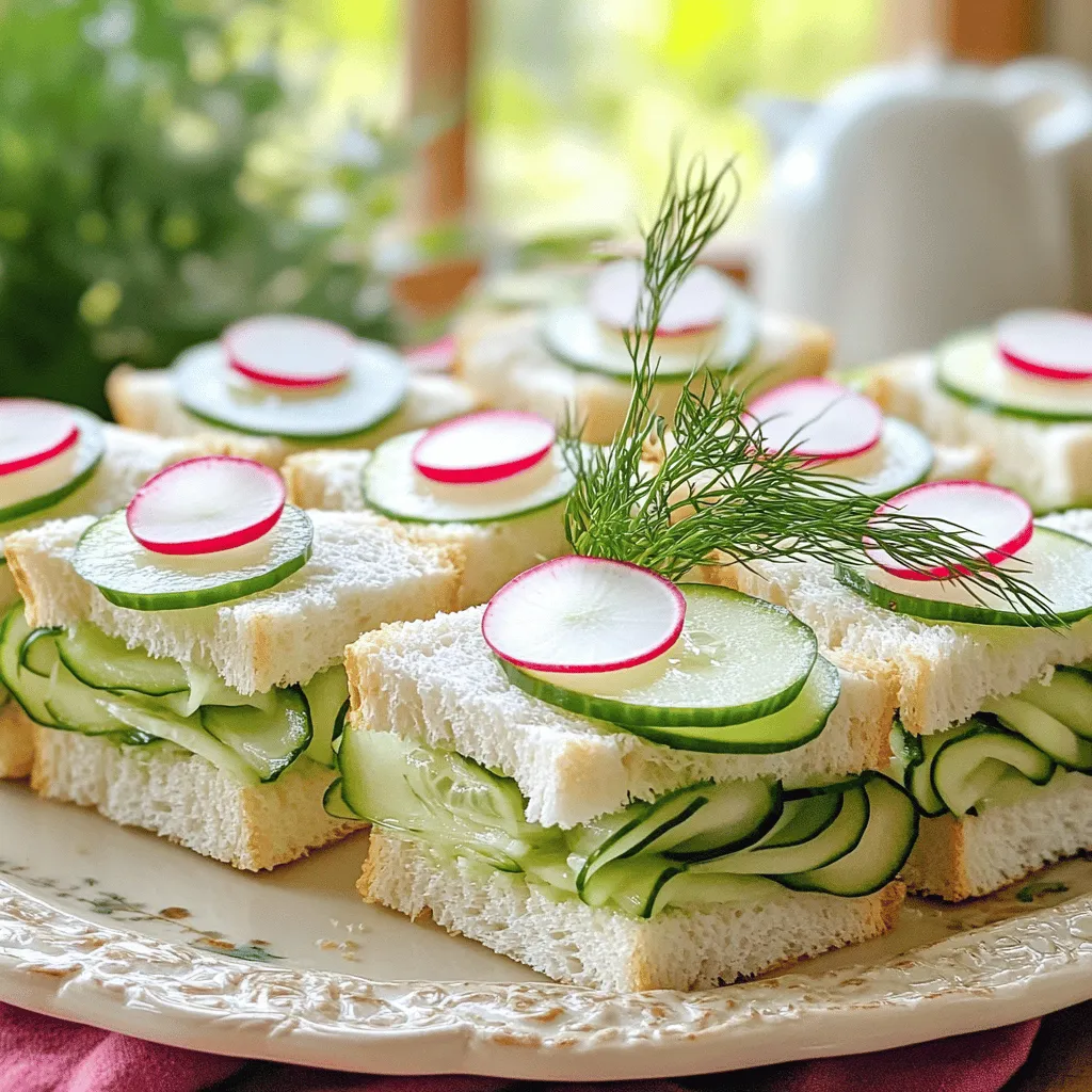 When making elegant garden tea sandwiches, you need simple and fresh ingredients. Here’s what you will need: - 8 slices of soft white bread - 4 oz cream cheese, softened - 1 small cucumber, thinly sliced - 1 small radish, thinly sliced - ½ cup alfalfa sprouts - 2 tablespoons fresh dill, chopped - 1 tablespoon fresh lemon juice - Salt and pepper to taste - 1 avocado, mashed - 1 tablespoon olive oil Each ingredient plays a key role in flavor. The soft white bread is light and easy to bite. Cream cheese adds a rich, creamy base. Fresh vegetables provide crunch and color. The cucumber and radish bring freshness, while alfalfa sprouts add a nice texture. Dill and lemon juice give a bright taste that lifts the flavors. Adding salt and pepper helps to enhance everything. The avocado offers a creamy layer, making the sandwich even better. Olive oil helps the avocado spread more easily. You can also add optional ingredients to mix things up. Try using different herbs, spreads, or cheeses. You can even swap the vegetables for what you have on hand. The key is to keep it fresh and simple, so every bite is delicious. - Laying out the bread Start by laying out 8 slices of soft white bread on a clean surface. Use a cutting board or a plate. Make sure they are flat and ready for filling. - Mixing the cream cheese filling In a bowl, take 4 oz of softened cream cheese. Add 2 tablespoons of fresh dill, 1 tablespoon of lemon juice, salt, and pepper. Mix it well until it is smooth and creamy. This filling adds a fresh taste to your sandwiches. - Assembling the sandwiches Spread an even layer of the cream cheese mixture on 4 slices of bread. Layer thinly sliced cucumbers, alfalfa sprouts, and radish slices on top. Take the remaining slices and spread mashed avocado mixed with 1 tablespoon of olive oil. Place these on top of the veggie layers to form sandwiches. - Trimming and cutting Use a sharp knife to trim the crusts off the sandwiches. This gives them a neat look. You can cut the sandwiches into quarters, triangles, or fingers. Arrange them neatly on a platter. Cover with plastic wrap and refrigerate for at least 2 hours or overnight. This helps the flavors blend well. To make the best tea sandwiches, start with the cream cheese. Use softened cream cheese for easy spreading. If your cream cheese is too firm, it can tear the bread. Mix in fresh dill and lemon juice to add flavor. The salt and pepper will enhance the taste. Next, slice the vegetables thinly. Use a sharp knife for clean cuts. Thin slices of cucumber and radish look nice and taste great. Aim for uniform shapes to keep the look tidy. You can also use a mandoline for even slices if you have one. For a neat presentation, trim the crusts off the sandwiches. This gives a clean look and makes them easy to eat. Cut the sandwiches into quarters, triangles, or fingers. Arrange them on a pretty platter. Garnish with a sprig of dill or extra radish slices for color. This adds a lovely touch to your tea sandwiches and makes them picture-perfect. {{image_2}} You can make tea sandwiches your own with fun fillings. Start by trying different spreads and cheeses. Cream cheese works well, but you can also use goat cheese or hummus. These add a different taste and texture. Next, think about creative vegetable combinations. You could add sliced bell peppers, grated carrots, or even roasted beets. These add color and crunch. You can mix and match vegetables based on what you like. Seasonal ingredients can also bring freshness to your sandwiches. In summer, use ripe tomatoes and basil. In fall, try apple slices with a bit of sharp cheese. Each season gives new flavors to explore. By switching out spreads, veggies, and seasonal items, you keep your tea sandwiches exciting and tasty! To keep your tea sandwiches fresh, follow these simple tips. Refrigeration Guidelines Store your tea sandwiches in the fridge. They taste best when chilled. Use plastic wrap or a container. Wrap each sandwich tightly. This keeps them moist and flavorful. Try to eat them within 24 hours for the best taste. Freezing Tips You can also freeze tea sandwiches. Wrap them well in plastic wrap. Then, place them in a freezer bag. They can last up to a month in the freezer. When you want to eat them, thaw in the fridge overnight. Avoid microwaving them, as this can make the bread soggy. Best Containers for Storage Choose airtight containers for storing your sandwiches. A shallow container works best. This helps keep their shape. If you stack them, add parchment paper between layers. This helps prevent sticking and keeps them looking nice. You can make tea sandwiches up to 24 hours ahead. This time lets flavors mix well. Just keep them covered in the fridge. If you make them too early, the bread may get soggy. Yes, you can use whole grain bread. It adds a nice nutty taste and extra fiber. Just make sure the bread is soft enough to spread the cream cheese easily. The best flavors for tea sandwiches are fresh and light. Some great choices include: - Cucumber and cream cheese - Avocado and lemon - Radish with fresh herbs - Hummus and roasted veggies These flavors work well together and make for tasty bites. This blog post covered how to make delicious tea sandwiches. We talked about the best ingredients, from soft white bread to fresh veggies. You learned how to prepare and assemble them step by step. We shared tips for making your sandwiches neat and tasty. You also discovered different variations and how to store them. Overall, making tea sandwiches is fun and easy. With practice, you can impress your friends and family. Enjoy creating your unique flavors!