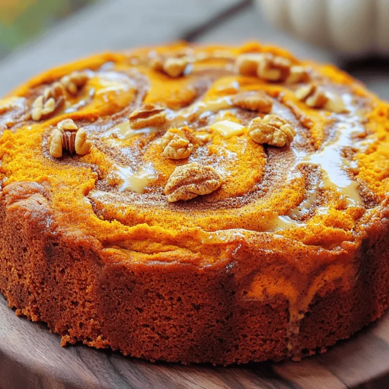 - 1 ½ cups all-purpose flour - 1 tsp baking powder - 1 tsp baking soda - ½ tsp salt - 1 tsp ground cinnamon - ½ tsp ground nutmeg - ½ cup unsalted butter, softened - 1 cup brown sugar, packed - 2 large eggs - 1 cup canned pumpkin puree - ½ cup buttermilk - 1 tsp vanilla extract - ½ cup walnuts or pecans, chopped - 9-inch round cake pan - Parchment paper (optional) - Mixing bowls - Whisk - Knife or skewer - Wire rack Let’s dive into the ingredients for this Pumpkin Coffee Cake with Cinnamon Swirl. Each component plays a key role in flavor and texture. For the main ingredients, you need flour, baking powder, and baking soda. These create the cake’s structure. Salt, cinnamon, and nutmeg add warmth and spice. Unsalted butter and brown sugar make the cake rich and sweet. Eggs help bind everything together. Canned pumpkin puree keeps the cake moist. Buttermilk brings a slight tang, while vanilla adds depth. You can choose to add walnuts or pecans for some crunch. They give a nice contrast to the soft cake. As for equipment, a 9-inch round cake pan is perfect for this recipe. You can line it with parchment paper for easy removal. Basic mixing bowls and a whisk help combine your ingredients. You’ll also need a knife or skewer for the swirling effect. Finally, a wire rack cools your cake once it’s baked. With these ingredients and tools, you’re ready to make a delightful Pumpkin Coffee Cake! First, preheat your oven to 350°F (175°C). This is key for even baking. Next, grease a 9-inch round cake pan. You can also use parchment paper for easy removal. In a medium bowl, combine the dry ingredients. Whisk together 1 ½ cups of flour, 1 teaspoon of baking powder, 1 teaspoon of baking soda, ½ teaspoon of salt, 1 teaspoon of ground cinnamon, and ½ teaspoon of ground nutmeg. Set this bowl aside for later. In a large bowl, cream ½ cup of softened unsalted butter and 1 cup of packed brown sugar. Mix for about 3 to 4 minutes until it becomes light and fluffy. Add 2 large eggs, one at a time, mixing well after each addition. Stir in 1 cup of canned pumpkin puree, ½ cup of buttermilk, and 1 teaspoon of vanilla extract. Mix until everything is well combined. Slowly add the dry mixture to the wet mixture. Stir just until combined. Overmixing can make the cake tough. If you like, fold in ½ cup of chopped walnuts or pecans for added texture. Next, make the cinnamon swirl. In a small bowl, mix ¼ cup of packed brown sugar, 1 teaspoon of ground cinnamon, and 2 tablespoons of melted butter. Stir until you get a paste. Pour half of the cake batter into your prepared pan. Spread the cinnamon mix over the batter. Then, top it with the remaining batter. Use a knife or skewer to gently swirl the cinnamon mix into the batter. This creates a lovely marbled effect. Bake the cake for 35 to 40 minutes. Check with a toothpick; it should come out clean when done. After baking, let the cake cool in the pan for about 10 minutes. Then, transfer it to a wire rack to cool completely. Enjoy the delightful aroma filling your kitchen! To bake a perfect pumpkin coffee cake, follow these tips: - Always measure flour correctly. Use a spoon to fill the measuring cup, then level it off. - Make sure your butter is softened but not melted. This helps create a light texture. - Mix the wet and dry ingredients separately. This prevents overmixing, which can make the cake dense. - Use fresh baking powder and baking soda. Old leavening agents can cause the cake to rise poorly. Keeping your cake moist is key. Here’s how: - Use canned pumpkin puree for moisture. It adds flavor and keeps the cake soft. - Do not overbake. Start checking for doneness a few minutes early. A toothpick should come out clean but not dry. - Adding buttermilk improves moisture. The acidity helps keep the cake tender. While the cake is tasty on its own, you can add fun toppings: - Cream cheese frosting makes a great addition. It adds a tangy balance to the sweet cake. - A sprinkle of powdered sugar gives a nice touch. It adds sweetness without overpowering the cake. - Chopped nuts on top can give a crunchy texture. Walnuts or pecans work well. - Serve with whipped cream for a cozy finish. It pairs perfectly with the pumpkin flavor. {{image_2}} You can make this pumpkin coffee cake gluten-free. Use a gluten-free flour blend that works cup-for-cup. Make sure it has xanthan gum for the right texture. This swap keeps the cake soft and tasty, just like the original. Walnuts and pecans add great crunch. You can mix and match these nuts. If you want a nut-free cake, skip the nuts altogether. The cake remains moist and delicious without them. You could also use chocolate chips for a sweet twist. To make this cake vegan, swap eggs for flax eggs. Mix one tablespoon of ground flaxseed with three tablespoons of water per egg. For buttermilk, use plant-based milk with vinegar or lemon juice. This makes a great vegan version that everyone will love! To keep your pumpkin coffee cake fresh, store leftovers in an airtight container. This will help it stay moist. Place the container in the fridge. The cake can last up to five days this way. If you notice any changes in texture or smell, it's best to discard it. Freezing is a great option if you want to save some cake for later. First, let the cake cool completely. Then, wrap it tightly in plastic wrap. After that, place it in a freezer-safe bag or container. Label it with the date. The cake can be frozen for up to three months. When you're ready to enjoy it, just pull it out and let it thaw in the fridge overnight. To reheat your cake, preheat your oven to 350°F (175°C). Place the cake on a baking sheet. Cover it loosely with foil to prevent it from drying out. Heat for about 10-15 minutes. If you want a quick option, you can use the microwave. Just warm a slice for about 15-20 seconds. Enjoy it warm for the best taste! Yes, you can use fresh pumpkin. Just cook and mash it well. This gives a richer taste. Fresh pumpkin can have more water, so drain it if it's too wet. You can make a quick buttermilk substitute. Just mix one cup of milk with one tablespoon of vinegar or lemon juice. Let it sit for five minutes. This will give you a nice tangy flavor. The cake lasts about three to four days at room temperature. Keep it in an airtight container. This helps keep it moist and fresh. Yes, you can make this cake in advance. Bake it, let it cool, and store it properly. You can keep it in the fridge for up to a week. Just warm it up before serving for the best taste. We covered the ingredients, steps, and tips for making your cake. I shared options for how to adapt your recipe to fit dietary needs. You learned the best ways to store leftovers and keep your cake fresh. These tips ensure a delicious experience every time you bake. Remember, baking is a fun journey of learning and creativity! Enjoy your delicious cake and don’t hesitate to try new variations. Happy baking!