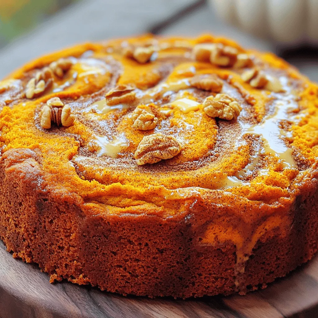 - 1 ½ cups all-purpose flour - 1 tsp baking powder - 1 tsp baking soda - ½ tsp salt - 1 tsp ground cinnamon - ½ tsp ground nutmeg - ½ cup unsalted butter, softened - 1 cup brown sugar, packed - 2 large eggs - 1 cup canned pumpkin puree - ½ cup buttermilk - 1 tsp vanilla extract - ½ cup walnuts or pecans, chopped - 9-inch round cake pan - Parchment paper (optional) - Mixing bowls - Whisk - Knife or skewer - Wire rack Let’s dive into the ingredients for this Pumpkin Coffee Cake with Cinnamon Swirl. Each component plays a key role in flavor and texture. For the main ingredients, you need flour, baking powder, and baking soda. These create the cake’s structure. Salt, cinnamon, and nutmeg add warmth and spice. Unsalted butter and brown sugar make the cake rich and sweet. Eggs help bind everything together. Canned pumpkin puree keeps the cake moist. Buttermilk brings a slight tang, while vanilla adds depth. You can choose to add walnuts or pecans for some crunch. They give a nice contrast to the soft cake. As for equipment, a 9-inch round cake pan is perfect for this recipe. You can line it with parchment paper for easy removal. Basic mixing bowls and a whisk help combine your ingredients. You’ll also need a knife or skewer for the swirling effect. Finally, a wire rack cools your cake once it’s baked. With these ingredients and tools, you’re ready to make a delightful Pumpkin Coffee Cake! First, preheat your oven to 350°F (175°C). This is key for even baking. Next, grease a 9-inch round cake pan. You can also use parchment paper for easy removal. In a medium bowl, combine the dry ingredients. Whisk together 1 ½ cups of flour, 1 teaspoon of baking powder, 1 teaspoon of baking soda, ½ teaspoon of salt, 1 teaspoon of ground cinnamon, and ½ teaspoon of ground nutmeg. Set this bowl aside for later. In a large bowl, cream ½ cup of softened unsalted butter and 1 cup of packed brown sugar. Mix for about 3 to 4 minutes until it becomes light and fluffy. Add 2 large eggs, one at a time, mixing well after each addition. Stir in 1 cup of canned pumpkin puree, ½ cup of buttermilk, and 1 teaspoon of vanilla extract. Mix until everything is well combined. Slowly add the dry mixture to the wet mixture. Stir just until combined. Overmixing can make the cake tough. If you like, fold in ½ cup of chopped walnuts or pecans for added texture. Next, make the cinnamon swirl. In a small bowl, mix ¼ cup of packed brown sugar, 1 teaspoon of ground cinnamon, and 2 tablespoons of melted butter. Stir until you get a paste. Pour half of the cake batter into your prepared pan. Spread the cinnamon mix over the batter. Then, top it with the remaining batter. Use a knife or skewer to gently swirl the cinnamon mix into the batter. This creates a lovely marbled effect. Bake the cake for 35 to 40 minutes. Check with a toothpick; it should come out clean when done. After baking, let the cake cool in the pan for about 10 minutes. Then, transfer it to a wire rack to cool completely. Enjoy the delightful aroma filling your kitchen! To bake a perfect pumpkin coffee cake, follow these tips: - Always measure flour correctly. Use a spoon to fill the measuring cup, then level it off. - Make sure your butter is softened but not melted. This helps create a light texture. - Mix the wet and dry ingredients separately. This prevents overmixing, which can make the cake dense. - Use fresh baking powder and baking soda. Old leavening agents can cause the cake to rise poorly. Keeping your cake moist is key. Here’s how: - Use canned pumpkin puree for moisture. It adds flavor and keeps the cake soft. - Do not overbake. Start checking for doneness a few minutes early. A toothpick should come out clean but not dry. - Adding buttermilk improves moisture. The acidity helps keep the cake tender. While the cake is tasty on its own, you can add fun toppings: - Cream cheese frosting makes a great addition. It adds a tangy balance to the sweet cake. - A sprinkle of powdered sugar gives a nice touch. It adds sweetness without overpowering the cake. - Chopped nuts on top can give a crunchy texture. Walnuts or pecans work well. - Serve with whipped cream for a cozy finish. It pairs perfectly with the pumpkin flavor. {{image_2}} You can make this pumpkin coffee cake gluten-free. Use a gluten-free flour blend that works cup-for-cup. Make sure it has xanthan gum for the right texture. This swap keeps the cake soft and tasty, just like the original. Walnuts and pecans add great crunch. You can mix and match these nuts. If you want a nut-free cake, skip the nuts altogether. The cake remains moist and delicious without them. You could also use chocolate chips for a sweet twist. To make this cake vegan, swap eggs for flax eggs. Mix one tablespoon of ground flaxseed with three tablespoons of water per egg. For buttermilk, use plant-based milk with vinegar or lemon juice. This makes a great vegan version that everyone will love! To keep your pumpkin coffee cake fresh, store leftovers in an airtight container. This will help it stay moist. Place the container in the fridge. The cake can last up to five days this way. If you notice any changes in texture or smell, it's best to discard it. Freezing is a great option if you want to save some cake for later. First, let the cake cool completely. Then, wrap it tightly in plastic wrap. After that, place it in a freezer-safe bag or container. Label it with the date. The cake can be frozen for up to three months. When you're ready to enjoy it, just pull it out and let it thaw in the fridge overnight. To reheat your cake, preheat your oven to 350°F (175°C). Place the cake on a baking sheet. Cover it loosely with foil to prevent it from drying out. Heat for about 10-15 minutes. If you want a quick option, you can use the microwave. Just warm a slice for about 15-20 seconds. Enjoy it warm for the best taste! Yes, you can use fresh pumpkin. Just cook and mash it well. This gives a richer taste. Fresh pumpkin can have more water, so drain it if it's too wet. You can make a quick buttermilk substitute. Just mix one cup of milk with one tablespoon of vinegar or lemon juice. Let it sit for five minutes. This will give you a nice tangy flavor. The cake lasts about three to four days at room temperature. Keep it in an airtight container. This helps keep it moist and fresh. Yes, you can make this cake in advance. Bake it, let it cool, and store it properly. You can keep it in the fridge for up to a week. Just warm it up before serving for the best taste. We covered the ingredients, steps, and tips for making your cake. I shared options for how to adapt your recipe to fit dietary needs. You learned the best ways to store leftovers and keep your cake fresh. These tips ensure a delicious experience every time you bake. Remember, baking is a fun journey of learning and creativity! Enjoy your delicious cake and don’t hesitate to try new variations. Happy baking!