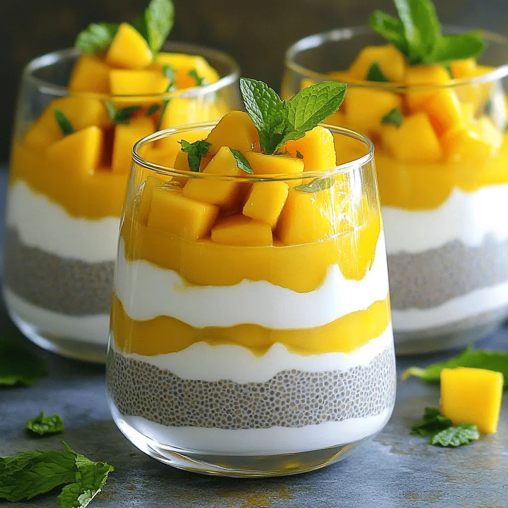 To make Coconut Mango Chia Pudding Parfaits, you need some simple ingredients. Here’s the list you’ll need: - 1 cup coconut milk (canned or carton) - 1/4 cup chia seeds - 2 tablespoons maple syrup (or honey) - 1 teaspoon vanilla extract - 1 large ripe mango, diced - 1/2 cup Greek yogurt (or coconut yogurt for a dairy-free option) - Fresh mint leaves for garnish Each ingredient plays a vital role in your parfait. The coconut milk gives a rich, creamy base. Chia seeds add a nice texture and thickness. Sweeteners like maple syrup or honey bring just the right sweetness. The vanilla extract adds a warm, inviting flavor. Ripe mango gives the parfait a bright and fruity taste. Greek yogurt adds creaminess and a bit of protein. Lastly, fresh mint leaves not only look great but also add a fresh touch. With these ingredients, you can create a delicious, layered dessert that is satisfying and healthy. Enjoy crafting this tropical delight! First, grab a bowl. Add the coconut milk, chia seeds, maple syrup, and vanilla extract. Whisk these ingredients together until smooth. Make sure there are no lumps. Next, let the mixture sit for about 10 minutes. This step is key. It allows the chia seeds to absorb some liquid. After 10 minutes, whisk again to stop clumping. Now, cover the bowl tightly. Place it in the fridge for at least 2 hours or overnight. This waiting time thickens the pudding, making it creamy and delicious. Once the pudding is ready, take out the bowl. Stir it well to ensure it is smooth. Now, grab some serving glasses. Start with a layer of chia pudding at the bottom of each glass. Use about a quarter of the pudding for each parfait. Next, add a layer of diced mango on top. Spread it evenly so each spoonful has mango. Spoon a layer of Greek yogurt on top of the mango. Smooth it out gently. Repeat these layers until the glasses are full. Finish with a layer of mango on top. This makes it look pretty and tasty. For a final touch, add fresh mint leaves. They add nice color and flavor. Enjoy your beautiful Coconut Mango Chia Pudding Parfaits! To make the best chia pudding, you must prevent clumping. After mixing the coconut milk, chia seeds, maple syrup, and vanilla, let it sit for about 10 minutes. This step lets the seeds absorb some liquid. Stir the mixture again to break any clumps. This will help create a smooth pudding. Refrigeration time is key. I recommend chilling the pudding for at least 2 hours. For best results, leave it overnight. The longer it sits, the thicker it becomes. This waiting period allows the seeds to expand fully, giving you that perfect texture. Choosing the right glassware makes a big difference. Use clear glasses to show off the beautiful layers of the parfait. I love using tall glasses. They create a stunning visual effect. You can also use small mason jars for a rustic look. When it comes to garnishes, fresh mint leaves are a must. They add color and fresh flavor. You can also drizzle extra coconut milk on top for a nice finishing touch. Feel free to sprinkle some extra diced mango for added sweetness and a pop of color. {{image_2}} You can play with different fruits in this recipe. Mango shines, but other tropical fruits work great too. Try pineapple, kiwi, or passion fruit for a twist. Each fruit adds a unique flavor and color. You can also use seasonal fruits. In summer, berries like strawberries or blueberries are a lovely choice. In fall, apples or pears can add warmth to your parfait. The possibilities are endless, so feel free to get creative! For those who follow a vegan diet, swap Greek yogurt for coconut yogurt. This keeps the parfait creamy and delicious. Use maple syrup as your sweetener, which is already vegan-friendly. If you're watching your sugar, you can cut back on sweeteners. Use less maple syrup or try a sugar substitute. You can also skip the yogurt for a lighter option. This way, you still keep your parfait tasty and healthy! To keep your Coconut Mango Chia Pudding Parfaits fresh, store them in the fridge. Use airtight containers to prevent air from spoiling them. The parfaits can stay fresh for up to three days in the fridge. Coconut milk is best used within a week of opening. Chia seeds can last for about two years if stored in a cool, dry place. Diced mango should be used within two days for the best taste and texture. You can make the chia pudding a day ahead. This saves time and allows the flavors to blend well. Just remember to let it sit in the fridge for at least two hours or overnight. Freezing parfaits is not the best idea. The yogurt and fruit may change texture when thawed. If you want to prepare ahead, focus on storing the chia pudding and mango separately. You can layer them fresh when ready to serve. To make the pudding thicker, add more chia seeds. You can use 1/3 cup instead of 1/4 cup. Mix it well with the coconut milk and let it sit longer in the fridge. This gives the chia seeds more time to swell. Yes, you can substitute coconut milk. Almond milk or oat milk work well too. However, these options will change the flavor a bit. Choose what you like best! Each serving has about 200 calories. It includes healthy fats from coconut and omega-3s from chia seeds. The yogurt adds protein and probiotics too. This parfait is a great snack! Parfaits last about 3 days in the fridge. Keep them covered to stay fresh. If you use fresh fruit, add it just before serving for the best taste. This blog post covered making delicious chia pudding parfaits. We explored key ingredients like coconut milk and mango, plus sweeteners and yogurt choices. You learned step-by-step instructions for mixing and layering. I shared tips for perfect pudding texture and ideas for presentation. We also looked at variations for different fruits and diets. Lastly, I provided storage tips to keep your parfaits fresh. Remember, making these parfaits is simple and fun. Enjoy creating your tasty treats!