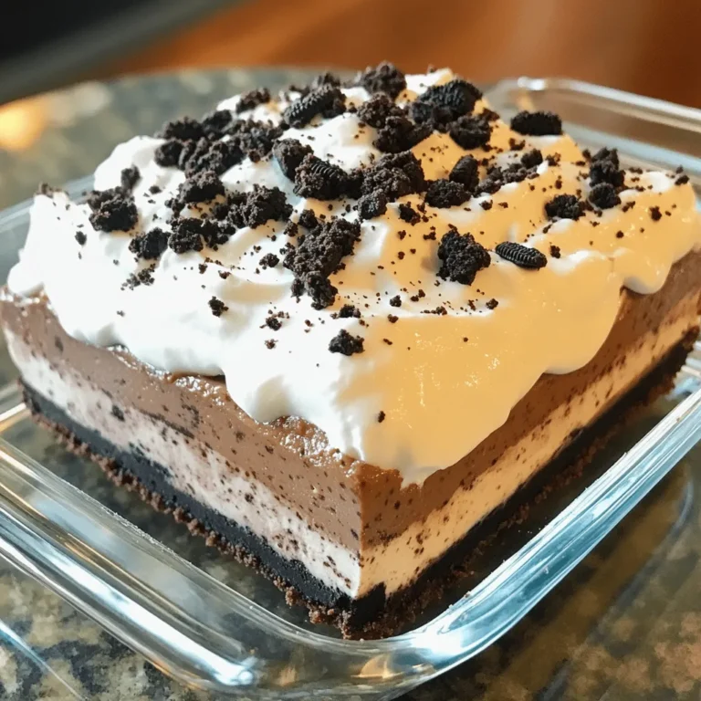 - 24 Oreo cookies (regular or double-stuffed) - ½ cup unsalted butter, melted - 1 cup cream cheese, softened - 1 cup powdered sugar - 2 cups whipped topping (like Cool Whip) - 1½ cups chocolate pudding (instant or homemade) - 2 cups whole milk (for pudding) - Extra crushed Oreo cookies for garnish Choosing the right type of Oreo is key. Regular Oreos work great, but double-stuffed gives more cream. The cream cheese should be full-fat for the best taste. I recommend brands like Philadelphia for cream cheese. For whipped topping, use Cool Whip or a similar brand. These will make your layers smooth and tasty. Quality ingredients really shine in this dessert. To start, take 24 Oreo cookies. You can use regular or double-stuffed. Place them in a food processor. Crush the cookies into fine crumbs. It should look like dirt or sand. Next, take a medium bowl. Mix the crushed Oreos with ½ cup of melted butter. Stir until combined well. This mixture will form the crust. Now, let’s make the cheesecake layer. Grab a large mixing bowl. Add 1 cup of softened cream cheese. Beat it with an electric mixer until smooth. Slowly add 1 cup of powdered sugar. Mix until it is all combined. Carefully fold in 2 cups of whipped topping. This makes it light and fluffy. It’s time to assemble! Take the crust from the fridge. Spread the cheesecake mixture evenly over the crust. Smooth it out gently with a spatula. Next, make the chocolate pudding. In another bowl, whisk together 1½ cups of chocolate pudding mix and 2 cups of whole milk. Whisk until it thickens, about two minutes. Spread the chocolate pudding evenly over the cheesecake layer. Now, let’s add the final touches. Spread the remaining whipped topping over the pudding layer. Make sure it is smooth and even. Finally, place the dessert in the fridge. Chill it for at least 4 hours. For best results, chill overnight. This will help all the layers set nicely. To ensure a smooth cheesecake layer, start with room temperature cream cheese. This helps it mix better. Beat it well until it is creamy and free of lumps. Gradually add powdered sugar. Mix until fully blended. Gently fold in the whipped topping. This keeps it light and fluffy. For the pudding, stir the mix into the milk slowly. Whisk it for about two minutes until it thickens. If you see lumps, keep whisking. You want a creamy texture with no clumps. For a pretty presentation, cut the dessert into neat squares. Place each square on a dessert plate. Drizzle some chocolate syrup around the plate for flair. You can also sprinkle extra crushed Oreos on top for added crunch. This gives it a nice finish and extra taste. If your pudding is too runny, try adding a bit more pudding mix. Whisk it in and let it sit a few more minutes. This will help it thicken. If you notice layer separation, ensure that each layer is fully set before adding the next. Chill the dessert long enough. It should be firm before serving. {{image_2}} You can easily change the flavor of your No-Bake Oreo Delight. Try using different pudding flavors. Vanilla, butterscotch, or even strawberry can work well. Each choice adds a unique taste to the dessert. You can also add fresh fruit. Sliced strawberries or bananas on top can add a nice touch. Drizzle some chocolate or caramel sauce for extra sweetness. If you need gluten-free options, choose gluten-free Oreo cookies. They taste just as good and keep the dessert intact. For vegan options, swap the cream cheese for a plant-based cream cheese. Use coconut whipped cream instead of regular whipped topping. You can also find vegan chocolate pudding mixes in stores. Get creative with your layers! You can add crushed candies or nuts between the layers. Chopped Snickers or crushed peanuts can add a fun crunch. If you love peanut butter, mix it into the cream cheese layer. For a sweeter twist, drizzle caramel sauce in the layers. These ideas can make your dessert even more special. Store your No-Bake Oreo Delight in the fridge. Use an airtight container to keep it fresh. You can also cover it with plastic wrap. This dessert is best served cold. If you want to freeze it, cut it into squares first. Wrap each piece in plastic wrap. Then, place them in a freezer-safe bag. This makes it easy to enjoy later. Just thaw it in the fridge before serving. In the fridge, No-Bake Oreo Delight lasts about 3 to 5 days. Keep an eye on it to enjoy it at its best. Look for signs of spoilage, like an off smell or a change in texture. If it seems watery or has mold, it’s time to toss it. Always trust your senses! Yes, you can make No-Bake Oreo Delight ahead of time. This dessert actually tastes better after chilling. I suggest making it the night before. Store it in the fridge. Cover it well with plastic wrap or a lid. It will stay fresh and delicious for up to three days. If you don’t have whipped topping, don’t worry! You can use homemade whipped cream instead. Just whip heavy cream until it forms soft peaks. You can also use Greek yogurt for a tangy twist. Keep in mind, this will change the taste slightly. Serve No-Bake Oreo Delight in squares for easy sharing. Use a sharp knife to slice it. Place each piece on a dessert plate for a nice touch. Drizzle chocolate syrup around the plate for flair. Garnish with extra crushed Oreos on top for added crunch. Your guests will love it! Yes, you can use different cookies! Try using chocolate sandwich cookies or even graham crackers. These will give your dessert a new flavor. For a fun twist, use peanut butter cookies for the crust. Each choice will create a unique Oreo Delight experience! This blog post shared a fun recipe for No-Bake Oreo Delight. You learned about the key ingredients, like Oreo cookies and cream cheese. I provided easy steps to create each layer, from the crust to the rich filling. Tips ensured smooth layers, while variations allowed for creativity. Finally, I covered storage to keep your dessert fresh. Try this dessert for your next gathering. You'll impress everyone without much effort!
