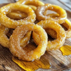 To make fried cinnamon apple rings, you need the following ingredients: - 2 large apples (like Granny Smith or Honeycrisp) - 1 cup all-purpose flour - 1/2 cup cornmeal - 1 tablespoon baking powder - 1 teaspoon cinnamon - 1/4 teaspoon nutmeg - 1/2 teaspoon salt - 1 cup buttermilk (or milk with 1 tablespoon lemon juice) - 1 tablespoon sugar - Vegetable oil for frying - Additional sugar and cinnamon for dusting Each ingredient has a specific role. The flour gives structure. The cornmeal adds crunch. Baking powder makes the rings fluffy. Cinnamon and nutmeg bring warmth. The buttermilk creates a rich batter. Sugar enhances sweetness. The oil is key for frying. Choosing the right apple matters. Granny Smith gives a tart punch. Honeycrisp adds a sweet bite. Both have great texture for frying. You can also try Fuji, which is sweet and firm. These apples hold up well in hot oil. Start by choosing two large apples. I love using Granny Smith or Honeycrisp. These apples give a great mix of sweet and tart. Slice each apple into rings, about 1/4-inch thick. Use a small round cutter or a knife to remove the core from each ring. Set the apple rings aside on a plate. In a medium bowl, mix the dry ingredients: flour, cornmeal, baking powder, cinnamon, nutmeg, and salt. Whisk them together until well combined. In another bowl, take the buttermilk and add one tablespoon of sugar. Stir until the sugar dissolves. Gradually pour the wet mix into the dry mix. Stir until the batter is smooth. It should not be too thick or too runny. Heat about 1 inch of vegetable oil in a large skillet over medium heat. Use a thermometer, and aim for 350°F (175°C). Dip each apple ring into the batter. Make sure it's evenly coated. Carefully place it in the hot oil. Fry in batches to keep the oil temperature steady. Cook for about 2-3 minutes on each side, or until they are golden brown. Use a slotted spoon to lift the rings from the oil and place them on a paper towel-lined plate to drain. In a small bowl, mix some sugar and cinnamon. Sprinkle this over the warm apple rings for a sweet finish. To fry your apple rings just right, heat oil to 350°F (175°C). You can use a thermometer to check. If the oil is too cold, the rings will soak up oil. If it’s too hot, they will burn. Fry in small batches. This gives each ring space to cook evenly. Always place the rings gently into the oil. This avoids splashes and keeps the oil hot. For a crispy coating, make sure the batter is thick enough. The flour and cornmeal help create a nice crunch. Dip each apple ring fully in the batter. Let any excess batter drip off before frying. After frying, put the rings on paper towels to absorb extra oil. Sprinkle the sugar and cinnamon mix while they are still warm. This helps it stick better. You can get creative with flavors! Try adding a bit of vanilla to your batter for extra taste. A dash of cayenne pepper can give a fun kick. Pair your fried apple rings with honey or maple syrup. They also go well with vanilla ice cream. For a twist, serve them with caramel sauce for dipping. Enjoy! {{image_2}} You can use other fruits to make tasty rings. Try pears for a sweet twist. They fry well and taste great. Pineapple also works well. Just slice it into rings. The juicy fruit adds a tropical flavor. You don’t have to stick to the same coating. Instead of flour and cornmeal, try crushed cereal for crunch. It gives a different texture that kids love. You can also use almond flour for a nutty taste. Each change makes the treat unique. Get creative with flavors in your batter. Add vanilla extract for a sweet touch. A dash of ginger can give a warm spice. For a fun twist, mix in a bit of lemon zest. It brightens the flavor and adds freshness. To keep your fried cinnamon apple rings fresh, store them in a container. Use a tight lid to avoid moisture. Place paper towels in the container to absorb excess oil. This helps maintain their crispness. Store in the fridge for up to three days. For the best taste, reheat your apple rings in an oven. Preheat your oven to 350°F (175°C). Place the apple rings on a baking sheet. Heat them for about 10 minutes. This method keeps them crispy. Avoid microwaving, as this can make them soggy. You can freeze fried apple rings to enjoy later. First, let them cool completely. Then, place them in a single layer on a baking sheet. Freeze for about an hour. After they are frozen, transfer them to a freezer bag. They can stay in the freezer for up to two months. When ready to eat, reheat them straight from the freezer using the oven method. Enjoy the crispy delight anytime! Yes, you can! If you don’t have buttermilk, mix 1 cup of milk with 1 tablespoon of lemon juice. Let it sit for about 5 minutes. This gives you a quick buttermilk substitute. It helps make the batter nice and fluffy. Fried cinnamon apple rings are great on their own. You can also serve them with: - Vanilla ice cream - Whipped cream - A drizzle of honey or maple syrup - Caramel sauce for dipping These toppings add great taste and fun to your treat. To make this treat healthier, try these tips: - Use whole wheat flour instead of all-purpose flour. - Bake the apple rings instead of frying them. Toss them in a bit of oil before baking. - Skip the extra sugar on top or use a sugar substitute. These small changes keep the flavor but cut down on fat and sugar. Fried cinnamon apple rings are a tasty treat. They blend sweet apples with a crispy coating. You can use any firm apple, like Granny Smith or Honeycrisp. The apples shine in this dish. The batter is simple, made from flour, cornmeal, and spices. The cinnamon and nutmeg add warmth and depth. When you fry them, they become golden and crunchy. Each bite is a mix of soft apple and crisp shell. You can serve these warm for the best taste. This recipe takes about 30 minutes from start to finish. You can prep the apples in just 15 minutes. Frying takes another 15 minutes. This recipe makes enough for four people. Each person can enjoy a few rings. You can double the recipe if you have a crowd. Fried cinnamon apple rings are great for parties or snacks. To get great results, heat your oil to 350°F (175°C). This keeps the batter from soaking up too much oil. Make sure to fry in small batches. Overcrowding the pan can lead to uneven cooking. Drain the fried rings on paper towels to remove excess oil. For a fun twist, try adding a bit of vanilla to the batter. Dust the rings with sugar and cinnamon while they are still warm. This adds a sweet touch that everyone will love. We covered all you need to know about making Fried Cinnamon Apple Rings. From essential ingredients to expert frying tips, this guide has it all. Remember, the right apple variety and a crispy coating make a big difference. Don’t hesitate to try different fruits and flavor infusions. Store leftovers properly for later enjoyments. With these steps, you can create a tasty treat that everyone will love. Enjoy your cooking and happy frying!