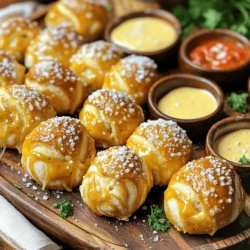 - 1 ½ cups warm water - 1 packet (2 ¼ teaspoons) active dry yeast - 1 tablespoon granulated sugar - 4 cups all-purpose flour - ½ cup unsalted butter, melted - 1 teaspoon salt The heart of soft pretzel bites lies in these simple ingredients. Start with warm water, around 110°F to 115°F. This temperature helps wake up the yeast. The yeast is our rising agent. It creates those fluffy bites we love. Add sugar to feed the yeast. This step is crucial for activating it. Next, we need flour. Use all-purpose flour for the best texture. It gives the pretzel bites their structure. Melted butter adds richness and flavor. Salt is essential; it enhances all the tastes in our bites. - Mixing the key ingredients - Importance of water temperature - Adding the right amount of flour To make the dough, mix warm water, yeast, and sugar in a bowl. Let it rest for about five minutes until it becomes foamy. This shows the yeast is working. Then add melted butter and salt. Gradually mix in the flour. The dough should come together and feel soft. Water temperature is key. Too hot can kill the yeast. Too cold won't activate it. When adding flour, do it slowly. This helps you avoid a sticky mess. - 1 cup shredded mozzarella cheese - 2 cloves garlic, minced - 1 teaspoon Italian seasoning - Coarse sea salt for topping For added flavor, consider these fun extras. Shredded mozzarella cheese melts beautifully inside the bites. Minced garlic adds a lovely aroma. Italian seasoning brings in a herbaceous note. Don’t forget the coarse sea salt for that classic pretzel taste. It makes each bite pop with flavor! First, you need to activate the yeast. In a large bowl, mix 1 ½ cups of warm water with 1 packet of active dry yeast and 1 tablespoon of granulated sugar. Make sure the water is between 110°F and 115°F. This warm water wakes up the yeast. Let the mixture sit for about 5 minutes. You want to see a foamy texture on the top. This means your yeast is alive and ready to go. Once you have that foamy magic, it’s time to mix in the fun stuff. Add in ½ cup of melted unsalted butter and 1 teaspoon of salt. Stir well. Now, gradually add 4 cups of all-purpose flour. Mix until a dough forms. This may take a minute. After that, transfer the dough to a floured surface. Knead it for about 5 to 7 minutes. You want it to be smooth and elastic. This kneading helps develop gluten, which gives the pretzel bites their chewy texture. Now, let’s shape the dough. After kneading, punch down the dough to release air. Divide it into small pieces, about 1 inch each. Roll each piece into a ball. This is where the fun begins! In a large pot, bring 10 cups of water to a boil. Add 1 cup of baking soda to the water. This step is very important. Boiling the pretzel bites helps give them that classic pretzel flavor and crust. Boil each piece for about 30 seconds. Use a slotted spoon to remove them and place them on a baking sheet lined with parchment paper. To get the best dough, knead it until it feels smooth and elastic. This means you should see no lumps. If the dough sticks too much, add a little flour while kneading. If it feels too dry, a tiny splash of water can help. Common pitfalls include over-kneading, which can make the dough tough. Also, under-kneading can leave it sticky and hard to shape. Trust your hands; they will tell you when the dough is just right. Oven temperature is key. Make sure your oven is preheated to exactly 425°F. An oven thermometer can help you check this. If the temperature is too low, your bites may not brown well. Keep an eye on the timer. Bake your pretzel bites for 12 to 15 minutes. Look for that golden brown color. If they start to brown too fast, you can cover them with foil. Dipping sauces boost the flavor of your pretzel bites. Marinara sauce and cheese sauce are popular choices. You can also try ranch or spicy mustard for a twist. For an extra flavor boost, drizzle garlic butter on top. Mix melted butter with minced garlic and Italian seasoning. This adds a rich taste that makes each bite special. {{image_2}} You can add different cheeses to your soft pretzel bites. Cheddar and pepper jack are great choices. Each cheese brings a unique flavor. You can also create a cheese-stuffed version. To do this, roll the dough around a cube of cheese before boiling. This makes a cheesy surprise in every bite. Want to make sweet pretzel bites? Mix cinnamon and sugar together. After baking, sprinkle the mixture on top. You can also dip the bites in icing or chocolate. Another idea is to serve them with a caramel dipping sauce. The sweet version makes a fun treat for kids and adults alike. If you love heat, try adding jalapeños to your dough. You can also mix in spicy seasonings like cayenne pepper. These spicy pretzel bites pair well with hot cheese sauce or spicy mustard. The kick from the spice makes them exciting and bold. To keep leftover pretzel bites fresh, you should store them in an airtight container. This helps prevent them from drying out. Allow the bites to cool completely before you store them. If you stack them, separate each layer with parchment paper. This keeps them from sticking together. Enjoy them within a few days for the best taste. To reheat your pretzel bites, the oven works best. Preheat it to 350°F (175°C). Place the bites on a baking sheet. Heat for about 5-10 minutes. This keeps them warm and soft. You can also use the microwave, but be careful. Heat in short bursts of 15 seconds. This way, they do not become chewy. Serve them with your favorite dip right after reheating. You can freeze pretzel bites for later. First, let them cool completely. Then, place them in a freezer-safe bag or container. Make sure to remove as much air as possible. They can last up to three months frozen. When you're ready to eat them, take out the bites and let them thaw in the fridge overnight. To reheat, simply follow the oven method mentioned above. Enjoy your homemade pretzel bites anytime! You can tell if your dough has risen enough by looking for a few signs: - The dough should double in size. - It should feel light and airy to the touch. - You can gently poke the dough. If the indent stays, it’s ready. These signs show that the yeast is active and the dough is ready to bake. Yes, you can use whole wheat flour. However, it will change the texture. Whole wheat flour absorbs more water. You may need to add a bit more water to your dough. Start with an extra ¼ cup and adjust as needed. This will help keep your pretzel bites soft and tasty. Some of the best dips include: - Cheese sauce - Marinara sauce - Mustard - Garlic butter These dips add flavor and make your pretzel bites even more fun to eat. To make fewer pretzel bites, simply scale the ingredients down. For example: - If you want half the amount, divide each ingredient by two. - Use ¾ cup of warm water instead of 1 ½ cups. - Adjust the baking time slightly, as smaller batches may cook faster. Keep an eye on them as they bake! Yes, Soft Pretzel Bites are very kid-friendly! Here are some tips: - Make them smaller for tiny hands. - Let kids help shape the dough into bites. - Serve with fun dips like cheese or marinara. Kids will love both making and eating them! In this post, we explored the essential ingredients for soft pretzel bites, the step-by-step dough preparation, and tips for perfect results. You learned how to enhance flavor with different cheeses and dips. Remember, practice makes perfect. Don't hesitate to try sweet and spicy versions for fun. Store leftovers well to enjoy later. Soft pretzel bites are a hit for everyone, especially kids. Enjoy making and sharing this tasty snack with your friends and family!