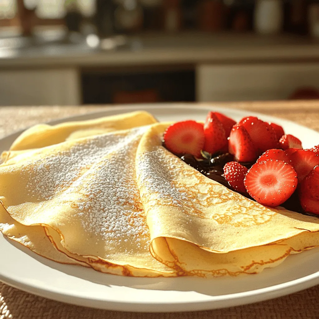 - 1 cup all-purpose flour - 2 large eggs - 1 1/2 cups milk (whole or 2%) - 2 tablespoons melted butter - 1 tablespoon granulated sugar - 1/2 teaspoon vanilla extract - A pinch of salt When making perfect homemade crepes, the ingredients matter a lot. Start with all-purpose flour. It gives the crepes that nice texture. You need two large eggs for binding. They help hold everything together. Milk is key too. Use whole or 2% milk for a rich taste. Next comes melted butter. It adds flavor and helps the crepes cook well. You’ll also need granulated sugar. It gives a hint of sweetness. A touch of vanilla extract adds warmth and depth. Finally, don’t forget a pinch of salt. It balances the flavors. These simple ingredients combine to create a base for delicious crepes. Remember, using fresh ingredients makes a big difference. You can mix and match how you fill them, from sweet to savory. To start, grab a large mixing bowl. Add 1 cup of all-purpose flour and 1 tablespoon of granulated sugar. Use a whisk to blend the dry ingredients. This step helps to break up any clumps in the flour. Next, take another bowl for the wet ingredients. Whisk together 2 large eggs. Then, add 1 1/2 cups of milk, 2 tablespoons of melted butter, and 1/2 teaspoon of vanilla extract. Mix until everything combines well. Now, it’s time to combine the mixtures. Gradually pour the egg mixture into the flour blend. Whisk continuously until the batter is smooth and free of lumps. It should feel silky and light. Resting the batter is key for great crepes. Letting it sit allows the gluten to relax. This makes the crepes tender and easy to cook. Aim for at least 30 minutes at room temperature. If you have time, letting it rest longer is even better. To cook the crepes, you need a non-stick skillet or crepe pan. Heat it over medium heat. Once warm, lightly grease it with some butter. Now, pour about 1/4 cup of batter into the pan. Immediately tilt and swirl the pan to spread the batter into a thin layer. Cook for about 1-2 minutes. Watch for the edges to lift and turn lightly golden. When it’s ready, use a spatula to flip the crepe. Cook for another 30 seconds until the other side is set. Transfer the cooked crepe to a plate. Cover it with a clean kitchen towel to keep warm. Repeat this process, greasing the pan as needed. Enjoy your delicious homemade crepes! To get great crepes, focus on a few key points. First, temperature is vital. Cook your crepes on medium heat. Too hot, and they burn; too low, and they do not cook right. Watch them closely as they cook. Next, avoid lumps in your batter. Start by whisking the flour and sugar well. When you add the wet mix, pour it slowly while whisking. This helps keep the batter smooth. Let the batter rest for at least 30 minutes. This helps the texture. Storing crepes is easy. Stack them with a piece of parchment paper between each one. This stops them from sticking together. Use an airtight container or wrap them well in plastic wrap. They can last in the fridge for about three days. When you want to eat them again, reheat crepes gently. Use a pan on low heat or a microwave. If using a microwave, cover with a damp paper towel. This keeps them soft and moist. Crepes are fun to fill! For sweet options, think fresh fruits, Nutella, or whipped cream. You can also try yogurt or honey for a tasty twist. For savory fillings, cheese and spinach are great. You can also use cooked meats or veggies. Pair your crepes with a drink like coffee or tea. A glass of fresh juice also works well. Enjoy your delicious creations! {{image_2}} If you want to make gluten-free crepes, you can use rice flour or almond flour. Both work great. For a dairy-free option, try using almond milk or coconut milk. These substitutes will keep your crepes tasty and light. You can make your crepes even more exciting! Add a tablespoon of cocoa powder to the batter for rich chocolate crepes. If you like spices, try adding a pinch of cinnamon or nutmeg. These flavors can change your crepes from simple to special. Sweet fillings are always a hit. You can use fresh fruits like strawberries or bananas. Nutella and whipped cream also make great toppings. For a savory twist, consider using cooked chicken, sautéed veggies, or cheese. The options are endless, so get creative! To keep your crepes fresh, use airtight containers. Stack the crepes with parchment paper between them. This prevents them from sticking together. You can store them in the refrigerator for up to four days. If you want to keep them longer, freeze them. In the freezer, they last for about two months. You can make crepes ahead of time. Prepare the batter and cook the crepes. Let them cool completely before storing. This way, you save time during meal prep. For a quick meal, reheat them in a skillet. Add your favorite fillings, and enjoy! I recommend using all-purpose flour for crepes. It gives a nice balance of texture. You can use other flours, but they change the taste and feel. For example, whole wheat flour adds a nutty flavor. Rice flour makes them gluten-free but can be a bit chewy. Stick with all-purpose for a classic result. Yes, you can use non-dairy milk. Almond milk, oat milk, or soy milk work well. These options keep the crepes tasty and light. Make sure to choose unsweetened versions to avoid extra sugar. You still get a great taste without using dairy. To prevent sticking, use a good non-stick skillet. Heat it well before adding batter. Lightly grease the pan with melted butter. Use just enough to coat the surface. If you notice sticking, add a bit more butter. This keeps your crepes from tearing and helps them cook evenly. In this article, we explored how to make tasty crepes from scratch. We covered the key ingredients, step-by-step instructions, and essential tips. You learned about perfect textures, variations, and storage methods. Crepes are versatile, allowing sweet and savory fillings. Remember, resting the batter helps make them light and tender. With a little practice, you will cook crepes like a pro. Enjoy your delicious creations!