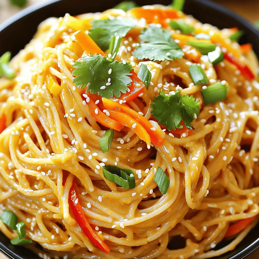 - 8 oz whole wheat spaghetti or rice noodles - 1/3 cup creamy peanut butter - 2 tablespoons soy sauce - 2 tablespoons sesame oil - 1 tablespoon honey or maple syrup - 1 tablespoon Sriracha (adjust to taste) - 2 cloves garlic, minced - 1-inch piece of ginger, grated - 1/4 cup warm water (more if needed) - 1 cup shredded carrots - 1 bell pepper, thinly sliced - 1/4 cup chopped green onions - 1 tablespoon sesame seeds for garnish - Fresh cilantro for garnish (optional) For this recipe, you’ll need precise measurements for the best taste. Use 8 ounces of noodles to feed four people. The creamy peanut butter gives a rich flavor. If you like it sweet, add a full tablespoon of honey. For spice lovers, feel free to add extra Sriracha. The warm water helps blend the sauce smoothly; adjust it as needed. You can swap whole wheat spaghetti with rice noodles for a gluten-free option. If you don’t have peanut butter, almond or sunflower butter works well. For a soy-free choice, use coconut aminos in place of soy sauce. You can replace honey with agave nectar for a vegan option. For veggies, add your favorites, like broccoli or snap peas. Start by boiling water in a large pot. Add 8 oz of whole wheat spaghetti or rice noodles. Cook according to the package instructions until they are al dente. This usually takes about 8 to 10 minutes. Once done, drain the noodles in a colander. Let them sit while you prepare the sauce. Grab a large mixing bowl. In it, combine 1/3 cup creamy peanut butter, 2 tablespoons soy sauce, and 2 tablespoons sesame oil. Add 1 tablespoon of honey or maple syrup for a touch of sweetness. For heat, include 1 tablespoon of Sriracha. You can adjust this amount based on your spice preference. Next, add 2 cloves of minced garlic and a 1-inch piece of grated ginger. Pour in 1/4 cup of warm water. Whisk all these ingredients until you have a smooth and creamy sauce. If it feels too thick, add a bit more warm water until it reaches your desired consistency. Now, add the cooked noodles to the mixing bowl with the peanut sauce. Toss them well to ensure every noodle is coated in that delicious sauce. Then, mix in 1 cup of shredded carrots and 1 sliced bell pepper. Make sure everything is well combined. To serve, place the noodles in individual bowls. Top them with chopped green onions and sprinkle with sesame seeds. For an extra touch, add fresh cilantro if you like. Enjoy your tasty dish! To make the best peanut sauce, use creamy peanut butter. It mixes well and gives a nice texture. Always whisk the sauce until it is smooth. If it feels too thick, just add a bit more warm water. This will help your sauce coat the noodles nicely. Adjust the Sriracha based on your spice level. Taste as you go to get it just right. If you love garlic, add more minced garlic for extra flavor. When cooking noodles, follow the package instructions carefully. Each type of noodle needs a different cook time. For whole wheat spaghetti, boil it until al dente. This means it should be firm to the bite. After cooking, drain the noodles right away. Rinse them under cold water to stop the cooking. This keeps them from getting mushy. Make sure to toss them with the sauce quickly. This helps them soak up all that delicious flavor. Serve the noodles in individual bowls for a nice touch. Top each bowl with green onions and sesame seeds for crunch. Fresh cilantro can add great flavor and color. You can also add extra veggies like snap peas or cucumbers. They will make your dish even more colorful. For a protein boost, try adding grilled chicken or tofu. This makes the meal more filling and tasty. Enjoy your creation with friends or family! {{image_2}} You can easily make this dish vegan. Just swap the honey for maple syrup. Use gluten-free noodles, like rice noodles, for a gluten-free meal. Both options keep the taste rich and creamy. Need more protein? Add tofu or chickpeas. Cooked chicken or shrimp also works well. These options turn your meal into a filling feast, perfect for hungry days. Want to change the flavor? Add more spices! Try crushed red pepper for heat or lime juice for zing. You can also mix in some curry powder for a new twist. Each option creates a unique taste experience. To store leftover Minute Spicy Peanut Noodles, place them in an airtight container. Make sure the noodles cool down before sealing. They stay fresh in the fridge for up to three days. If you want to keep them longer, freezing is a great option. When you’re ready to eat, you can reheat the noodles. Warm them in the microwave for about one to two minutes. Stir halfway through to heat evenly. If the noodles seem dry, add a splash of water or soy sauce. This will help bring back the creamy texture. Freezing Minute Spicy Peanut Noodles is easy. Divide them into portions, then place each in a freezer-safe bag. Squeeze out the air to prevent freezer burn. They can stay good in the freezer for up to three months. When you want to enjoy them, just thaw overnight in the fridge and reheat as needed. To add more spice to peanut noodles, simply increase the amount of Sriracha. Start with an extra teaspoon, then taste. If you want even more heat, try adding red pepper flakes. You can also mix in a dash of chili oil. These options boost flavor and spice. Enjoy your spicy noodles! Yes, you can use different types of noodles. Rice noodles work great for a gluten-free option. Egg noodles or even zoodles (zucchini noodles) are also fun choices. Just adjust cooking times as needed. Each type will give a unique taste and texture. Experiment to find your favorite! Leftover peanut noodles last about three to five days in the fridge. To keep them fresh, store them in an airtight container. When ready to eat, reheat in a pan or microwave. Add a splash of water to keep them moist. Enjoy your tasty leftovers! This blog post covered the key steps to make delicious peanut noodles. We looked at all the ingredients, how to cook them, and how to prepare the sauce. I shared tips for the perfect dish and variations to try. You can store your leftovers easily and heat them up later. I hope you feel confident trying this recipe and making it your own. Peanut noodles are simple, tasty, and fun to enjoy!