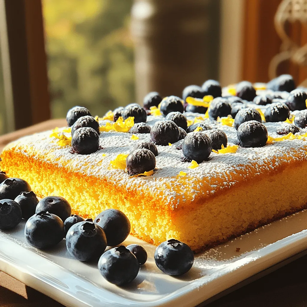 - 1 ½ cups all-purpose flour - 1 cup granulated sugar - 1 teaspoon baking powder - ½ teaspoon baking soda - ½ teaspoon salt - ⅔ cup extra virgin olive oil - 3 large eggs - Zest of 2 lemons - ½ cup fresh lemon juice - 1 teaspoon vanilla extract - 1 cup fresh blueberries (plus extra for topping) - 1 tablespoon powdered sugar (for dusting) The main star of this cake is the extra virgin olive oil. It adds a rich, fruity flavor. This oil also keeps the cake moist. The fresh blueberries bring a burst of sweetness. They also give a nice color contrast. The lemon zest and juice brighten the cake with a zesty tang. They balance the sweetness well. Each bite feels fresh and light. You can swap the all-purpose flour with a gluten-free blend. This makes it perfect for those who need gluten-free options. If you don't have fresh blueberries, you can use frozen ones. Just remember to thaw and drain them first. Instead of granulated sugar, try coconut sugar for a hint of caramel flavor. For a vegan version, replace the eggs with flax eggs. Mix 1 tablespoon of ground flaxseed with 2.5 tablespoons of water for each egg. 1. Start by preheating your oven to 350°F (175°C). Grease a 9x13 inch baking sheet or line it with parchment paper. Leave an overhang to help with lifting the cake out later. 2. In a large bowl, mix together 1 ½ cups of flour, 1 cup of sugar, 1 teaspoon of baking powder, ½ teaspoon of baking soda, and ½ teaspoon of salt. Whisk well to blend. 3. In another bowl, combine ⅔ cup of extra virgin olive oil, 3 large eggs, the zest of 2 lemons, ½ cup of fresh lemon juice, and 1 teaspoon of vanilla extract. Whisk this mixture until it looks smooth and frothy. 4. Now, pour the wet mixture into the dry ingredients. Stir gently until just combined. Be careful not to overmix; a few lumps are okay. 5. Fold in 1 cup of fresh blueberries. Do this gently to keep the berries whole. 6. Pour the batter into your prepared baking sheet. Spread it evenly with a spatula. 7. For a nice touch, sprinkle some extra blueberries on top of the batter. 8. Bake in your preheated oven for about 30-35 minutes. Check by inserting a toothpick into the center. It should come out clean when the cake is done. 9. Once baked, take the cake out of the oven. Let it cool in the pan for about 10 minutes. 10. Use the parchment overhang to lift the cake out of the pan. Place it on a wire rack to cool completely. 11. Before you serve, dust the top with 1 tablespoon of powdered sugar for a lovely finish. Enjoy your delicious Lemon Olive Oil Blueberry Sheet Cake! To get the best texture in your Lemon Olive Oil Blueberry Sheet Cake, use room temperature eggs. Cold eggs can make your batter lumpy. Mixing the dry and wet ingredients separately helps too. This way, you avoid overmixing, which can lead to a dense cake. Gently fold in the blueberries for a light, fluffy result. Always whisk the dry ingredients well before adding the wet ones. This helps distribute the baking powder and salt evenly. When adding the wet mix, stir just until combined. You want to see some flour streaks. This keeps the cake tender and moist, not tough. If your cake is dense, you may have overmixed the batter. If it sinks in the middle, your oven might be too hot. Check with an oven thermometer for accuracy. Also, if your blueberries sink, try tossing them in a bit of flour before folding them in. This helps keep them suspended in the batter. {{image_2}} You can change the fruit in this cake. Try using raspberries or strawberries. Both fruits add a nice touch. Peaches or cherries also work well. Each fruit gives a new flavor burst. You could mix fruits too. A blend of blueberries and raspberries will taste amazing. If you need a gluten-free option, use gluten-free flour. This swap keeps the cake moist and tasty. You can also replace the sugar with a sugar substitute. This makes the cake better for those watching their sugar intake. For a dairy-free version, choose a plant-based milk instead of eggs. Decorating this cake is fun and easy. A dusting of powdered sugar looks great. You can also add more fresh fruit on top. A drizzle of lemon glaze gives a sweet touch. Use mint leaves for a pretty green contrast. These simple additions make your cake look special. To keep your Lemon Olive Oil Blueberry Sheet Cake fresh, wrap it well. Use plastic wrap or place it in an airtight container. This keeps the cake moist and tasty. Store it at room temperature for up to three days. If you live in a hot area, put it in the fridge. This will help it last longer. You can freeze this delicious cake for later. First, let it cool fully. Then, slice it into pieces. Wrap each slice in plastic wrap. Place the wrapped slices in a freezer bag. You can freeze them for up to three months. When you want to eat a slice, take it out and let it thaw. You can warm it in the oven for a few minutes if you like it warm. This cake tastes best at room temperature. If you want to enhance its flavor, take it out of the fridge about 30 minutes before serving. The lemon and blueberry flavors will shine more when it's slightly warm. Dust it with powdered sugar right before serving for a nice touch. Enjoy every bite! Yes, you can use frozen blueberries. They work well in this cake. However, you should not thaw them before adding them to the batter. This helps keep the cake from turning purple. Just fold them in gently. This way, they stay whole and create nice bursts of flavor. You can check if the cake is done by using a toothpick. Insert it into the center of the cake. If it comes out clean, the cake is ready. You can also look for a golden color on top. The edges should pull away slightly from the pan. The best way to serve the cake is at room temperature. This allows the flavors to shine through. You can dust it with powdered sugar for a nice touch. Add extra blueberries on top for decoration. This makes it look pretty and inviting. Serve it with a scoop of vanilla ice cream for a delightful treat. This post covered key ingredients, steps, tips, variations, and storage for your cake. I shared ingredient lists, baking tips, and ways to vary your recipe. With easy swaps and fun decoration ideas, you can make it your own. Don’t forget to store leftovers right! Following these steps ensures your cake is a hit. Enjoy baking, and have fun experimenting with different flavors. You’ve got this!