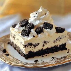- 20 Oreo cookies, crushed - 4 tablespoons unsalted butter, melted - 8 oz cream cheese, softened - 1/2 cup powdered sugar - 1 teaspoon vanilla extract - 1 cup heavy whipping cream - 10 Oreo cookies, roughly chopped (for mixing in) - Optional: extra chopped Oreos for topping To make No-Bake Oreo Cheesecake Bars, gather these ingredients. Start with 20 crushed Oreo cookies. This will form the base of your dessert. Melt 4 tablespoons of unsalted butter to mix with the cookies. This will help bind the crust. Next, you will need 8 ounces of softened cream cheese. This will create a rich filling. Add 1/2 cup of powdered sugar to sweeten the mix. A teaspoon of vanilla extract will add flavor. For the creamy texture, 1 cup of heavy whipping cream is essential. Whip it until it forms stiff peaks. Finally, you will need 10 roughly chopped Oreo cookies to mix into the filling. If you like, add extra chopped Oreos on top for garnish. These ingredients come together to create a tasty treat. They are easy to find and work well together. Enjoy making this dessert! 1. Start by crushing 20 Oreo cookies in a bowl. 2. Melt 4 tablespoons of unsalted butter and mix with the crushed cookies. 3. Stir until all the cookies are coated in butter. 4. Press this mixture firmly into the bottom of a 9x9 inch baking dish. 5. Make sure it’s even. 6. Place the dish in the fridge while you work on the filling. 1. In a large mixing bowl, add 8 oz of softened cream cheese, 1/2 cup powdered sugar, and 1 teaspoon vanilla extract. 2. Beat this mixture until it is smooth and creamy. 3. In a separate bowl, whip 1 cup of heavy cream until stiff peaks form. 4. Gently fold the whipped cream into the cream cheese mixture. 5. Be careful not to deflate the whipped cream. 1. Take 10 roughly chopped Oreo cookies and fold them into the filling. 2. Pour the cheesecake filling over the chilled Oreo crust. 3. Spread it evenly using a spatula. 4. If you want, sprinkle some extra chopped Oreos on top for garnish. 5. Cover the dish with plastic wrap and place it back in the fridge. 6. Chill for at least 4 hours, or until set. 7. When ready, cut into bars using a sharp knife. To get a firm crust, press the Oreo mixture hard into the baking dish. Use a flat-bottomed cup or your hands to compact it well. This helps create a strong base for your cheesecake bars. If you want to boost the flavor, add a pinch of salt or a bit of cocoa powder to the mixture. You can also mix in finely chopped nuts for extra crunch. Start by softening your cream cheese. Take it out of the fridge at least 30 minutes before mixing. This makes it easier to blend smoothly. When you combine it with sugar and vanilla, aim for a creamy texture with no lumps. Remember, folding is key! Gently mix whipped cream into the cream cheese. This keeps the filling light and fluffy. For a beautiful dessert, slice the bars neatly and place them on a nice platter. A sprinkle of crushed Oreo crumbs on top adds a nice touch. You can also add a dollop of whipped cream on the side. This makes each serving look special and inviting! {{image_2}} You can easily change the flavor of your No-Bake Oreo Cheesecake Bars. Try using mint Oreos for a fresh twist. The mint adds a nice contrast to the creamy filling. You can also mix in fruit or chocolate. Fresh strawberries or raspberries can brighten the taste. Drizzling chocolate syrup on top adds a fun touch. Want a lighter version? Use low-fat cream cheese and cut back on sugar. This keeps the rich taste while making it healthier. Look for gluten-free Oreos if you need a gluten-free option. They work just as well in this recipe, ensuring everyone can enjoy a slice. There are many ways to switch up your no-bake cheesecake bars. You can use other flavors like lemon or peanut butter. Each adds a unique spin to your dessert. For the crust, graham crackers are a great substitute. They give a delightful crunch and a hint of sweetness. To keep your No-Bake Oreo Cheesecake Bars fresh, store them in the fridge. Place the bars in an airtight container. This helps prevent them from drying out. You can also cover them tightly with plastic wrap. Make sure they stay chilled until you serve them. You can freeze these bars for longer storage. First, cut the bars into squares. Then, wrap each piece in plastic wrap. Place the wrapped bars in a freezer-safe container. This will keep them safe from freezer burn. To thaw, take them out of the freezer. Let them sit in the fridge for a few hours or overnight. Serve them chilled for the best taste. In the fridge, these bars stay fresh for about 5 days. If you freeze them, they can last up to 2 months. Always check for signs of spoilage. Look for changes in smell, color, or texture. If they smell off or look strange, it’s best to toss them out. These bars need to chill for at least 4 hours. This time helps the filling set properly. If you can wait longer, it will taste even better. A good chill makes the bars firm and easy to cut. Yes, you can make these bars a day in advance. This way, they have more time to chill. Store them in the fridge, covered with plastic wrap. If you want to make them even earlier, you can freeze them. Just be sure to thaw them in the fridge before serving. Definitely! You can use other cookies for the crust. For example, chocolate wafer cookies work great. Graham crackers also add a nice crunch. You can even try flavored cookies like mint or peanut butter. Each choice will give your bars a new taste and texture. These No-Bake Oreo Cheesecake Bars are easy to make and delicious. We covered ingredients, step-by-step instructions, and tips for a smooth finish. You can try different flavors and even healthier options. Remember to store leftovers properly for the best taste later. With this guide, you can create a tasty treat that everyone will enjoy. Get creative and make these bars your own! Enjoy your cheesecake bars and share them with friends and family.