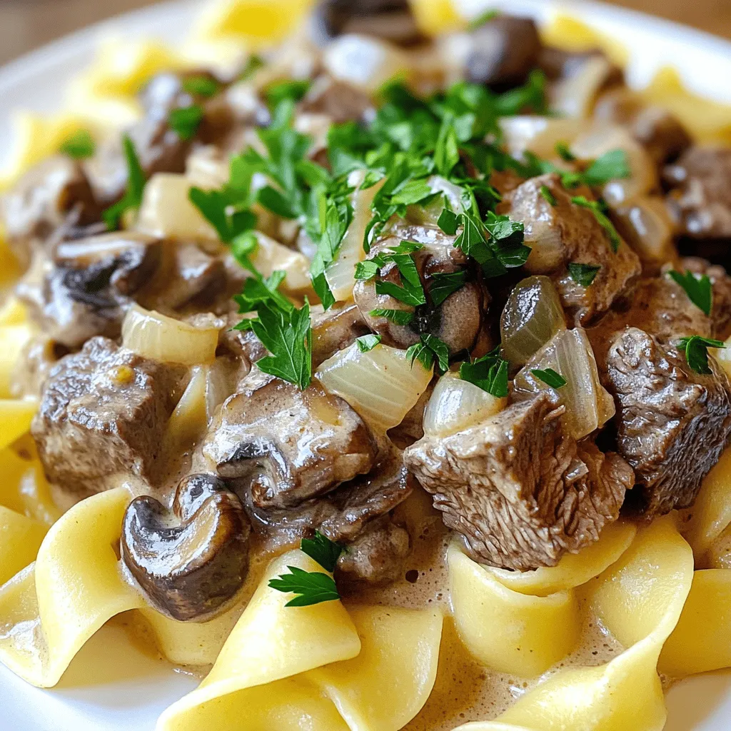 To make Instant Pot beef stroganoff, you'll need: - 1 pound beef stew meat, cut into bite-sized pieces - 1 tablespoon olive oil - 1 medium onion, finely chopped - 2 cloves garlic, minced - 8 ounces mushrooms, sliced (cremini or button) - 1 teaspoon paprika - 2 cups beef broth (low-sodium) - 1 tablespoon Worcestershire sauce - 1 cup sour cream - 2 tablespoons all-purpose flour - Salt and pepper, to taste - Egg noodles (for serving) You can add some fresh parsley, chopped, on top for color and flavor. It brightens the dish and makes it look fancy. If you like, serve with a side of steamed broccoli or a fresh garden salad for a healthy touch. You can swap beef stew meat for other cuts, like chuck roast. If you want a lighter dish, try chicken or turkey instead. For a vegetarian option, use mushrooms and vegetable broth. If you're gluten-free, use cornstarch instead of flour for thickening. - Gather your ingredients: - 1 pound beef stew meat, cut into bite-sized pieces - 1 tablespoon olive oil - 1 medium onion, finely chopped - 2 cloves garlic, minced - 8 ounces mushrooms, sliced - 1 teaspoon paprika - 2 cups beef broth - 1 tablespoon Worcestershire sauce - 1 cup sour cream - 2 tablespoons all-purpose flour - Salt and pepper, to taste - Egg noodles for serving - Fresh parsley, chopped for garnish - Start by chopping the onion and garlic. Slice the mushrooms. This helps everything cook evenly. 1. Turn on the Instant Pot and select the sauté function. Add olive oil. 2. When the oil gets hot, add the beef in batches. Sear until brown. Remove the beef and set aside. 3. In the same pot, add chopped onion and minced garlic. Sauté for 2-3 minutes until soft. 4. Add sliced mushrooms and paprika. Cook for about 5 minutes. The mushrooms should start to brown. 5. Put the beef back in the pot. Pour in the beef broth and Worcestershire sauce. Mix well. 6. Close the lid and set the valve to sealing. Cook on high pressure for 15 minutes. 7. When done, let the pot sit for 10 minutes for natural pressure release. Then, switch the valve to venting. 1. In a small bowl, mix sour cream and flour until smooth. 2. Stir this mixture into the beef in the pot. Turn the sauté function back on. Heat for a few minutes until thickened. 3. Add salt and pepper to taste. Serve the beef stroganoff over cooked egg noodles. Top with chopped parsley for a fresh touch! Searing your beef is key to great flavor. Start with a hot pot. This helps seal in juices. Use olive oil and add the beef in batches. If you crowd the pot, it won’t brown well. Sear each piece for about 3-4 minutes. Look for a deep brown color. This adds a rich taste to your stroganoff. The cooking time for beef stroganoff can change based on your beef. For tougher cuts, add 5 more minutes to the cooking time. If your beef is more tender, stick to the original 15 minutes. Always let the Instant Pot naturally release pressure for a bit. This keeps your beef tender and juicy. To thicken the sauce, mix sour cream with flour before adding it to the pot. This step prevents lumps. Stir it in after cooking. Then, turn on the sauté function again. Heat it gently for a few minutes. This gives you a creamy, smooth sauce. Adjust the seasoning with salt and pepper to taste. {{image_2}} If you don’t like mushrooms, no problem! You can skip them entirely. Instead, add extra vegetables. Try carrots, bell peppers, or peas. They bring color and taste. You can also add more onions for flavor. Just sauté them with the garlic. This way, you keep it creamy and tasty without mushrooms. For a gluten-free version, swap the flour with cornstarch. Mix one tablespoon of cornstarch with cold water. Stir this into the pot after cooking. It thickens the sauce without gluten. Also, choose gluten-free egg noodles or serve it over rice. Both options work well and keep the dish delicious. To make this dish dairy-free, replace sour cream with a dairy-free alternative. Coconut cream or cashew cream works great. These options add a creamy texture without dairy. You can also use almond milk, but it may change the thickness. Adjust the amounts to fit your taste. With these swaps, you’ll still enjoy a rich beef stroganoff. Store any leftover beef stroganoff in an airtight container. Let it cool first. It stays fresh for about three to four days in the fridge. Make sure to keep it at a steady temperature below 40°F to avoid spoilage. Check for any signs of spoilage before eating, like a bad smell or odd color. You can freeze beef stroganoff for later use. Place it in a freezer-safe container or bag. It will keep well for up to three months. Be sure to label your containers with the date. When you’re ready to eat, thaw it in the fridge overnight. This will help it maintain its flavor and texture. To reheat, you can use the microwave or the stove. If using the microwave, heat in short bursts, stirring in between. This helps it heat evenly. If using the stove, warm it over low heat. Add a splash of beef broth or water to help loosen the sauce. Stir until it’s heated through. Enjoy your meal! Yes, you can use other cuts. Top sirloin, flank steak, or chuck roast work well. Just cut them into bite-sized pieces. Each cut gives a different flavor and texture. Always remember, tougher cuts need more time to cook. Choose what you like best! To serve more people, double the ingredients. Use two pounds of beef and increase broth and other items too. You may need to cook in batches. Make sure the Instant Pot is not overcrowded. This keeps everything cooking evenly and tasting great. Beef stroganoff pairs well with egg noodles, rice, or mashed potatoes. Each option soaks up the creamy sauce nicely. You can also add steamed broccoli or a fresh salad on the side. These sides add color and crunch to your meal. Yes, you can make this dish ahead of time. Cook it and let it cool before storing. Keep it in the fridge for up to three days. To reheat, warm it gently on the stove or in the microwave. Add a splash of broth if it gets too thick. This guide covered all the key parts of making a great beef stroganoff. You learned about the main ingredients, cooking tips, and how to store your dish. There are also options for different diets. With these steps, you can make beef stroganoff that fits your taste. Remember, cooking is fun. Feel free to adjust the recipe as needed. Enjoy your meal!