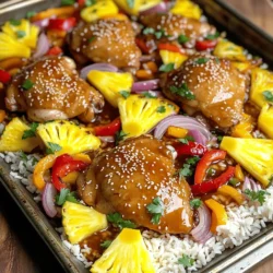 - 4 boneless, skinless chicken thighs - 1 cup teriyaki sauce (store-bought or homemade) - 1 ripe pineapple, peeled and cut into wedges - 2 red bell peppers, sliced - 1 small red onion, cut into wedges - 2 tablespoons olive oil - 2 teaspoons fresh ginger, minced - 2 cloves garlic, minced The main ingredients in this dish create a lovely blend of flavors. The chicken thighs bring tenderness. The teriyaki sauce adds a sweet and savory punch. Pineapple introduces a tropical twist that balances the savory chicken. The colorful bell peppers and onion provide crunch and nutrition. Olive oil helps everything cook evenly and adds richness. Ginger and garlic enhance the aroma and flavor profile. - Sesame seeds - Fresh herbs (parsley or cilantro) Adding sesame seeds brings a nice crunch and a nutty flavor. Fresh herbs like parsley or cilantro add brightness to the dish. They help make your meal look vibrant and appealing. - Cooked jasmine rice - Additional sides like steamed broccoli or a green salad Serving this dish over jasmine rice is a must. The rice soaks up the delicious teriyaki sauce. You can also serve it with steamed broccoli or a fresh salad for extra veggies. This creates a well-rounded meal that satisfies both taste and nutrition. To start, take the chicken thighs and place them in a bowl. Pour in the teriyaki sauce, then add the minced ginger and garlic. Mix well until the chicken is fully coated. This step is key for flavor. I recommend marinating for at least 30 minutes. If you have time, let it sit for up to 2 hours in the fridge. This helps the chicken absorb all the tasty goodness. Next, preheat your oven to 400°F (200°C). While the oven heats, prepare a large sheet pan. Arrange the marinated chicken thighs in the center of the pan. Surround the chicken with pineapple wedges, red bell peppers, and onion wedges. This setup not only looks great but also ensures even cooking. Drizzle olive oil over the veggies and sprinkle with a pinch of salt and pepper. Toss them gently to coat. Now, it’s time to bake! Place the sheet pan in the preheated oven. Bake for about 25 to 30 minutes. You want the chicken to reach an internal temperature of 165°F (75°C) and be fully cooked. The veggies should become tender and vibrant. For a charred flavor, switch the oven to broil for the last 2 to 3 minutes. Keep a close eye on it to prevent burning. Once done, remove the pan from the oven and let it rest for a couple of minutes before serving. To make a great teriyaki sauce, you can start with soy sauce as a base. Mix it with honey or brown sugar for sweetness. Add rice vinegar for tang and sesame oil for depth. You can also include fresh ginger and garlic for a kick. Want to enhance the flavor? Try adding a splash of orange juice or some crushed red pepper for heat. When you arrange your food, make the most of your sheet pan. Place the chicken in the center. Surround it with pineapple, bell peppers, and onions. This keeps everything cooking evenly. Avoid stacking the chicken or veggies on top of each other. This way, the heat circulates well, giving you perfectly cooked food. One big mistake is overcrowding the sheet pan. If your pan is too full, the chicken and veggies steam instead of roast. This can leave you with soggy food. Another mistake is not letting the chicken rest before serving. Let it sit for a few minutes after cooking. This helps the juices settle, making each bite juicy and tasty. {{image_2}} You can easily switch the chicken thighs for chicken breasts. Chicken breasts cook faster, so check them at 20 minutes. For a vegetarian option, use firm tofu. Just press and cube it. Tofu soaks up the teriyaki sauce well, and it adds great flavor. Seasonal vegetables can make this dish even better. Try zucchini or asparagus in summer. In fall, use Brussels sprouts or carrots. You can also add broccoli or snap peas for color. These choices add texture and nutrients too. If you want more sweetness, add a tablespoon of honey. For heat, mix in a pinch of red pepper flakes. A splash of lime juice can brighten the dish. This adds freshness and a nice zing to the flavors. To store leftovers, place the chicken and veggies in an airtight container. This keeps them fresh. You can keep them in the fridge for up to three days. Make sure to eat them within that time for the best taste. To freeze the dish, let it cool completely first. Then, place the chicken and veggies in a freezer-safe bag. Remove as much air as you can to prevent freezer burn. This dish will stay good for up to three months. When you’re ready to eat, thaw it overnight in the fridge. Reheat in the oven at 350°F (175°C) until hot. To make meal prep easy, you can chop the veggies ahead of time. Store them in the fridge in separate containers. Marinate the chicken the night before for added flavor. This way, you can quickly assemble the dish when it's time to cook. Enjoy a tasty meal with less stress! Yes, you can use chicken breast. Chicken breasts cook faster than thighs. You should reduce the baking time to about 20-25 minutes. Check that the internal temperature reaches 165°F (75°C) for safety. To make this dish gluten-free, use tamari instead of regular teriyaki sauce. Tamari is a gluten-free soy sauce. You can also make your own teriyaki sauce at home using gluten-free ingredients. Serve your Teriyaki Chicken & Pineapple with jasmine rice. This rice pairs well with the dish’s sweet and savory flavors. You can also add steamed broccoli or a simple green salad. These sides add color and crunch to your meal. In this blog post, we explored a tasty recipe for Teriyaki Chicken with Pineapple. We covered the key ingredients, from chicken thighs to fresh vegetables. I shared step-by-step instructions, cooking tips, and possible variations. Remember, marination and proper pan arrangement ensure great flavor. Don’t forget to store leftovers correctly for later meals. With these tips, you can enjoy a delicious dish that’s easy to make. Get ready to like your new favorite meal!