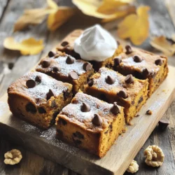 To make the Chocolate Chip Pumpkin Snack Cake, you need these key ingredients: - 1 cup canned pumpkin puree - 1/2 cup granulated sugar - 1/2 cup brown sugar, packed - 1/2 cup vegetable oil - 3 large eggs - 1 teaspoon vanilla extract - 1 1/2 cups all-purpose flour - 1 teaspoon baking powder - 1 teaspoon baking soda - 1 teaspoon ground cinnamon - 1/2 teaspoon ground nutmeg - 1/2 teaspoon ground ginger - 1/4 teaspoon salt - 1 cup semisweet chocolate chips - 1/2 cup chopped walnuts (optional) These ingredients work together to create a moist and flavorful cake that you will love! If you need to make some changes, consider these swaps: - Use light brown sugar instead of regular brown sugar. - Substitute applesauce for vegetable oil for a lighter version. - For a vegan option, use flax eggs instead of regular eggs. - You can swap out the all-purpose flour for a gluten-free blend. - Dark chocolate chips can replace semisweet chocolate chips. These substitutions keep your cake tasty while fitting your needs! Here’s a quick look at the nutrition facts per serving (based on 12 servings): - Calories: 250 - Total Fat: 12g - Saturated Fat: 1g - Cholesterol: 30mg - Sodium: 150mg - Total Carbohydrates: 35g - Dietary Fiber: 2g - Sugars: 15g - Protein: 3g This cake is a delightful treat with some nutritional benefits, thanks to pumpkin! Start by gathering your ingredients. You will need: - 1 cup canned pumpkin puree - 1/2 cup granulated sugar - 1/2 cup brown sugar, packed - 1/2 cup vegetable oil - 3 large eggs - 1 teaspoon vanilla extract - 1 1/2 cups all-purpose flour - 1 teaspoon baking powder - 1 teaspoon baking soda - 1 teaspoon ground cinnamon - 1/2 teaspoon ground nutmeg - 1/2 teaspoon ground ginger - 1/4 teaspoon salt - 1 cup semisweet chocolate chips - 1/2 cup chopped walnuts (optional) Next, preheat your oven to 350°F (175°C). Grease and flour a 9x13 inch baking pan. You can also line it with parchment paper for easy removal. In a large bowl, mix the pumpkin puree, granulated sugar, brown sugar, and vegetable oil. Stir until everything is smooth. Then, add the eggs one by one, mixing well after each addition. Finally, stir in the vanilla extract. In another bowl, sift together the flour, baking powder, baking soda, cinnamon, nutmeg, ginger, and salt. This step helps to mix and aerate the dry ingredients. Gradually add this dry mix to the wet ingredients. Stir gently to combine. Do not overmix; lumps are okay. Next, fold in the chocolate chips and walnuts if you choose to use them. Pour the batter into your prepared baking pan. Spread it evenly with a spatula. Bake for 25-30 minutes. You can check for doneness by inserting a toothpick into the center. If it comes out clean, your cake is ready! After baking, let the cake cool in the pan for about 10 minutes. Then, transfer it to a wire rack to cool completely. This will help keep the cake moist. For serving, dust with powdered sugar and cut into squares. A dollop of whipped cream or a scoop of vanilla ice cream adds a nice touch. Enjoy your delightful Chocolate Chip Pumpkin Snack Cake! To keep your Chocolate Chip Pumpkin Snack Cake fresh, store it in an airtight container. This helps keep it moist. It stays good at room temperature for up to three days. If you want to keep it longer, place it in the fridge for up to a week. You can also freeze slices for up to three months. Wrap each slice in plastic wrap, then place it in a freezer bag. Mixing is key to a great cake. Start by combining the wet ingredients well. Use a large bowl for the pumpkin, sugars, and oil. Mix until smooth. Add the eggs one at a time, mixing well after each. For dry ingredients, sift them together before adding. This helps avoid lumps. When you mix wet and dry, do it gently. Overmixing can make the cake tough. Stop mixing as soon as you see no dry flour. The best texture comes from careful measuring and mixing. Use the spoon-and-level method for flour. This means spooning flour into your measuring cup and leveling it off with a knife. Too much flour makes the cake dense. Also, don’t forget the spices! They add both flavor and moisture. Make sure you fold in the chocolate chips gently. This keeps them distributed without overworking the batter. The cake should be soft and moist but not gummy. {{image_2}} You can switch up the flavor of your Chocolate Chip Pumpkin Snack Cake. Try adding orange zest for a citrus kick. This brightens the taste and brings a fresh vibe. You can also mix in some cocoa powder for a chocolatey twist. A hint of espresso can deepen the flavors and add warmth. For a spiced version, toss in some allspice or cardamom to enhance the fall essence. Making this cake gluten-free is easy. Just swap all-purpose flour for a gluten-free blend. Make sure the blend contains xanthan gum for the right texture. If you need a vegan option, replace the eggs with flaxseed meal or applesauce. Use a plant-based oil and non-dairy chocolate chips. These simple swaps maintain the cake's moistness and flavor. You can have fun with toppings and mix-ins. Add a sprinkle of sea salt on top for a sweet-salty balance. Instead of walnuts, use pecans or almonds for crunch. For extra flavor, try adding dried cranberries or raisins. You can also top the cake with cream cheese frosting or a caramel drizzle. These choices let you customize your treat for any occasion. I love serving this cake with whipped cream. A dollop on top makes it special. It adds a light and creamy touch. You can also try vanilla ice cream. The cold ice cream pairs well with warm cake. Both choices bring extra joy to every bite. For a beautiful look, dust the top with powdered sugar. Cut the cake into neat squares. You can use a sharp knife for clean edges. Place each square on a colorful plate. For a fun twist, add a sprinkle of chocolate chips on top. This little touch impresses guests and family alike. This cake goes well with many drinks. A warm cup of coffee enhances the flavors. You might also enjoy it with spiced tea. If you prefer something fruity, serve it with apple cider. Each drink complements the pumpkin and spice notes in the cake. Pick your favorite, and enjoy this tasty treat! Chocolate Chip Pumpkin Snack Cake will stay fresh for about four days. Store it in an airtight container at room temperature. If you want it to last longer, keep it in the fridge. This will extend its life to about a week. The cake may lose some moisture but will still taste great. Yes, you can freeze Chocolate Chip Pumpkin Snack Cake. First, let it cool completely. Wrap it tightly in plastic wrap and then in foil. This will help prevent freezer burn. The cake will stay good for up to three months in the freezer. When you want to eat it, just let it thaw in the fridge overnight. If you need an egg replacement, here are some great options: - Flaxseed meal: Mix 1 tablespoon of flaxseed meal with 3 tablespoons of water. Let it sit for five minutes. - Applesauce: Use 1/4 cup of unsweetened applesauce for each egg. - Yogurt: Substitute with 1/4 cup of plain yogurt per egg. Each of these options works well and keeps the cake moist. You now have all the key ingredients, steps, and tips to bake a great Chocolate Chip Pumpkin Snack Cake. Remember to mix well for the best texture and consider delicious variations. This cake is perfect with whipped cream or a warm drink. Store it right, and it stays fresh longer. With a few easy changes, you can make it fit different diets. I hope these tips help you enjoy baking and sharing this treat!