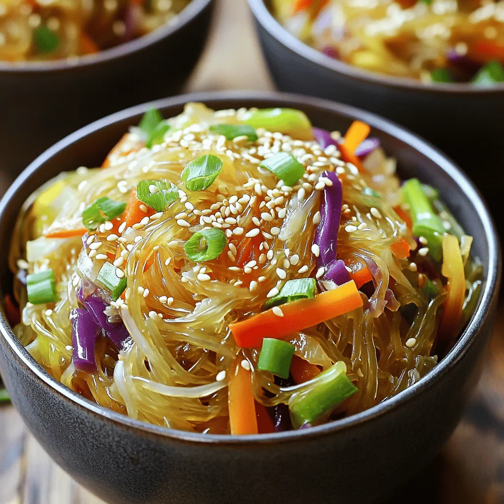 - 200g glass noodles - 1 cup green cabbage, shredded - 1 cup purple cabbage, shredded - 1 medium carrot, julienned - 1 bell pepper (any color), thinly sliced - 3 green onions, chopped - 2 cloves garlic, minced - 1 tablespoon sesame oil - 1 tablespoon ginger, grated - 2 tablespoons soy sauce - 1 tablespoon rice vinegar - Salt and pepper to taste - 1 tablespoon sesame seeds (for garnish) These ingredients create a bright and tasty dish. The glass noodles provide a fun texture. Cabbage adds crunch and color. The carrots and bell peppers bring sweetness. Each bite offers a mix of flavors. Using fresh vegetables is key. They keep the dish vibrant and crisp. You'll want to choose firm, colorful veggies. This not only makes your dish pretty but also tasty. The seasonings add depth. Sesame oil gives a nutty flavor. Ginger and garlic add warmth and spice. Soy sauce and rice vinegar balance everything with saltiness and tang. Don't forget the sesame seeds! They add a nice finish. Plus, they look great on top. This dish is simple, yet it offers a lot. Each ingredient plays a role. Enjoy cooking and savoring each bite! - Soak the glass noodles in warm water for 20 minutes. - Drain and set them aside. This step is simple but key. Soaking makes the noodles soft and easy to stir-fry. Use warm water to speed up the process. You want them pliable but not mushy. They will soak up all the flavors later. - Heat sesame oil in a large wok or frying pan. - Add minced garlic and ginger, stir for 30 seconds. - Toss in shredded cabbage, carrot, and bell pepper. The sesame oil gives a nice nutty taste. When you add garlic and ginger, the aroma fills your kitchen. Stir for just 30 seconds to wake up the flavors. After that, toss in the veggies. Cook them for about 4-5 minutes. You want them tender yet crisp. This keeps the dish fresh and colorful. - Add soaked glass noodles, soy sauce, and rice vinegar. - Toss to combine until heated through. - Stir in green onions and season with salt and pepper. Now, it's time to bring it all together. The noodles go in next, along with soy sauce and rice vinegar. Using tongs helps to mix everything well. Keep it on the heat for 2-3 minutes. Finally, add the green onions and season to taste. This step gives the dish its final burst of flavor. To get the right texture for your vegetables, focus on timing. Start with the garlic and ginger for just 30 seconds. This brings out their flavor. Next, add the shredded green cabbage, purple cabbage, julienned carrot, and sliced bell pepper. Stir-fry these veggies for 4-5 minutes. You want them tender but still crisp. Cabbage Glass Noodles Stir-Fry pairs well with many dishes. Try it with grilled chicken or tofu for protein. It also works great with a side of rice. For a beautiful presentation, serve in deep bowls. Top with sesame seeds and sliced green onions. This adds a nice color pop. Don't forget to include chopsticks for that authentic touch! One common mistake is overcooking the vegetables. Keep an eye on them to maintain their crunch. Another mistake is not soaking the noodles correctly. Make sure to soak the glass noodles in warm water for 20 minutes. This will ensure they are soft and ready to mix into your stir-fry. {{image_2}} You can boost the dish with protein. Chicken, tofu, or shrimp all work well. Chicken: Cut chicken into small pieces. Cook it in the pan before veggies. Make sure it’s fully cooked. Tofu: Use firm tofu. Press it to remove water, then cut it into cubes. Sauté it until golden before adding other ingredients. Shrimp: Peel and devein shrimp. Add them to the pan after the veggies. Cook until they turn pink, about 3-4 minutes. Adding protein makes your stir-fry heartier and more filling. Feel free to swap in your favorite seasonal veggies. Broccoli, snap peas, or zucchini can add nice flavors. Broccoli: Cut into small florets. Add it to the pan early so it cooks well. Snap Peas: Toss them in near the end for a crisp bite. Zucchini: Slice it thin. Add it with the other veggies to keep it tender. If you change the veggies, keep the flavors strong. You can still use soy sauce and ginger for taste. Changing sauces and spices can transform your stir-fry. Try different soy sauces, teriyaki, or even a spicy chili sauce. Sauces: Use a dark soy sauce for a richer flavor. Or mix in some oyster sauce for depth. Spices: A dash of red pepper flakes can add heat. You can also try five-spice powder for a unique twist. Experimenting with flavors makes each dish exciting and new! Store your Cabbage Glass Noodles Stir-Fry in an airtight container. This keeps it fresh and tasty. It will last in the fridge for about 3 to 4 days. Be sure to let it cool down before sealing it up. This helps prevent moisture buildup. To reheat, I recommend either the microwave or the stovetop. The microwave is quick but may dry out the dish. If using the microwave, heat in short bursts. Stir between each burst until it’s warm. For stovetop reheating, use medium heat in a pan. Add a splash of water to keep it moist. Stir frequently to ensure even heating and great taste. Yes, you can freeze Cabbage Glass Noodles Stir-Fry! Use a freezer-safe container for storage. It’s best to eat it within 2 months for the best flavor. To thaw, place it in the fridge overnight. Once thawed, reheat using the stovetop method for the best result. Yes, you can! If you can't find glass noodles, try rice noodles or even whole wheat spaghetti. Each type brings its own flavor and texture. Rice noodles work well since they are light and soak up sauce nicely. Whole wheat spaghetti offers a heartier bite. Just remember to adjust the cooking time based on the noodle type. This dish is easy to make vegetarian or vegan. Replace the soy sauce with a vegan version or use tamari for gluten-free options. You can swap any animal-based ingredients for plant-based ones. For example, use tofu instead of meat or add more veggies. This keeps the dish tasty and colorful! Cabbage Glass Noodles Stir-Fry pairs well with many sides. Serve it with a light salad or steamed broccoli for balance. You can also add a protein like grilled chicken or tofu for a full meal. A side of spring rolls adds a nice crunch too. Don't forget a light sauce for dipping! To change the spice level, add or reduce chili sauce or fresh peppers. For a milder taste, skip the spicy ingredients. If you love heat, try adding crushed red pepper or a dash of hot sauce. Taste as you go to find your perfect balance. Adjusting spice is all about personal preference! Cabbage Glass Noodles Stir-Fry is simple and tasty. We covered the main ingredients, cooking steps, and tips for the best results. I shared ways to add protein and other veggies for variety. Storing and reheating methods help keep your meal fresh. Explore creative flavors and pairings to make it your own. Cooking should be fun and easy! Enjoy your stir-fry adventure!