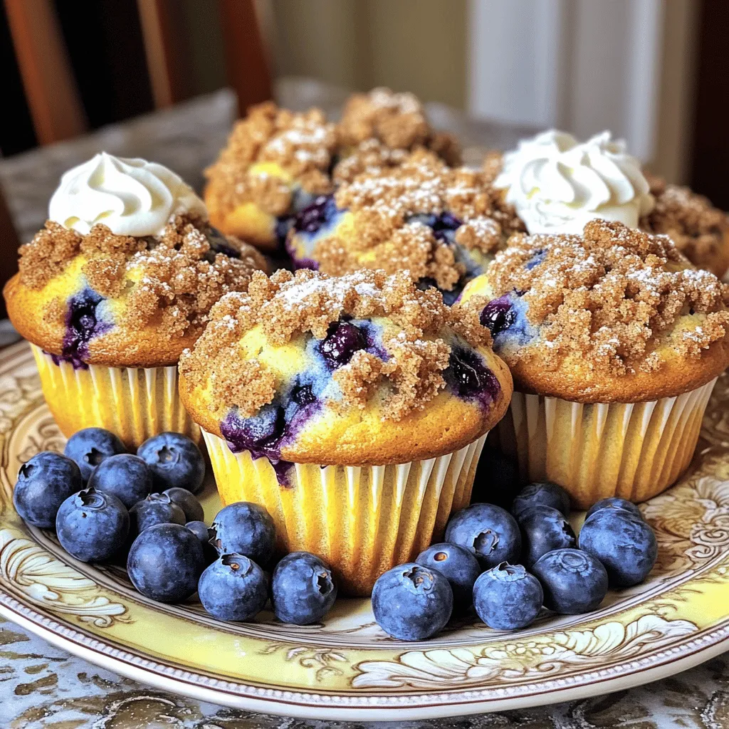 - 1 ½ cups all-purpose flour - ¾ cup granulated sugar - ½ teaspoon baking powder - ½ teaspoon baking soda - ¼ teaspoon salt - ½ cup unsalted butter, melted - 1 large egg - ½ cup plain yogurt (or sour cream) - 1 teaspoon vanilla extract - 1 ½ cups fresh blueberries (or frozen) The base of these muffins is simple. I use all-purpose flour for the right texture. Granulated sugar adds sweetness. Baking powder and baking soda help them rise. Salt balances the flavors. The melted unsalted butter makes the muffins rich and moist. I like to add an egg for binding. Plain yogurt keeps the muffins soft and adds a nice tang. Vanilla extract gives a warm flavor. Finally, blueberries burst with juice when baked. - ½ cup all-purpose flour - ¼ cup brown sugar - ½ teaspoon ground cinnamon - ¼ cup unsalted butter, softened The streusel topping is a game-changer. I mix more flour with brown sugar for sweetness. Ground cinnamon adds warmth and spice. Softened butter binds it all together. When baked, it becomes crunchy and delicious. - Fresh vs frozen blueberries - Alternatives for yogurt (sour cream, dairy-free) You can use fresh or frozen blueberries. Fresh blueberries taste bright and juicy. Frozen blueberries work well too, but they may bleed a bit. For yogurt, you can swap it for sour cream. There are also dairy-free options if you prefer. Almond or coconut yogurt works great and keeps the muffins moist. First, preheat your oven to 375°F (190°C). This step makes sure your muffins bake just right. Next, line your muffin tin with paper liners or grease it lightly. This helps your muffins come out easily after baking. In a large bowl, whisk together 1 ½ cups of all-purpose flour, ¾ cup of granulated sugar, ½ teaspoon baking powder, ½ teaspoon baking soda, and ¼ teaspoon salt. Proper measuring is key for baking. If you add too much or too little, it can change the muffin's texture and taste. In another bowl, mix ½ cup of melted unsalted butter, 1 large egg, ½ cup of plain yogurt, and 1 teaspoon of vanilla extract until smooth. Gradually add this mixture to the dry ingredients. Stir gently until just combined. It’s okay if there are a few lumps. Be sure to fold in 1 ½ cups of blueberries gently. This keeps them whole and juicy. For the streusel, combine ½ cup of flour, ¼ cup of brown sugar, and ½ teaspoon of ground cinnamon in a medium bowl. Cut in ¼ cup of softened butter until the mixture looks like coarse crumbs. This will give your muffins a nice, crunchy top. Sprinkle the streusel generously over each muffin. Now, divide the batter evenly among the muffin cups, filling each about ¾ full. Bake the muffins for 18-22 minutes. To check for doneness, insert a toothpick into the center. If it comes out clean, they are ready. Allow the muffins to cool in the pan for 5 minutes. After that, transfer them to a wire rack to cool completely. This step helps the muffins stay moist and fluffy! To make your muffins fluffy, avoid overmixing the batter. Mix just until the dry and wet ingredients blend. Some lumps are fine. This keeps the muffins light and airy. After baking, cool the muffins for five minutes in the pan. Then, move them to a wire rack. This helps keep them moist. You can switch up the fruit in these muffins. Try raspberries or strawberries for a new twist. You can also add citrus zest. Lemon or orange zest brightens the flavor. Spices like nutmeg or cardamom add warmth and depth. Feel free to get creative with your flavors! For a fun display, arrange the muffins on a colorful plate. Dust them with powdered sugar for a pretty touch. You can serve them with fresh blueberries. A dollop of whipped cream adds a nice treat. This makes your muffins look even more inviting! {{image_2}} You can make gluten-free blueberry streusel muffins easily. Use gluten-free flour like almond, coconut, or a blend. These flours may absorb more liquid, so adjust the wet ingredients. Add a bit more yogurt or milk to keep the batter moist. This way, you still get that tasty muffin without gluten. To make vegan blueberry muffins, swap out eggs and dairy. Use flax eggs instead of real eggs. Just mix 1 tablespoon of ground flaxseed with 2.5 tablespoons of water. Let it sit for a few minutes to thicken. For dairy, use almond milk or soy yogurt. For the streusel topping, use coconut oil instead of butter. It will still be crumbly and delicious. You can add seasonal flavors to your muffins for fun. Try pumpkin spice in fall for a cozy twist. Just mix in some pumpkin puree and pumpkin spice. For the winter holidays, add cinnamon or nutmeg to give a festive taste. You can make your muffins fit the season with these simple changes. To keep your blueberry streusel muffins fresh, store them in an airtight container. This prevents moisture from getting in and helps keep them soft. You can also use resealable bags if you do not have a container. Just make sure to remove as much air as possible before sealing. Place them at room temperature for short-term storage. If you plan to keep them longer, freezing is a great option. To freeze your muffins, first, let them cool completely. Then, wrap each muffin in plastic wrap. Place the wrapped muffins in a freezer-safe bag or container. Label the bag with the date. When you want to enjoy them, take out a muffin and let it thaw at room temperature. For the best texture, you can also warm them in the oven for a few minutes. Blueberry streusel muffins stay fresh for about 2-3 days at room temperature. If you refrigerate them, they can last up to a week. However, you may notice they dry out a bit faster. Look for signs of spoilage, like mold or an off smell, before eating. If they feel hard or dry, it's best to toss them. Blueberry streusel muffins can last for about 3 to 5 days when stored properly. - Room Temperature: Keep them in an airtight container for up to 3 days. - Refrigerator: They can stay fresh for about a week in the fridge. - Freezer: For longer storage, freeze muffins for up to 3 months. Yes, you can use frozen blueberries in this recipe. They work well and save time. - Taste: The muffins still taste great. Frozen blueberries provide a burst of flavor. - Texture: They may make the batter slightly wetter. Just be gentle when folding them in. If you don’t have yogurt, you can use other options. - Sour Cream: This is a good substitute with a similar texture. - Dairy-Free Options: Use almond milk yogurt or coconut yogurt for a non-dairy choice. Yes, you can make mini muffins easily. Just adjust the baking time. - Baking Time: Bake mini muffins for about 10 to 15 minutes. - Quantities: This recipe can yield around 24 mini muffins. Making blueberry streusel muffins is simple and fun. We explored key ingredients like flour, butter, and yogurt, along with a tasty streusel topping. You learned step-by-step methods for mixing and baking, plus tips for the best texture. Don’t forget variations, like gluten-free and vegan options, to suit your needs. Store muffins properly to keep them fresh longer. Enjoy making these delicious treats, and share them with family and friends! My hope is that you create perfect muffins that bring joy to your kitchen.