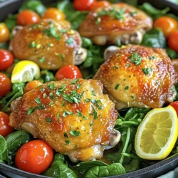 - 4 chicken thighs, bone-in and skin-on - 2 tablespoons olive oil - 1 lemon (zested and juiced) - 4 cloves garlic, minced - 1 teaspoon dried oregano - 1 teaspoon fresh thyme, chopped (or ½ teaspoon dried thyme) - 1 teaspoon rosemary, chopped - Salt and pepper to taste - 1 cup low-sodium chicken broth - 2 cups baby spinach - 1 cup cherry tomatoes, halved - Fresh parsley, chopped (for garnish) Using these simple ingredients, you can create a dish that is packed with flavor. The chicken thighs are the star of the show. They stay juicy and tender, and the skin becomes crispy. The lemon adds brightness, while garlic gives depth. The herbs bring a fresh taste that brightens each bite. With chicken broth, we add a rich base. Spinach and tomatoes add color and nutrients. Plus, they soak up all the tasty juices. Fresh parsley on top gives an appealing finish. Each ingredient plays its part to make this dish truly delightful. 1. Preheating the oven Start by preheating your oven to 400°F (200°C). This step warms the oven, so your chicken cooks evenly. 2. Making the marinade In a large bowl, mix together: - 2 tablespoons olive oil - Zest from 1 lemon - Juice from 1 lemon - 4 cloves garlic, minced - 1 teaspoon dried oregano - 1 teaspoon fresh thyme (or ½ teaspoon dried thyme) - 1 teaspoon rosemary, chopped - Salt and pepper to taste This mix will give your chicken a bright, fresh flavor. 3. Marinating the chicken thighs Add 4 bone-in, skin-on chicken thighs to the bowl. Make sure to coat them well with the marinade. Let them sit for at least 15 minutes. For deeper flavor, you can marinate them in the fridge for up to 2 hours. 1. Searing the chicken thighs Heat a bit of olive oil in a large oven-safe skillet over medium heat. Once hot, place the chicken thighs skin-side down. Sear them for about 5-6 minutes. You want the skin to turn golden brown and crispy. 2. Adding broth and vegetables Carefully flip the chicken thighs over. Pour in 1 cup of low-sodium chicken broth. This adds moisture and flavor. Bring the broth to a simmer, scraping any brown bits from the bottom of the pan. 3. Baking in the oven Add 2 cups of baby spinach and 1 cup of halved cherry tomatoes around the chicken in the skillet. Transfer the skillet to your preheated oven. Bake for 25-30 minutes. The chicken should reach an internal temperature of 165°F (75°C) when done. 1. Resting the chicken Once the chicken is cooked, remove it from the oven. Let it rest for a few minutes. This helps the juices settle, making the chicken juicier. 2. Garnishing and serving suggestions Garnish your dish with fresh parsley. Serve the chicken on a large platter. Spoon the broth and vegetables over the chicken. You can also add lemon wedges for a bit of extra zing. - For the best flavor, marinate the chicken thighs for at least 15 minutes. - You can marinate them for up to 2 hours in the fridge for a deeper taste. - Add a splash of white wine or a teaspoon of honey for extra flavor. - To get crispy skin, sear the chicken thighs skin-side down for 5-6 minutes. - Make sure the heat is medium; too high can burn the skin. - Check doneness by using a meat thermometer; it should reach 165°F (75°C). - Serve the chicken on a large platter. Spoon the broth and veggies on top. - Add lemon wedges on the side for a fresh look and extra zest. - Sprinkle fresh parsley over the dish for a pop of color. {{image_2}} You can swap chicken thighs for chicken breasts. Breasts cook faster and are leaner. Just check the cooking time, as they need less time in the oven. You can also use pork or fish. Pork tenderloin pairs well with the lemon and herbs. For fish, try salmon or tilapia. Both will soak up the flavors nicely. Feel free to mix in seasonal vegetables. Carrots, bell peppers, or zucchini add color and taste. You can also use green beans or asparagus for a crunchy side. For a vegetarian option, replace the chicken with hearty veggies like eggplant or mushrooms. Tofu is a great protein choice that absorbs the marinade well. Experiment with different herbs and spices. Basil or parsley can brighten the dish. For a spicy kick, add red pepper flakes. You can also try using different citrus fruits. Lime or orange zest gives a fun twist to the marinade. These swaps make the dish new each time you cook it. Store your One-Pan Lemon Herb Chicken Thighs in an airtight container. This keeps them fresh. You can keep the dish in the fridge for up to 3 days. Make sure to let it cool before sealing. To freeze the chicken, let it cool completely. Place it in a freezer-safe bag or container. Try to remove as much air as possible to avoid freezer burn. You can freeze it for up to 3 months. For thawing, move it to the fridge overnight. If you need it fast, you can use the microwave. Just be sure to use the defrost setting. The best way to reheat is on the stove. Place the chicken in a skillet over medium heat. Add a splash of broth or water to keep it moist. Cover the skillet to heat evenly. You can also use the oven. Preheat it to 350°F (175°C). Place the chicken on a baking sheet covered with foil. This helps keep the chicken juicy. Reheat for about 15-20 minutes. To maintain texture and flavor, avoid high heat. This keeps the chicken tender and delicious. It takes about 25-30 minutes to cook chicken thighs in the oven at 400°F. You want the internal temperature to reach 165°F. This ensures the chicken is safe to eat and juicy. Yes, you can use boneless chicken thighs. They will cook faster, so check them after about 20 minutes. The flavors will still shine through. I love serving this dish with a side of rice or couscous. You can also add a fresh salad or some roasted veggies. They balance well with the chicken's flavors. Yes, you can marinate the chicken a few hours or even a day ahead. Just keep it in the fridge until you are ready to cook. This helps the flavors develop even more. If your chicken thighs are not crispy, make sure to sear them well in the pan. Use medium-high heat and do not crowd the pan. You can also broil them for a few minutes at the end for extra crispiness. This blog post outlines how to make One-Pan Lemon Herb Chicken Thighs. You learned about essential ingredients, step-by-step cooking instructions, and handy tips. Plus, I shared flavor variations and storage tips for leftovers. Cooking this dish is simple and satisfying. It shines at the dinner table and is perfect for meal prep. Enjoy exploring your cooking skills and making this healthy meal your own. You’re now ready to impress with great flavors and easy methods!