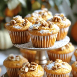 - 1 cup canned pumpkin puree - 1/2 cup granulated sugar - 1/2 cup brown sugar, packed - 1/3 cup vegetable oil - 2 large eggs - 1 teaspoon vanilla extract - 1 1/2 cups all-purpose flour - 1 teaspoon baking soda - 1 teaspoon baking powder - 1 teaspoon ground cinnamon - 1/2 teaspoon ground nutmeg - 1/4 teaspoon salt - 1/2 cup chopped walnuts or pecans (optional) Canned pumpkin puree is rich in vitamins. It has vitamin A, which is good for your eyes. It also has fiber, which helps digestion. Sugar adds sweetness and helps muffins rise. Vegetable oil keeps the muffins moist and soft. Eggs bind the ingredients and add protein. Cinnamon and nutmeg give warm flavors that make each bite cozy. Walnuts or pecans add crunch and healthy fats. You can swap canned pumpkin with fresh pumpkin puree. Just cook and mash the pumpkin first. If you need to cut sugar, use half the amount or try a sugar substitute. For oil, you can use applesauce to lower the fat. If you want to skip eggs, use flaxseed meal mixed with water. This works well in muffins and keeps them moist. 1. Preheat your oven to 350°F (175°C). Line a muffin tin with paper liners or grease it lightly. 2. In a large bowl, mix 1 cup of canned pumpkin puree, 1/2 cup of granulated sugar, 1/2 cup of brown sugar, 1/3 cup of vegetable oil, 2 large eggs, and 1 teaspoon of vanilla extract. Stir well until combined. 3. In another bowl, whisk together 1 1/2 cups of all-purpose flour, 1 teaspoon of baking soda, 1 teaspoon of baking powder, 1 teaspoon of ground cinnamon, 1/2 teaspoon of ground nutmeg, and 1/4 teaspoon of salt. 4. Gradually add the dry mix to the pumpkin mixture. Stir gently until just combined. Avoid overmixing! 5. If you like, fold in 1/2 cup of chopped walnuts or pecans for some crunch. 6. Divide the batter evenly among the muffin cups, filling each about 2/3 full. 7. Bake the muffins for 18-20 minutes. Check for doneness by inserting a toothpick into the center. It should come out clean. 8. Keep an eye on the muffins. Ovens can vary, so adjust baking time if needed. 9. Let the muffins cool in the pan for 5 minutes. Then, transfer them to a wire rack to cool completely. 10. For a nice touch, serve the muffins warm, dusted with powdered sugar. Stack them on a tiered stand. You can add a small sprig of mint on top for color and freshness. Overmixing can ruin your muffins. Mix the wet and dry ingredients until just combined. A few lumps are okay. This keeps the muffins fluffy and light. If you overmix, you may end up with tough muffins. Remember, gentle hands make happy muffins! For a great muffin texture, fill each cup about two-thirds full. This allows room for rising. Use room temperature eggs and oil to ensure a smooth batter. Also, make sure your baking powder and baking soda are fresh. Old leavening agents can lead to flat muffins. Want to boost the flavor? Add spices like ginger or cloves for warmth. You can also mix in chocolate chips or dried fruit. If you like nuts, fold in walnuts or pecans for crunch. For a sweet touch, sprinkle sugar on top before baking. These small changes can make your muffins pop! {{image_2}} You can easily make gluten-free pumpkin muffins. Start with a gluten-free flour blend. Look for a mix that includes xanthan gum. This helps create a nice texture. Use the same amount of gluten-free flour as regular flour. The rest of the recipe stays the same. These muffins will be just as moist and tasty! To make vegan pumpkin muffins, swap the eggs with applesauce. Use 1/4 cup of applesauce for each egg. Replace the vegetable oil with coconut oil for a rich flavor. You can also use a plant-based milk instead of regular milk. Almond or oat milk works well. These adjustments keep the muffins soft and delicious! You can make your pumpkin muffins unique with fun add-ins. Try adding chocolate chips for a sweet twist. Dried cranberries or raisins add a chewy texture. For a nutty crunch, fold in walnuts or pecans. You can also sprinkle in some coconut flakes. Each mix gives your muffins a new flavor adventure! Once your muffins cool, place them in an airtight container. This keeps them fresh. You can store them at room temperature for up to three days. If you want them to last longer, move them to the fridge. They will stay good for about a week. Freezing muffins is a great way to save them for later. First, allow the muffins to cool completely. Then, wrap each muffin in plastic wrap. After that, place them in a freezer-safe bag. You can freeze them for up to three months. When you are ready to eat them, just take out what you need. To reheat your muffins, you have a few options. If you want a quick method, use the microwave. Heat them for about 15-20 seconds. If you prefer the oven, preheat it to 350°F (175°C). Bake the muffins for about 10 minutes. This makes them warm and tasty again. Enjoy your delicious pumpkin muffins! Pumpkin muffins can last for about 3 to 5 days when stored properly. Keep them in an airtight container at room temperature. If you want them to last longer, you can store them in the fridge for up to a week. For best taste, enjoy them fresh! Yes, you can use fresh pumpkin instead of canned. First, you need to cook and puree the pumpkin. Cut the pumpkin in half, remove the seeds, and roast it at 350°F (175°C) until soft. After that, scoop out the flesh and blend it until smooth. Use the same amount as the canned puree in the recipe. There are great substitutes for eggs in muffin recipes. You can use 1/4 cup of unsweetened applesauce or mashed banana for each egg. Flaxseed meal is another option. Mix 1 tablespoon of flaxseed meal with 2.5 tablespoons of water and let it sit for a few minutes. This mixture acts like an egg in baking! You learned about key ingredients for pumpkin muffins and their benefits. We discussed preparation steps and baking tips to ensure success. I shared storage info and common questions to make baking easier. Remember, you can customize your muffins with flavors and substitutes. Enjoy the process and have fun baking. Each muffin can be a new favorite treat.